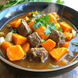 - 1.5 lbs beef stew meat, cut into 1-inch cubes - 2 medium sweet potatoes, peeled and diced - 3 carrots, sliced - 1 medium onion, chopped - 3 cloves garlic, minced - 4 cups beef broth - 1 tablespoon tomato paste - 1 teaspoon dried thyme - 1 teaspoon dried rosemary - 1 teaspoon smoked paprika - 2 bay leaves - Salt and pepper to taste - 1 tablespoon olive oil - Fresh parsley, chopped (for garnish) You can swap beef stew meat for chuck roast. It works well and is tender. If you want a different flavor, try using chicken or pork. For sweet potatoes, you can use regular potatoes or butternut squash. Carrots can be replaced with parsnips if you like. You can also use vegetable broth instead of beef broth for a lighter taste. If you don&rsquo;t have fresh herbs, dried ones are fine too. This stew is not just tasty; it's good for you too! Each serving has about 300 calories. It has protein from the beef, fiber from the sweet potatoes and carrots, and vitamins from the veggies. The healthy fats in olive oil help your body absorb nutrients. It&rsquo;s a balanced meal that warms you up and fills you up. Start by cutting 1.5 pounds of beef stew meat into 1-inch cubes. This size helps the beef cook evenly. Season the beef well with salt and pepper. Heat 1 tablespoon of olive oil in a skillet over medium-high heat. Add the beef cubes to the hot oil. Sear them for about 5 to 7 minutes. Turn them so they brown on all sides. This step adds a rich flavor to the stew. Once browned, transfer the beef to your slow cooker. In the same skillet, add the chopped onion and minced garlic. Saut&eacute; these for about 2 to 3 minutes until they soften and smell great. This step builds a base of flavor. After that, transfer this mixture to the slow cooker. This way, all those delicious juices join the beef. Now it&rsquo;s time to add the rest of the ingredients. Into the slow cooker, add 2 diced sweet potatoes and 3 sliced carrots. Pour in 4 cups of beef broth and mix in 1 tablespoon of tomato paste. Then, add 1 teaspoon of dried thyme, 1 teaspoon of dried rosemary, and 1 teaspoon of smoked paprika. Toss in 2 bay leaves for extra flavor. Stir everything until well combined. This mix of ingredients creates a hearty stew. Cover the slow cooker and set it to cook. You can choose between two settings. For low heat, cook for 6 to 8 hours. If you&rsquo;re short on time, set it to high and cook for 3 to 4 hours. The beef will be tender and the veggies will be perfectly cooked. Check your stew near the end. Adjust the seasoning with salt and pepper as needed. Enjoy the cozy aroma filling your kitchen! To boost the flavor of your stew, sear the beef first. Searing locks in juices and adds a rich taste. Use fresh herbs like thyme and rosemary for a bright aroma. Smoked paprika gives a nice depth, so don&rsquo;t skip it! Adding tomato paste rounds out the flavors. For a kick, toss in a pinch of red pepper flakes. For the best beef, choose meat with some fat. Fat adds flavor and keeps the beef moist. Cut the beef into 1-inch cubes for even cooking. Searing the beef before slow cooking makes it tender. Cook on low for a longer time, 6-8 hours. This slow method helps break down tough fibers. Serve the stew hot, garnished with fresh parsley for color. This stew goes well with crusty bread or a green salad. A glass of red wine pairs nicely too. If you want a complete meal, add some roasted Brussels sprouts or steamed green beans on the side. Enjoy every bite! {{image_2}} You can boost the flavor and nutrition of your stew. Try adding green beans, peas, or bell peppers. Just chop them into small pieces. Add these veggies to the slow cooker with the sweet potatoes and carrots. They will cook well and add nice colors. Not all cuts of beef are the same. You can use chuck roast, brisket, or round steak. Each cut gives a different taste and texture. Chuck roast is my favorite. It becomes very tender and juicy after slow cooking. Just cut the beef into one-inch cubes before cooking. To make this stew gluten-free, use gluten-free beef broth. It tastes just as good. If you want a low-carb option, you can swap sweet potatoes with cauliflower. This change keeps the dish hearty and satisfying while lowering the carbs. You will still enjoy a rich flavor! Store leftover stew in an airtight container. Place it in the fridge within two hours of cooking. The stew stays fresh for up to three days. Always check for any off smells before eating. To freeze, let the stew cool completely. Use freezer-safe containers or bags. Make sure to leave some space for expansion. The stew can last up to three months in the freezer. Label the containers with the date for easy tracking. When you&rsquo;re ready to eat, thaw the stew overnight in the fridge if frozen. Heat it on the stove over low heat, stirring often. You can also use a microwave. Heat it in short bursts, stirring in between. Check the temperature before serving to ensure it&rsquo;s hot throughout. Yes, you can use frozen beef. Just make sure to thaw it first. This helps the beef cook evenly. Searing the beef before adding it to the slow cooker adds great flavor. If you add beef straight from the freezer, it may not brown well. Leftover stew lasts about 3 to 4 days in the fridge. Store it in an airtight container to keep it fresh. If you want to keep it longer, freeze it. Frozen stew can last up to 3 months. Yes, you can! Use the saut&eacute; function to brown the beef and veggies. After that, add all the ingredients. Set it to cook on high pressure for about 35 minutes. Let it naturally release for 10 minutes before you open the lid. Serve this stew with crusty bread or warm rolls. They soak up the delicious broth. A simple green salad or steamed veggies make a great side too. You could also try rice or mashed potatoes for a heartier meal. This blog post covered all the key parts of making a tasty beef stew. We looked at the best ingredients, plus how to swap them if needed. I shared cooking steps and provided tips for great flavor and tender meat. We explored variations to fit dietary needs and shared storage tips to keep your stew fresh. In the end, beef stew can be simple and fun. You get to enjoy it your way. Happy cooking!
