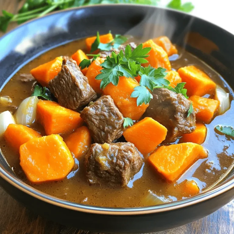 - 1.5 lbs beef stew meat, cut into 1-inch cubes - 2 medium sweet potatoes, peeled and diced - 3 carrots, sliced - 1 medium onion, chopped - 3 cloves garlic, minced - 4 cups beef broth - 1 tablespoon tomato paste - 1 teaspoon dried thyme - 1 teaspoon dried rosemary - 1 teaspoon smoked paprika - 2 bay leaves - Salt and pepper to taste - 1 tablespoon olive oil - Fresh parsley, chopped (for garnish) You can swap beef stew meat for chuck roast. It works well and is tender. If you want a different flavor, try using chicken or pork. For sweet potatoes, you can use regular potatoes or butternut squash. Carrots can be replaced with parsnips if you like. You can also use vegetable broth instead of beef broth for a lighter taste. If you don’t have fresh herbs, dried ones are fine too. This stew is not just tasty; it's good for you too! Each serving has about 300 calories. It has protein from the beef, fiber from the sweet potatoes and carrots, and vitamins from the veggies. The healthy fats in olive oil help your body absorb nutrients. It’s a balanced meal that warms you up and fills you up. Start by cutting 1.5 pounds of beef stew meat into 1-inch cubes. This size helps the beef cook evenly. Season the beef well with salt and pepper. Heat 1 tablespoon of olive oil in a skillet over medium-high heat. Add the beef cubes to the hot oil. Sear them for about 5 to 7 minutes. Turn them so they brown on all sides. This step adds a rich flavor to the stew. Once browned, transfer the beef to your slow cooker. In the same skillet, add the chopped onion and minced garlic. Sauté these for about 2 to 3 minutes until they soften and smell great. This step builds a base of flavor. After that, transfer this mixture to the slow cooker. This way, all those delicious juices join the beef. Now it’s time to add the rest of the ingredients. Into the slow cooker, add 2 diced sweet potatoes and 3 sliced carrots. Pour in 4 cups of beef broth and mix in 1 tablespoon of tomato paste. Then, add 1 teaspoon of dried thyme, 1 teaspoon of dried rosemary, and 1 teaspoon of smoked paprika. Toss in 2 bay leaves for extra flavor. Stir everything until well combined. This mix of ingredients creates a hearty stew. Cover the slow cooker and set it to cook. You can choose between two settings. For low heat, cook for 6 to 8 hours. If you’re short on time, set it to high and cook for 3 to 4 hours. The beef will be tender and the veggies will be perfectly cooked. Check your stew near the end. Adjust the seasoning with salt and pepper as needed. Enjoy the cozy aroma filling your kitchen! To boost the flavor of your stew, sear the beef first. Searing locks in juices and adds a rich taste. Use fresh herbs like thyme and rosemary for a bright aroma. Smoked paprika gives a nice depth, so don’t skip it! Adding tomato paste rounds out the flavors. For a kick, toss in a pinch of red pepper flakes. For the best beef, choose meat with some fat. Fat adds flavor and keeps the beef moist. Cut the beef into 1-inch cubes for even cooking. Searing the beef before slow cooking makes it tender. Cook on low for a longer time, 6-8 hours. This slow method helps break down tough fibers. Serve the stew hot, garnished with fresh parsley for color. This stew goes well with crusty bread or a green salad. A glass of red wine pairs nicely too. If you want a complete meal, add some roasted Brussels sprouts or steamed green beans on the side. Enjoy every bite! {{image_2}} You can boost the flavor and nutrition of your stew. Try adding green beans, peas, or bell peppers. Just chop them into small pieces. Add these veggies to the slow cooker with the sweet potatoes and carrots. They will cook well and add nice colors. Not all cuts of beef are the same. You can use chuck roast, brisket, or round steak. Each cut gives a different taste and texture. Chuck roast is my favorite. It becomes very tender and juicy after slow cooking. Just cut the beef into one-inch cubes before cooking. To make this stew gluten-free, use gluten-free beef broth. It tastes just as good. If you want a low-carb option, you can swap sweet potatoes with cauliflower. This change keeps the dish hearty and satisfying while lowering the carbs. You will still enjoy a rich flavor! Store leftover stew in an airtight container. Place it in the fridge within two hours of cooking. The stew stays fresh for up to three days. Always check for any off smells before eating. To freeze, let the stew cool completely. Use freezer-safe containers or bags. Make sure to leave some space for expansion. The stew can last up to three months in the freezer. Label the containers with the date for easy tracking. When you’re ready to eat, thaw the stew overnight in the fridge if frozen. Heat it on the stove over low heat, stirring often. You can also use a microwave. Heat it in short bursts, stirring in between. Check the temperature before serving to ensure it’s hot throughout. Yes, you can use frozen beef. Just make sure to thaw it first. This helps the beef cook evenly. Searing the beef before adding it to the slow cooker adds great flavor. If you add beef straight from the freezer, it may not brown well. Leftover stew lasts about 3 to 4 days in the fridge. Store it in an airtight container to keep it fresh. If you want to keep it longer, freeze it. Frozen stew can last up to 3 months. Yes, you can! Use the sauté function to brown the beef and veggies. After that, add all the ingredients. Set it to cook on high pressure for about 35 minutes. Let it naturally release for 10 minutes before you open the lid. Serve this stew with crusty bread or warm rolls. They soak up the delicious broth. A simple green salad or steamed veggies make a great side too. You could also try rice or mashed potatoes for a heartier meal. This blog post covered all the key parts of making a tasty beef stew. We looked at the best ingredients, plus how to swap them if needed. I shared cooking steps and provided tips for great flavor and tender meat. We explored variations to fit dietary needs and shared storage tips to keep your stew fresh. In the end, beef stew can be simple and fun. You get to enjoy it your way. Happy cooking!