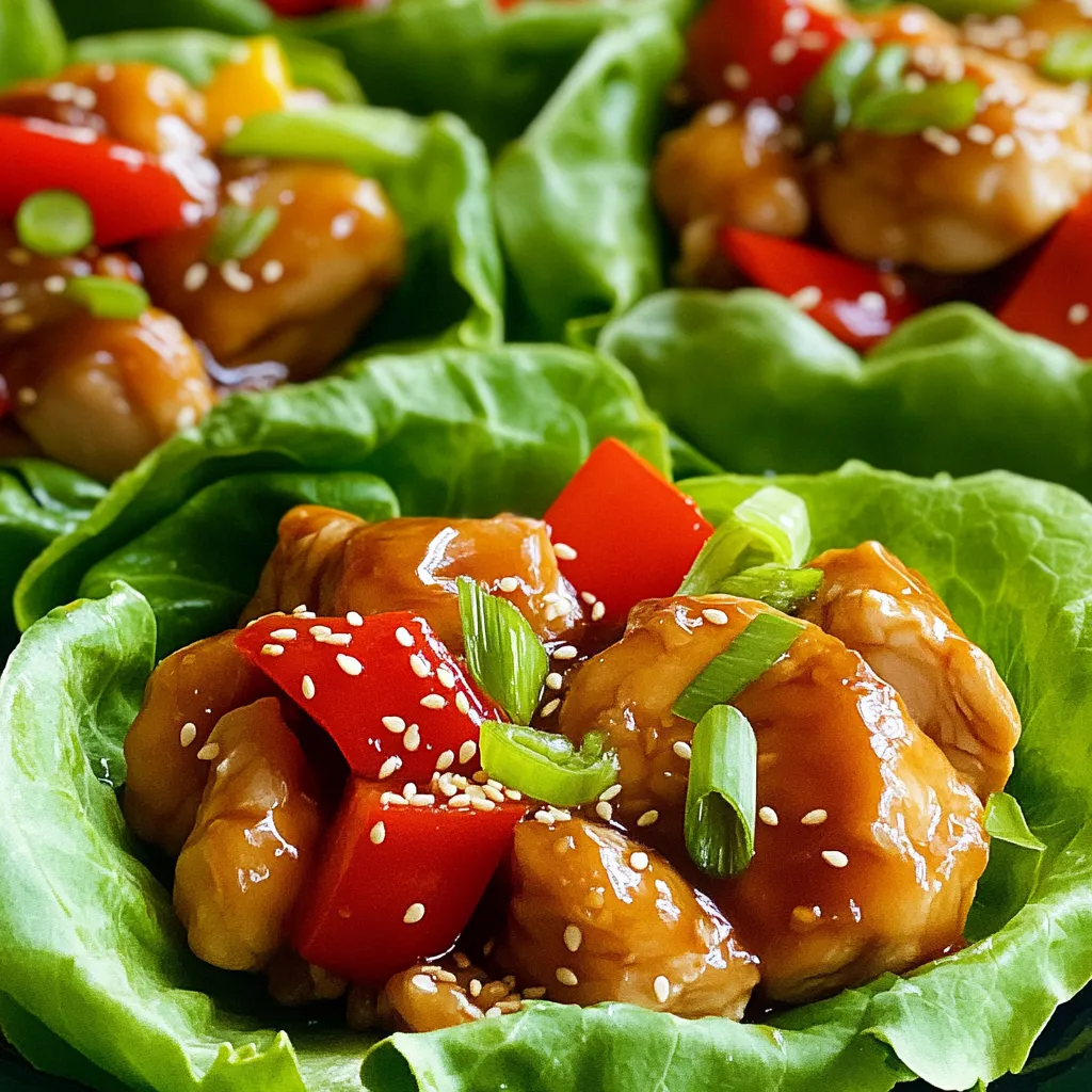 - 1 lb boneless, skinless chicken thighs, diced - 1/4 cup teriyaki sauce (store-bought or homemade) - 1 tablespoon sesame oil For my teriyaki chicken lettuce wraps, I always choose chicken thighs. They stay juicy and tender. I love using teriyaki sauce because it adds a sweet and savory taste. You can buy it or make your own. Sesame oil gives a rich, nutty flavor that makes this dish pop. - 1 tablespoon fresh ginger, grated - 2 cloves garlic, minced - 1 red bell pepper, finely diced - 1 cup shredded carrots - 1/4 cup water chestnuts, chopped - 2 green onions, thinly sliced Fresh ginger and garlic bring a bright kick. They add warmth and depth to the dish. I use red bell pepper for its sweetness and color. Shredded carrots not only add crunch but also a hint of sweetness. Water chestnuts provide a nice bite. Green onions give a fresh finish and a pop of color. - 1 head of butter lettuce, leaves separated - Optional sesame seeds for garnish Butter lettuce is my go-to choice for wraps. Its soft leaves hold the filling well. You can sprinkle sesame seeds on top for extra crunch and flavor. This simple addition makes the wraps even more enjoyable. First, heat sesame oil in a skillet over medium heat. This oil adds a nice nutty flavor. Next, add diced chicken thighs to the skillet. Cook them for about 6-8 minutes. You want them to be browned and cooked through. Browning the chicken gives it a great taste and texture. When they are golden, you know you did it right! Now it’s time to bring in some bold flavors. Stir in grated ginger and minced garlic. Cook these for just 1-2 minutes. You will love the smell! Then, pour teriyaki sauce over the chicken. Stir until everything is coated evenly. Add diced red bell pepper, shredded carrots, and chopped water chestnuts. Cook this mix for another 3-5 minutes. You want the veggies to soften but still be crisp. Once everything is cooked, remove the skillet from heat. Fold in the sliced green onions for a fresh crunch. To serve, take a lettuce leaf and spoon 2-3 tablespoons of the chicken mix into the center. Wrap it up like a burrito. Optional: sprinkle sesame seeds on top for extra crunch and flavor. Enjoy your tasty meal! To get the best flavor, pick a teriyaki sauce that you love. Look for a sauce with a balance of sweet and salty. If you have time, try making your own sauce. Use soy sauce, sugar, and mirin for a simple version. For cooking chicken, use boneless, skinless thighs. They stay juicy and tender. Cut the chicken into small pieces for even cooking. Sauté them in sesame oil until they brown. This takes about 6-8 minutes. Add grated ginger and minced garlic for extra flavor. Cook them for 1-2 minutes until you smell their aroma. To save time, prep your chicken and veggies ahead. Dice your chicken and chop your veggies the night before. Store them in the fridge. This way, you can cook quickly the next day. You can also use store-bought teriyaki sauce. This cuts down on prep time. If you're short on time, buy pre-diced chicken and mixed veggies. This makes the process fast and easy. To make this dish healthier, look for low-sodium teriyaki sauce. This option cuts down on salt but keeps the taste. You can also swap out the chicken for turkey or tofu. Both options work well and add different flavors. If you need to avoid certain foods, make substitutions. Use lettuce or cabbage for wraps. You can also add more veggies like zucchini or mushrooms. These changes keep the dish tasty and fit your needs. {{image_2}} You can switch up the protein in your teriyaki chicken lettuce wraps. Turkey works well. It has a similar texture and is leaner. Tofu is a great option too. It soaks up flavors nicely. For a vegetarian meal, use tempeh or seitan. They both give a hearty feel without meat. Don’t be afraid to mix in different vegetables! You can add mushrooms, snap peas, or zucchini. Each veggie brings its own taste. You can also use seasonal veggies. In summer, try adding fresh corn. In fall, consider using butternut squash. These changes keep the dish exciting. Want to spice things up? Add some chili paste for a kick. You can also try a Thai twist with peanut sauce. This adds a nutty flavor that pairs well. If you want something different, swap out teriyaki sauce. Use hoisin or sweet chili sauce instead. These options bring new tastes to your wraps. To store your teriyaki chicken lettuce wraps in the fridge, first, let them cool down. Place the chicken mixture in an airtight container. Keep the lettuce leaves separate to stay crisp. You can store them together if you plan to eat them soon. They will stay fresh for about 3 to 4 days. For longer storage, consider freezing the chicken mixture. Use a freezer-safe bag or container. Remove as much air as possible to avoid freezer burn. This way, you can keep it for up to 3 months. To reheat your chicken mixture, use a skillet over medium heat. This method helps keep the chicken juicy and avoids sogginess. Stir it gently until heated through. For the lettuce leaves, do not reheat them. Instead, use fresh leaves for wrapping. This keeps the wraps crunchy and enjoyable. Leftovers can last in the fridge for about 3 to 4 days. If you freeze them, they will stay good for about 3 months. Signs of spoilage include a bad smell or a change in color. If you see any mold, throw it away. Always trust your senses; if it doesn’t look or smell right, don’t eat it. Yes, you can! Making teriyaki sauce at home is simple and fun. Here’s a quick recipe: - 1/4 cup soy sauce - 1 tablespoon rice vinegar - 2 tablespoons honey or brown sugar - 1 teaspoon sesame oil - 1 teaspoon cornstarch mixed with 1 tablespoon water (for thickening) Mix the soy sauce, rice vinegar, honey, and sesame oil in a small pot. Heat it until it simmers. Then, add the cornstarch mix to thicken. Stir until smooth. If you want a change from lettuce wraps, try these options: - Collard greens - Cabbage leaves - Rice paper wraps You can also serve the chicken mixture in bowls with rice or quinoa. This way, you still enjoy the flavors without the wraps. To make this recipe gluten-free, swap out the soy sauce. Use tamari, which is a gluten-free soy sauce. - Check brands like San-J or Kikkoman's gluten-free line. - Make sure your teriyaki sauce is also gluten-free. Enjoy your tasty teriyaki chicken without worry! In this post, we explored how to make teriyaki chicken lettuce wraps. We covered key ingredients like chicken thighs and fresh veggies. I shared cooking tips for perfect flavor and texture. You now have ideas for quick meals and tasty variations. These wraps are easy to make and fun to customize. Remember, you can use leftovers creatively, too. Enjoy making this dish your own, and keep experimenting with flavors. Simple meals like these can really impress!