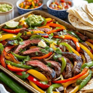 - 1 pound flank steak, sliced into thin strips - 1 red bell pepper, sliced - 1 green bell pepper, sliced - 1 yellow onion, sliced - 4 cloves garlic, minced - 1 tablespoon smoked paprika - 1 teaspoon cumin - 1 teaspoon chili powder - 1/2 teaspoon black pepper - 1/4 teaspoon salt The main star of this dish is the flank steak. This cut gives you a great flavor and tenderness when cooked right. Slicing it thin helps it cook evenly. The bell peppers and onions add sweetness and crunch. The garlic and spices bring depth to the dish. - 1/4 cup unsalted butter, melted - 2 tablespoons olive oil - Juice of 1 lime - Fresh cilantro, chopped, for garnish - Tortillas, for serving The melted butter adds richness. Olive oil helps with cooking and flavor. Lime juice brightens the dish. Fresh cilantro makes a lovely garnish. Don't forget the tortillas! They hold everything together for a perfect bite. 1. Preheat your oven to 400&deg;F (200&deg;C). This helps cook the fajitas evenly. 2. Line a large sheet pan with parchment paper. This makes cleanup easier. 3. In a large bowl, combine the sliced flank steak, red bell pepper, green bell pepper, and onion. Make sure the pieces are in small, thin strips for even cooking. 1. In a separate bowl, create your garlic butter spice mix. Combine minced garlic, smoked paprika, cumin, chili powder, black pepper, salt, melted butter, olive oil, and lime juice. 2. Coat the steak and veggies evenly with this mixture. This is key for great flavor. Pour the mix over the meat and veggies, then stir well. 1. Spread the mixture evenly on the prepared sheet pan. Ensure everything is in a single layer. This helps everything cook well. 2. Roast in the oven for about 15 to 20 minutes. Stir halfway through to promote even cooking. 3. Check the steak for doneness. It should be cooked to your liking. The veggies should be tender and slightly caramelized. 4. Remove the pan from the oven and let it cool for a couple of minutes. This helps keep the flavors locked in. 5. Serve the fajita mixture on warm tortillas. Top with fresh cilantro for an extra pop of flavor. To get the best steak fajitas, start with the flank steak. Slice it against the grain. This keeps the meat tender. Aim for thin strips, about 1/4 inch thick. Thinner slices cook faster and are easier to chew. For the veggies, use a mix of peppers and onions. Cut them into strips that match the steak. This helps everything cook evenly. Roast them until they are tender and slightly caramelized. This way, they bring out the best flavor. Want to add more flavor? Try extra spices like cayenne for heat or oregano for depth. You can also use a marinade for added taste. Let the steak and veggies sit in the marinade for at least 30 minutes. This helps the flavors soak in well. A simple mix of olive oil, lime juice, and spices works great. Just remember to coat everything evenly. This will make each bite bursting with flavor. When it's time to serve, warm your tortillas. You can wrap them in foil and place them in the oven for a few minutes. This keeps them soft and pliable. For the best experience, lay the fajita mixture on a large platter. Add bowls of salsa and guacamole on the side. This allows everyone to customize their tortillas. Fresh cilantro adds a pop of color and flavor. Enjoy your meal! {{image_2}} You can switch up the protein in your fajitas. Chicken or shrimp work great here. Both options cook quickly and absorb flavors well. For a vegetarian twist, try portobello mushrooms or tofu. These options give you a hearty meal while keeping it plant-based. They also soak up the garlic butter and spices nicely. Want to spice things up? Add some jalape&ntilde;os for heat. They will give your fajitas a nice kick. You can also change the seasoning for a Southwestern style. Try adding taco seasoning or smoked chipotle for a deeper flavor. Each option opens a new taste experience. Feel free to experiment with the veggies. Zucchini and corn add a fresh touch. You can also use seasonal vegetables like asparagus in spring or butternut squash in fall. Mixing different veggies keeps the dish exciting and colorful. Each vegetable brings a unique flavor and texture. To keep your fajitas fresh, use airtight containers. Glass or plastic containers work well. Store them in the fridge. Fajitas can last about three days. If you want them to last longer, consider freezing. To reheat without drying out, use the oven or stovetop. Place the fajitas in a pan over low heat. Add a splash of water or broth to keep them moist. Cover with a lid to trap steam. You can freeze the fajitas too. Just make sure to wrap them tightly in plastic wrap or foil. Store them in a freezer-safe bag. Fajitas can last up to three months in the freezer. You can check flank steak doneness with a meat thermometer. For medium-rare, aim for 130&deg;F (54&deg;C). For medium, go for 140&deg;F (60&deg;C). Cut into the steak to see if it is pink in the middle. The meat should be tender and juicy. If it is too firm, it may be overcooked. Rest the steak for a few minutes before slicing to keep it juicy. Yes, you can prep this dish in advance. Slice the steak and veggies. Mix the marinade and coat everything. Store it in the fridge for up to 24 hours. When ready to cook, let it sit at room temperature for about 15 minutes. This helps the steak cook evenly. Then, just pop it in the oven! Steak fajitas go great with many sides. Here are some ideas: - Spanish rice - Refried beans - Fresh guacamole - Corn on the cob - A simple green salad These sides add flavor and balance to your meal. You can mix and match based on your taste! In this post, we explored the key ingredients for making tasty sheet-pan garlic butter steak fajitas. We detailed how to prepare and cook them step by step. I shared tips to perfect your fajitas, including ways to enhance flavors and serve them well. With variations for different proteins and veggies, there&rsquo;s a fajita for everyone. Remember, proper storage keeps leftovers fresh. Enjoy cooking, experimenting, and savoring these delicious flavors in every bite!