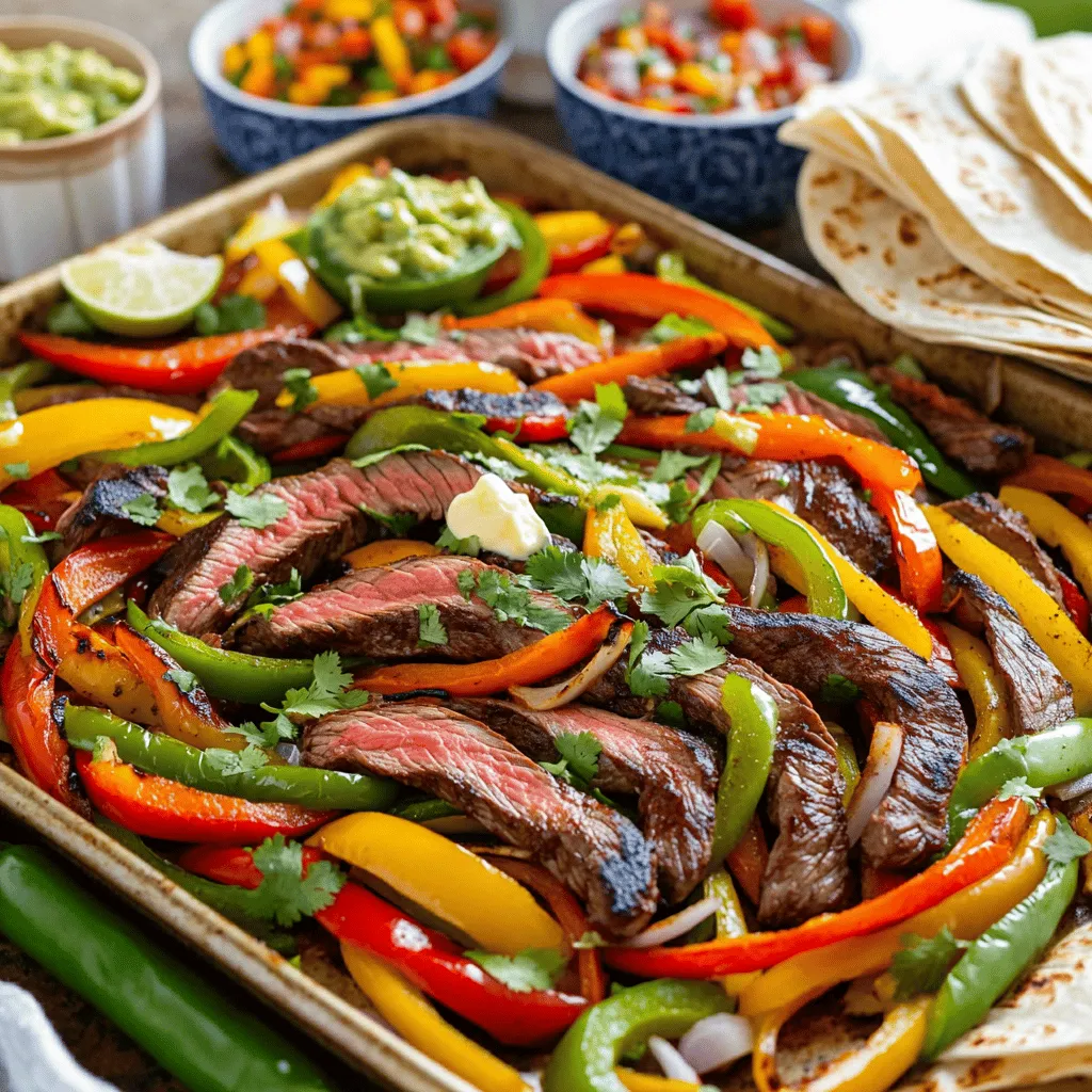 - 1 pound flank steak, sliced into thin strips - 1 red bell pepper, sliced - 1 green bell pepper, sliced - 1 yellow onion, sliced - 4 cloves garlic, minced - 1 tablespoon smoked paprika - 1 teaspoon cumin - 1 teaspoon chili powder - 1/2 teaspoon black pepper - 1/4 teaspoon salt The main star of this dish is the flank steak. This cut gives you a great flavor and tenderness when cooked right. Slicing it thin helps it cook evenly. The bell peppers and onions add sweetness and crunch. The garlic and spices bring depth to the dish. - 1/4 cup unsalted butter, melted - 2 tablespoons olive oil - Juice of 1 lime - Fresh cilantro, chopped, for garnish - Tortillas, for serving The melted butter adds richness. Olive oil helps with cooking and flavor. Lime juice brightens the dish. Fresh cilantro makes a lovely garnish. Don't forget the tortillas! They hold everything together for a perfect bite. 1. Preheat your oven to 400°F (200°C). This helps cook the fajitas evenly. 2. Line a large sheet pan with parchment paper. This makes cleanup easier. 3. In a large bowl, combine the sliced flank steak, red bell pepper, green bell pepper, and onion. Make sure the pieces are in small, thin strips for even cooking. 1. In a separate bowl, create your garlic butter spice mix. Combine minced garlic, smoked paprika, cumin, chili powder, black pepper, salt, melted butter, olive oil, and lime juice. 2. Coat the steak and veggies evenly with this mixture. This is key for great flavor. Pour the mix over the meat and veggies, then stir well. 1. Spread the mixture evenly on the prepared sheet pan. Ensure everything is in a single layer. This helps everything cook well. 2. Roast in the oven for about 15 to 20 minutes. Stir halfway through to promote even cooking. 3. Check the steak for doneness. It should be cooked to your liking. The veggies should be tender and slightly caramelized. 4. Remove the pan from the oven and let it cool for a couple of minutes. This helps keep the flavors locked in. 5. Serve the fajita mixture on warm tortillas. Top with fresh cilantro for an extra pop of flavor. To get the best steak fajitas, start with the flank steak. Slice it against the grain. This keeps the meat tender. Aim for thin strips, about 1/4 inch thick. Thinner slices cook faster and are easier to chew. For the veggies, use a mix of peppers and onions. Cut them into strips that match the steak. This helps everything cook evenly. Roast them until they are tender and slightly caramelized. This way, they bring out the best flavor. Want to add more flavor? Try extra spices like cayenne for heat or oregano for depth. You can also use a marinade for added taste. Let the steak and veggies sit in the marinade for at least 30 minutes. This helps the flavors soak in well. A simple mix of olive oil, lime juice, and spices works great. Just remember to coat everything evenly. This will make each bite bursting with flavor. When it's time to serve, warm your tortillas. You can wrap them in foil and place them in the oven for a few minutes. This keeps them soft and pliable. For the best experience, lay the fajita mixture on a large platter. Add bowls of salsa and guacamole on the side. This allows everyone to customize their tortillas. Fresh cilantro adds a pop of color and flavor. Enjoy your meal! {{image_2}} You can switch up the protein in your fajitas. Chicken or shrimp work great here. Both options cook quickly and absorb flavors well. For a vegetarian twist, try portobello mushrooms or tofu. These options give you a hearty meal while keeping it plant-based. They also soak up the garlic butter and spices nicely. Want to spice things up? Add some jalapeños for heat. They will give your fajitas a nice kick. You can also change the seasoning for a Southwestern style. Try adding taco seasoning or smoked chipotle for a deeper flavor. Each option opens a new taste experience. Feel free to experiment with the veggies. Zucchini and corn add a fresh touch. You can also use seasonal vegetables like asparagus in spring or butternut squash in fall. Mixing different veggies keeps the dish exciting and colorful. Each vegetable brings a unique flavor and texture. To keep your fajitas fresh, use airtight containers. Glass or plastic containers work well. Store them in the fridge. Fajitas can last about three days. If you want them to last longer, consider freezing. To reheat without drying out, use the oven or stovetop. Place the fajitas in a pan over low heat. Add a splash of water or broth to keep them moist. Cover with a lid to trap steam. You can freeze the fajitas too. Just make sure to wrap them tightly in plastic wrap or foil. Store them in a freezer-safe bag. Fajitas can last up to three months in the freezer. You can check flank steak doneness with a meat thermometer. For medium-rare, aim for 130°F (54°C). For medium, go for 140°F (60°C). Cut into the steak to see if it is pink in the middle. The meat should be tender and juicy. If it is too firm, it may be overcooked. Rest the steak for a few minutes before slicing to keep it juicy. Yes, you can prep this dish in advance. Slice the steak and veggies. Mix the marinade and coat everything. Store it in the fridge for up to 24 hours. When ready to cook, let it sit at room temperature for about 15 minutes. This helps the steak cook evenly. Then, just pop it in the oven! Steak fajitas go great with many sides. Here are some ideas: - Spanish rice - Refried beans - Fresh guacamole - Corn on the cob - A simple green salad These sides add flavor and balance to your meal. You can mix and match based on your taste! In this post, we explored the key ingredients for making tasty sheet-pan garlic butter steak fajitas. We detailed how to prepare and cook them step by step. I shared tips to perfect your fajitas, including ways to enhance flavors and serve them well. With variations for different proteins and veggies, there’s a fajita for everyone. Remember, proper storage keeps leftovers fresh. Enjoy cooking, experimenting, and savoring these delicious flavors in every bite!