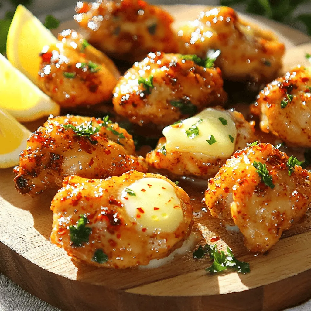 To make garlic butter chicken bites, you need: - 1 lb (450g) boneless, skinless chicken breasts, cut into bite-sized pieces - 4 tablespoons unsalted butter - 4 cloves garlic, minced - 2 tablespoons fresh parsley, chopped - 1 teaspoon dried oregano - 1 teaspoon paprika - Salt and pepper to taste - Juice of 1 lemon These ingredients come together to create a rich and tasty dish. The garlic and butter blend makes the chicken so delicious. The herbs add a fresh touch, and lemon brightens the flavor. You can add a bit of heat with: - 1/4 teaspoon red pepper flakes This optional ingredient gives the dish some spice. If you like heat, try it out! You can swap ingredients if needed. Here are some ideas: - Use chicken thighs instead of breasts for a juicier bite. - Swap fresh parsley for fresh basil or cilantro. - If you don’t have paprika, use smoked paprika for a deeper flavor. These changes can help you use what you have and still enjoy this tasty meal. Start by cutting the chicken breasts into small, bite-sized pieces. Place these pieces in a large bowl. Season the chicken with paprika, oregano, salt, and pepper. Use your hands to toss the chicken until it is well-coated. This step adds great flavor. Next, heat a large skillet over medium heat. Add the unsalted butter and let it melt. Once the butter is melted, add the minced garlic. Sauté the garlic for about 30 seconds until it smells great. Be careful not to let it burn. Increase the heat to medium-high. Now, add the seasoned chicken bites to the skillet. Cook the chicken for 5-7 minutes. Stir occasionally to cook it evenly. The chicken should turn golden brown and be fully cooked. When the chicken is done, squeeze fresh lemon juice over it. Stir well to mix the flavors. Add the chopped parsley and red pepper flakes if you like a bit of heat. Toss everything together until well combined. Remove the skillet from the heat and let it sit for one minute. This helps the chicken absorb all the tasty flavors. Enjoy your garlic butter chicken bites! To get the best chicken bites, cut the chicken into even pieces. This helps them cook evenly. Season the chicken well with salt, pepper, paprika, and oregano. Allow the chicken to sit for a few minutes after seasoning. This lets the flavors soak in better. When cooking, make sure your skillet is hot. This helps to give your chicken a nice golden color. Want to boost the flavor? Add some lemon zest along with the juice. The zest gives a bright taste. You can also try adding more garlic if you love its flavor. For some heat, sprinkle in red pepper flakes. Fresh herbs like thyme or basil can also add depth. If you want a creamier sauce, stir in some heavy cream at the end. Presentation matters, even for simple meals. Serve the chicken bites on a large platter. Garnish with extra parsley for color. Lemon wedges not only look great but add freshness. You can also sprinkle a bit of paprika on top for visual appeal. Serve with toothpicks for easy eating at parties or gatherings. {{image_2}} To give your garlic butter chicken bites some heat, add red pepper flakes. Start with 1/4 teaspoon. This small amount brings a nice kick without overpowering the dish. If you like it spicier, you can add more. You can also try adding hot sauce. Just mix a tablespoon into the garlic butter. This adds flavor and heat at the same time. For a fresh twist, use different herbs. Basil, thyme, or rosemary can change the taste. You can mix in one tablespoon of chopped fresh herbs into the butter. This adds a new layer of flavor. For a more fragrant dish, try adding lemon zest. This will brighten up the chicken bites. To make this dish gluten-free, ensure your chicken broth is gluten-free. Many brands offer gluten-free options. You can also serve these bites with gluten-free sides. Try rice or quinoa to keep it healthy and tasty. Just check the labels to ensure everything is gluten-free. This way, everyone can enjoy these delicious bites! Store your garlic butter chicken bites in an airtight container. Make sure they cool down first. They will stay fresh in the fridge for up to three days. When ready to eat, check for any off smells or changes in texture. To freeze, place the chicken bites in a single layer on a baking sheet. Once frozen, transfer them to a freezer-safe bag. They can last for up to three months in the freezer. Label the bag with the date for easy tracking. To reheat, you can use a skillet or microwave. For the skillet, add a splash of water and heat over low heat. Stir often until warm. If using a microwave, cover the dish to keep moisture in. Heat in short bursts, checking often, until hot. Enjoy your tasty bites without losing flavor! To make garlic butter chicken bites more tender, start by marinating them. Use a mix of lemon juice, olive oil, and salt. Let the chicken sit for at least 30 minutes. This helps break down the meat and adds flavor. Cook carefully over medium heat. Avoid overcooking, which can dry out the chicken. A good rule is to cook until the chicken reaches 165°F. You can also pound the chicken pieces slightly for even cooking. Yes, you can use chicken thighs instead of breasts. Chicken thighs have more fat, which makes them juicier and more flavorful. This change is perfect if you want a richer taste. Just cut the thighs into bite-sized pieces like you would with breasts. Keep an eye on cooking times, as thighs may take a bit longer to cook through. Garlic butter chicken bites pair well with many sides. Here are some ideas: - Steamed vegetables: Broccoli or green beans add color and crunch. - Rice or quinoa: These grains soak up the garlic butter sauce. - Salad: A fresh green salad balances the richness of the chicken. - Pasta: Toss cooked pasta with the chicken for a hearty meal. Feel free to mix and match these sides based on your taste! We covered the key ingredients and steps to make delicious garlic butter chicken bites. You learned about options for different flavors and how to store your leftovers. I shared tips to make your dish pop, showing you how to impress with presentation. With these simple variations, you can enjoy diverse tastes all week. Remember, cooking is about fun and creativity. Now, go and try making these bites for your next meal!