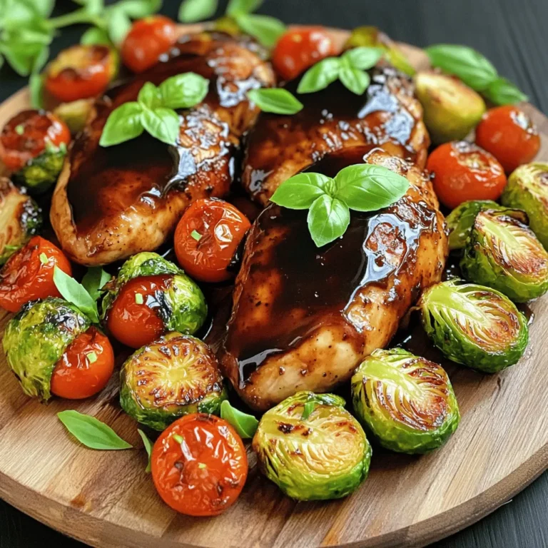 - 4 boneless, skinless chicken breasts - 1 lb Brussels sprouts, halved - 1 cup cherry tomatoes, halved - 1/4 cup balsamic vinegar - 2 tablespoons olive oil - 2 tablespoons honey - 1 teaspoon garlic powder - 1 teaspoon onion powder - Salt and pepper to taste - Fresh basil, for garnish The main ingredients for the Balsamic Chicken & Brussels Sheet Pan make it simple and tasty. First, you need the chicken. It gives the dish its protein. The Brussels sprouts add crunch and nutrition. Cherry tomatoes offer a sweet burst of flavor. For the glaze, balsamic vinegar is key. It brings that tangy taste we love. Olive oil helps the glaze stick. Honey adds sweetness to balance the vinegar. This mix makes your chicken juicy and the veggies vibrant. To spice things up, garlic and onion powders are must-haves. They give depth to the flavor. Season with salt and pepper to taste. Finally, don’t forget fresh basil! It adds a lovely aroma and color. With these ingredients, you are set for a delicious, easy meal. Each bite bursts with flavor! - Preheat your oven to 400°F (200°C). - In a bowl, whisk together the balsamic vinegar, olive oil, honey, garlic powder, onion powder, salt, and pepper. This creates a tasty glaze. - Place the chicken breasts on a large sheet pan, leaving space between them. - Drizzle half of the balsamic glaze over the chicken. Make sure each piece is coated well. - In another bowl, toss the halved Brussels sprouts and cherry tomatoes with the other half of the glaze. - Arrange the veggies around the chicken on the pan. - Roast the pan in the preheated oven for 25-30 minutes. - Check the chicken’s internal temperature. It should reach 165°F. - After cooking, let the dish rest for 5 minutes. This helps the juices settle. - Garnish with fresh basil before serving. This adds a nice touch and flavor. To make a great balsamic glaze, balance is key. Start with equal parts balsamic vinegar and olive oil. The oil adds richness. For flavor, honey brings sweetness, while garlic and onion powder add depth. If you want a sweeter glaze, add more honey. For tanginess, increase the balsamic vinegar. Taste as you mix. Adjust the flavors until they suit your taste buds. Roasting chicken well keeps it juicy. First, use a high oven temperature, like 400°F (200°C). This helps brown the chicken. Make sure to space the chicken on the sheet pan. This allows heat to circulate and cook evenly. Brussels sprouts need proper care too. To make them crispy, cut them in half and toss them in the glaze. Spread them out on the pan. Avoid crowding, as it leads to steaming instead of roasting. Pair this dish with simple sides. A fresh salad or some crusty bread works well. You can also serve it with rice or quinoa for a heartier meal. If you have leftovers, get creative! Shred the chicken and toss it in a salad or sandwich. Mix the Brussels sprouts and tomatoes into a stir-fry or omelet. The options are endless! {{image_2}} You can change up the veggies in this dish. Use seasonal veggies like carrots or zucchini. These add a sweet crunch. Roasting cauliflower also works well. It brings a nice texture and flavor. Mixing different veggies keeps the dish fresh and fun. If you want to switch up the protein, turkey is a great choice. It cooks well and absorbs the glaze nicely. You can also try a plant-based protein. Adjust cooking times for these options. Turkey may take a bit longer, while plant-based proteins often cook faster. Boost the flavor by adding fresh herbs. Rosemary and thyme bring a lovely aroma. You can also try different vinegars. Apple cider vinegar or red wine vinegar can add a unique twist. Experiment with these choices to find your favorite flavor combo. To keep your Balsamic Chicken and Brussels sprouts fresh, store leftovers in an airtight container. Make sure to let the dish cool down first. Place it in the fridge within two hours of cooking. This dish will last about three to four days in the fridge. To reheat your leftovers, use the oven for the best results. Preheat the oven to 350°F (175°C). Place the chicken and veggies on a baking sheet. Cover them with foil to keep moisture in. Heat for about 15-20 minutes, or until warmed through. If you prefer a microwave, use it on medium power for a few minutes. To avoid dry chicken, add a splash of water before heating. If you want to freeze leftovers, follow these steps. First, let the dish cool completely. Then, place it in a freezer-safe container. Make sure to leave some space for expansion. Seal it tightly and mark the date. Balsamic Chicken will stay fresh for up to three months in the freezer. To thaw, move the container to the fridge overnight. For a quick option, use the microwave on defrost mode. After thawing, reheat using the oven or microwave methods noted above. This way, you keep that juicy flavor and texture! The best temperature to cook chicken is 400°F (200°C). At this heat, the chicken cooks evenly and stays juicy. Always check the internal temperature. It should reach 165°F (75°C) for safety. This ensures it is fully cooked and safe to eat. To make this dish gluten-free, use gluten-free balsamic vinegar. Always check labels on all ingredients to ensure they are gluten-free. Avoid products that may have gluten added. Fresh fruits and veggies, like the cherry tomatoes and Brussels sprouts, are safe. Yes, you can prepare this dish in advance. Marinate the chicken in the balsamic glaze a few hours ahead. Store the chicken and veggies in the fridge in an airtight container. When ready, just roast them in the oven. This saves time and helps flavors develop. This dish combines juicy chicken, flavorful Brussels sprouts, and sweet cherry tomatoes. You learned how to prepare a tasty balsamic glaze and roast everything to perfection. Remember, you can adjust flavors and use different vegetables or proteins. Storing leftovers is simple, and reheating keeps your meal delicious. Enjoy this easy recipe and make it your own with variations. You now have the tools to impress anyone at your table!