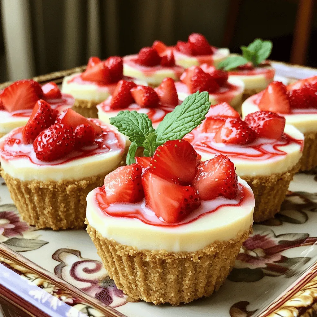 - 1 cup graham cracker crumbs - 2 tablespoons sugar - 4 tablespoons unsalted butter, melted - 8 oz cream cheese, softened - 1 cup powdered sugar - 1 teaspoon vanilla extract - 1 cup heavy whipping cream - 1 cup fresh strawberries, diced - Extra strawberries for garnish When I create no-bake strawberry cheesecake cups, I start with simple yet tasty ingredients. The base is a crunchy crust made from graham cracker crumbs. You need one cup of crumbs, plus two tablespoons of sugar and four tablespoons of melted unsalted butter. This mix gives structure and sweetness. Next, for the filling, I use eight ounces of softened cream cheese. This creamy base is key to a rich texture. I blend it with one cup of powdered sugar and one teaspoon of vanilla extract. This adds sweetness and flavor. To make the cheesecake light and airy, I whip one cup of heavy cream until it forms stiff peaks. This step is crucial for a fluffy texture. I then gently fold the whipped cream into the cream cheese mix. Finally, I stir in one cup of diced fresh strawberries for a burst of fruitiness. For a finishing touch, I always keep extra strawberries on hand. These serve as a beautiful garnish. Each ingredient plays a role in making these cups a delightful treat. The mix of flavors and textures keeps everyone coming back for more! To make the crust, first grab a medium bowl. Combine 1 cup of graham cracker crumbs and 2 tablespoons of sugar. Mix them well. Then, add 4 tablespoons of melted unsalted butter. Stir until all the crumbs are coated evenly. This will create a tasty base for your cheesecake cups. Next, take a large mixing bowl. Beat 8 ounces of softened cream cheese until it becomes smooth. Slowly mix in 1 cup of powdered sugar and 1 teaspoon of vanilla extract. Keep mixing until everything blends well and is creamy. In another bowl, whip 1 cup of heavy whipping cream until stiff peaks form. Gently fold this whipped cream into the cream cheese mixture. This step adds lightness to your filling. Finally, stir in 1 cup of diced fresh strawberries. Make sure they spread evenly throughout. Now, it’s time to layer your cups. Divide the crust mixture evenly among serving cups. Use about 1-2 tablespoons of the crust per cup. Press it down to form a solid base. Next, spoon the cheesecake filling over the crust in each cup. Smooth the tops with a spatula for a nice finish. Finally, refrigerate the cups for at least 2 hours. This helps them set properly. Before serving, add extra strawberries on top for a lovely garnish. - Use clear cups to show off layers. - Serve on a pretty tray for a nice touch. - Add a mint leaf on top for color. - Drizzle some strawberry sauce around the plate. - Use a piping bag for neat layers. - Try adding lemon zest for a fresh taste. - Use almond or coconut extract for a twist. - Whip the cream until stiff peaks form. - Fold the whipped cream gently to keep air in. - Make sure the cream cheese is very soft. - Always soften the cream cheese before mixing. - If it's too cold, it won't blend well. - Don’t overmix the whipped cream; it can turn into butter. - Avoid leaving the cups out too long before serving. - Make sure to refrigerate for at least 2 hours to set properly. {{image_2}} You can switch things up with different flavors. Try making chocolate strawberry cheesecake cups. Just add melted chocolate to the cream cheese mix. The rich taste will wow your guests. Another option is mixed berry cheesecake cups. Use a mix of strawberries, blueberries, and raspberries. This makes a colorful and tasty treat. The mix of flavors brings a fresh twist to the classic recipe. If you need gluten-free options, look for gluten-free graham crackers. They work just as well in the crust. You can enjoy the same great taste without the gluten. For a vegan version, use non-dairy cream cheese. There are many brands that taste great and work perfectly in the recipe. This way, everyone can enjoy these delicious cups. Using seasonal fruits can elevate your cheesecake cups. In summer, fresh raspberries or blueberries are perfect. They add a bright flavor and color to the dessert. During fall, consider adding pumpkin spice for a festive touch. This keeps the dessert fun and fresh all year round. To keep your no-bake strawberry cheesecake cups fresh, store them in the fridge. Place them in an airtight container or cover them with plastic wrap. This helps prevent drying out. These cheesecake cups stay fresh for up to three days. After that, the texture changes, and they may not taste as good. You can freeze these cheesecake cups, but I recommend freezing them unassembled. This keeps the crust crunchy and the filling smooth. To freeze, place the crust in cups and cover them well. Leave the filling out until you are ready to serve. When thawing, move the cups to the fridge overnight. This helps them come back to their creamy state. Before serving, add the filling and garnish with fresh strawberries. This way, you maintain the best flavor and texture. These cheesecake cups need to set for at least 2 hours in the fridge. This time allows the filling to firm up. If you can, let them chill longer for better flavor and texture. Yes, you can make these cups a day ahead. Just store them in the fridge until you're ready to serve. Keep them covered to prevent them from absorbing any other food smells. If you need a dairy-free option, you can use coconut cream. This thick and creamy alternative works well. You can also use a whipped topping made from soy or almond milk. Just ensure it’s unsweetened for best results. This blog post shared how to make no-bake cheesecake cups. You learned about simple ingredients, detailed steps, and helpful tips. We discussed variations to suit your taste and ideas for storage. No-bake cheesecake cups are easy and fun to make. Remember, using fresh fruits can really boost flavor. Keep these tips in mind, and you will impress everyone. Enjoy making your delicious cheesecake cups!