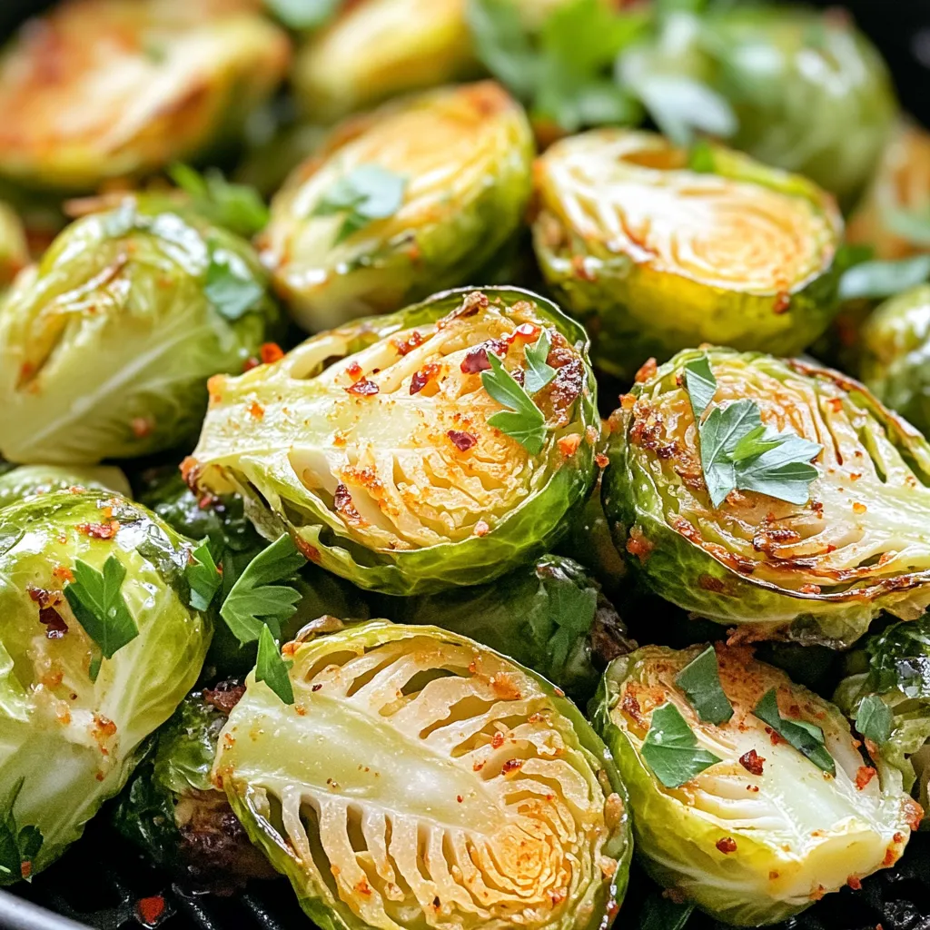 - 1 lb brussel sprouts, trimmed and halved - 3 tablespoons olive oil - 1 teaspoon garlic powder - 1 teaspoon onion powder - 1/2 teaspoon smoked paprika - 1/4 teaspoon red pepper flakes (optional) - Salt and black pepper, to taste - 2 tablespoons balsamic vinegar (for drizzling) - Fresh parsley, chopped (for garnish) Fresh brussel sprouts are the heart of this dish. I love trimming and halving them for even cooking. The olive oil helps to coat the sprouts and adds flavor. Garlic powder and onion powder enhance the savory taste. Smoked paprika gives a warm, rich flavor. If you like heat, add red pepper flakes. Finally, season with salt and black pepper to taste. For finishing touches, balsamic vinegar adds a sweet tang. Chopped parsley adds color and freshness. Each bite bursts with flavors that make brussel sprouts shine. This dish is not just healthy; it's a true delight! First, you need to preheat your air fryer. Set the temperature to 375°F (190°C). Let it heat for about 5 minutes. This step helps cook the brussel sprouts evenly. Grab a large bowl and add the trimmed and halved brussel sprouts. Next, drizzle in 3 tablespoons of olive oil. Sprinkle in 1 teaspoon of garlic powder, 1 teaspoon of onion powder, 1/2 teaspoon of smoked paprika, and a pinch of red pepper flakes if you want a little heat. Add salt and black pepper to taste. Toss everything well. You want each sprout coated in oil and spices. Now, it’s time for the air fryer! Place the seasoned brussel sprouts in the basket. Make sure they are in a single layer. You might need to cook them in batches if your basket is small. Air fry for 15-18 minutes. Shake the basket halfway through. This helps them brown and get crispy all over. When they are done, carefully take them out of the air fryer. Drizzle 2 tablespoons of balsamic vinegar over the brussel sprouts. Toss them gently to coat. For a pop of color, garnish with fresh chopped parsley. Serve them hot for the best taste! To get that perfect crispiness, you need to coat the brussel sprouts well. Start with 1 lb of trimmed and halved brussel sprouts. Pour 3 tablespoons of olive oil over them. Add 1 teaspoon each of garlic powder and onion powder. Mix in 1/2 teaspoon of smoked paprika and, if you like heat, 1/4 teaspoon of red pepper flakes. Don’t forget salt and black pepper to taste. Toss everything together until each sprout is coated evenly. This helps them crisp up nicely in the air fryer. When cooking, avoid overcrowding the air fryer. Spread the brussel sprouts in a single layer. If you pile them up, they won’t cook evenly. Cook in batches if needed. This keeps them crispy and prevents steaming. You want that nice, golden brown look. Air fryers can vary in cook time. If your brussel sprouts are not crispy after 15-18 minutes, you may need to adjust the time. Check your air fryer’s manual for specifics. Every model is a bit different. If they need more time, add a few minutes. Just keep an eye on them to avoid burning. {{image_2}} You can make your crispy brussel sprouts even tastier. Try adding parmesan cheese or fresh lemon zest. Both ingredients add a nice twist. The cheese gives a salty flavor, while lemon adds brightness. Just sprinkle them on top after cooking. Want to change the flavor? Use different spices! Italian herbs, like oregano or basil, work great. You can also try a curry blend for a warm, spicy kick. Mix these spices in with your oil and brussel sprouts. Experiment to find your favorite blend. Brussel sprouts pair well with other veggies. Try mixing in carrots or bell peppers. These add color and sweetness. Just cut them into similar sizes as the brussel sprouts. Toss everything together for a tasty mix. This not only enhances the flavor but also makes your dish more vibrant. After you enjoy the crispy brussel sprouts, let them cool. Place them in an airtight container. Keep them in the fridge for up to three days. Make sure the container seals well to keep moisture out. To bring back that crispy texture, use the air fryer. Set it to 375°F (190°C). Place the brussel sprouts in the basket. Heat for about 5-7 minutes. If you prefer the oven, preheat to 400°F (200°C) and bake for 10 minutes. Both methods work well to re-crisp your sprouts. Yes, you can freeze air-fried brussel sprouts! Allow them to cool completely. Spread them on a baking sheet in a single layer. Freeze for an hour before transferring to a freezer bag. This way, they won’t stick together. You can keep them frozen for up to three months. To make brussel sprouts crispy, start by trimming and halving them. Use fresh brussel sprouts for the best texture. Next, coat them evenly with olive oil. This helps them crisp up nicely. Then, add seasonings like garlic powder, onion powder, smoked paprika, salt, and black pepper. Toss well to cover all sides. It's key to place them in a single layer in the air fryer basket. Do not overcrowd them; this can lead to steaming instead of crisping. Air fry at 375°F (190°C) for 15-18 minutes. Shake the basket halfway through for even cooking. Yes, you can use frozen brussel sprouts, but adjustments are needed. Frozen sprouts may not crisp as well as fresh ones. To help, increase the air frying time by a few minutes. You may also want to thaw them first. Pat them dry with a paper towel to remove excess moisture. This helps avoid sogginess. Always coat them with oil and seasonings like fresh sprouts. Crispy brussel sprouts pair well with many dishes. They make a great side for roasted chicken or grilled fish. You can also serve them with pasta for a hearty meal. Try them with a grain salad or on top of a pizza. For a tasty snack, serve them with a dip like ranch or aioli. They add a crunchy bite to any plate! This blog post guides you on how to make crispy air-fried brussel sprouts. You learned about the ingredients, easy steps, and tips for the best results. Remember to coat the sprouts well with oil and seasoning. You can mix in different veggies and spices to suit your taste. Don't forget to drizzle balsamic vinegar before serving. With these steps, your brussel sprouts will impress anyone at your table. Enjoy this healthy and tasty side dish on your next meal!