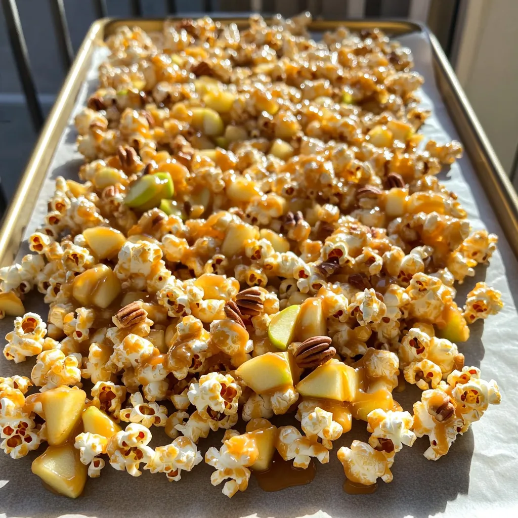 To make Caramel Apple Popcorn Crunch, you will need: - 8 cups popped popcorn (about 1/2 cup kernels) - 1 cup granulated sugar - 1/4 cup unsalted butter - 1/4 cup light corn syrup - 1 teaspoon vanilla extract - 1/2 teaspoon baking soda - 1 medium apple, diced (preferably Granny Smith) - 1/2 cup chopped pecans or walnuts (optional) - 1/2 teaspoon cinnamon - Pinch of salt These ingredients blend to create a sweet and crunchy treat. The apples add a nice freshness, while the nuts give a great crunch. If you don't have some ingredients, I have options for you: - Granulated sugar: Use brown sugar for a richer flavor. - Unsalted butter: You can replace it with coconut oil for a dairy-free option. - Light corn syrup: Maple syrup works well if you're looking for a natural sweetener. - Pecans or walnuts: Almonds or sunflower seeds can be great substitutes. These swaps can change the flavor but still keep the treat tasty. You will need some basic equipment: - Large saucepan: For making the caramel. - Baking sheet: To spread the popcorn mixture. - Parchment paper: To prevent sticking on the baking sheet. - Large bowl: To mix everything together. - Wooden spoon or spatula: For stirring the caramel and mixing. With these tools, you will create a delightful snack that everyone will love. Start by gathering all your ingredients. You will need: - 8 cups popped popcorn (about 1/2 cup kernels) - 1 cup granulated sugar - 1/4 cup unsalted butter - 1/4 cup light corn syrup - 1 teaspoon vanilla extract - 1/2 teaspoon baking soda - 1 medium apple, diced (preferably Granny Smith) - 1/2 cup chopped pecans or walnuts (optional) - 1/2 teaspoon cinnamon - Pinch of salt Make sure to pop the popcorn first. It helps to have it ready in a large bowl. Dice the apple into small pieces. If you use nuts, chop them too. This prep makes mixing easier later. In a large saucepan, combine sugar, butter, corn syrup, and a pinch of salt. Place the pan over medium heat. Stir the mixture until it starts to boil. Once it boils, stop stirring. Let it cook for 4 to 5 minutes. Look for a light golden brown color. When you get this color, remove the pan from the heat. Quickly stir in the vanilla extract and baking soda. Be careful! The mixture will bubble up. In a large bowl, combine the popped popcorn, diced apples, and nuts if you are using them. Sprinkle in the cinnamon. Pour the caramel mixture over the popcorn. Toss everything together quickly. You want to coat all the popcorn evenly. Spread the popcorn mixture onto a baking sheet lined with parchment paper. Make sure it is in an even layer. Bake in your preheated oven at 250°F (120°C) for one hour. Stir every 15 minutes. This helps it get crunchy all over. After an hour, take it out of the oven. Let it cool on the baking sheet. The caramel will harden as it cools. Once cooled, break it apart. You can serve it right away, or store it in an airtight container for up to a week. Enjoy your tasty treat! To make smooth caramel, use a heavy saucepan. This helps heat the sugar evenly. Always stir the mixture until it boils. Once it boils, stop stirring. Cook until it turns light golden brown for the best taste. Remember to work quickly when adding vanilla and baking soda. The bubbling can be intense, so be careful! Keep your Caramel Apple Popcorn Crunch in an airtight container. This keeps it fresh and crunchy. Store it at room temperature, away from heat. It lasts up to a week, but it’s so tasty, it might not last that long! Serve this treat in fun bowls for a snack time delight. You can also package it in bags for gifts. Try pairing it with apple cider for a cozy touch. For a party, set out some popcorn alongside other snacks. This will make your table colorful and inviting! {{image_2}} You can switch up the nuts in your Caramel Apple Popcorn Crunch. Try almonds, cashews, or pistachios. Each nut adds a unique flavor and crunch. Seeds like pumpkin or sunflower seeds also work well. This makes your snack even more fun and tasty! If you love chocolate, drizzle some melted chocolate over the cooled popcorn. Milk, dark, or white chocolate all taste great. You could also mix in caramel bits or toffee for added sweetness. For a fun twist, sprinkle some sea salt on top. Sweet and salty flavors blend perfectly! To make this treat gluten-free, ensure your popcorn is certified gluten-free. For a vegan version, replace butter with coconut oil or vegan butter. Use maple syrup instead of corn syrup. These changes still give you great taste while fitting different dietary needs. Enjoy your snack without worry! To keep your Caramel Apple Popcorn Crunch fresh, store it in an airtight container. This helps keep moisture out and maintains its crunch. You can use a glass jar or a plastic bin with a tight lid. Avoid leaving it in a warm spot, as heat can make it sticky. When stored properly, this treat can last up to a week. I recommend enjoying it fresh, but it stays tasty for this time. If you notice it going soft, it’s best to eat it sooner. Watch for a few signs to know if your snack is no longer good. First, check for any odd smells or a change in color. If the popcorn feels sticky or chewy instead of crunchy, toss it out. Always trust your senses; if it seems off, it’s best to not eat it. Yes, you can use microwave popcorn. Just make sure to choose plain, unsalted popcorn. This keeps the flavor balanced. If you use flavored popcorn, it may change the taste of your snack. You can replace corn syrup with honey or maple syrup. Both will work well and add a nice flavor. Just use the same amount as the corn syrup in the recipe. This change will make the caramel slightly different but still tasty. You can find pre-made Caramel Apple Popcorn Crunch at many grocery stores. Look in the snack aisle or near the popcorn. Online stores also sell it, making it easy to order. Popular brands often carry this fun snack, so check their websites too. This blog post covered key ingredients, step-by-step instructions, and helpful tips. You learned how to make Caramel Apple Popcorn Crunch, including substitutions and equipment you'll need. I shared variations for your tastes and best practices for storage. With these tools, you can create your popcorn treat with ease. Remember, you can always customize the recipe for fun and flavor. Enjoy your tasty creation!