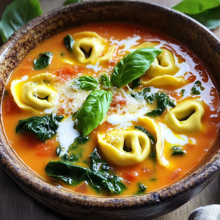 To make a rich and tasty creamy tomato tortellini soup, gather these key ingredients: - 2 tablespoons olive oil - 1 medium onion, diced - 3 cloves garlic, minced - 1 can (28 oz) crushed tomatoes - 4 cups vegetable broth - 1 teaspoon dried basil - 1 teaspoon dried oregano - Salt and pepper to taste - 1 cup heavy cream (or coconut cream for a dairy-free option) - 2 cups cheese tortellini (fresh or frozen) - 2 cups fresh spinach, roughly chopped - Grated parmesan cheese for serving (optional) - Fresh basil leaves for garnish These ingredients create a warm, creamy base. The crushed tomatoes give a rich flavor. The tortellini adds a nice bite, and the spinach brings freshness. You can add some optional ingredients to boost the taste of your soup: - Red pepper flakes for heat - A splash of balsamic vinegar for tang - Fresh herbs like thyme or parsley for brightness - Additional veggies like carrots or bell peppers for texture These add-ins can give your soup a personal touch. Use them based on what you like. If you have dietary needs, here are some easy swaps: - Use vegetable broth for a vegan option. - Swap heavy cream with coconut cream for a dairy-free choice. - Choose gluten-free tortellini for a gluten-free meal. These substitutions keep the soup delicious while meeting different diets. You can enjoy this creamy soup no matter your preferences! To start, grab a large pot. Pour in 2 tablespoons of olive oil. Heat the oil over medium heat. Once hot, add 1 medium onion, diced. Sauté the onion for about 4 to 5 minutes. You want it to be translucent. Now, stir in 3 cloves of minced garlic. Cook this for 1 to 2 minutes until it smells great. Next, pour in 1 can of crushed tomatoes. Then, add 4 cups of vegetable broth. Toss in 1 teaspoon of dried basil and 1 teaspoon of dried oregano. Season with salt and pepper to taste. Mix well. Bring the soup to a gentle boil. Once boiling, lower the heat and let it simmer for 10 minutes. This helps the flavors come together. After that, stir in 1 cup of heavy cream. If you want a dairy-free version, use coconut cream instead. Add 2 cups of cheese tortellini to the pot. If you have fresh tortellini, it will cook in 3 to 5 minutes. Frozen tortellini takes about 5 to 7 minutes. Once the tortellini is cooked, fold in 2 cups of roughly chopped fresh spinach. Let it wilt for 1 to 2 minutes. Finally, remove the pot from the heat and taste your soup. Adjust with more salt and pepper if needed. Using a large pot helps the soup cook evenly. It allows for good heat distribution. When you sauté the onion, make sure not to rush it. This step builds a rich flavor base. Stirring in the garlic at the right time keeps it from burning. You want that nice, fragrant smell to fill your kitchen. When adding cream, take your time. Stir it in gently. This keeps the soup smooth and creamy. If you’re using frozen tortellini, check the package for cooking times. Overcooking can make it mushy. Using fresh spinach adds color and nutrients. The cook time for tortellini depends on whether it's fresh or frozen. Fresh tortellini cooks faster, usually in about 3 to 5 minutes. Frozen tortellini needs a bit longer, around 5 to 7 minutes. Always check the package for specific times. This helps ensure your tortellini stays firm and tasty. If unsure, taste a piece to see if it's done. Adjusting the cooking time keeps your soup perfect. To get that rich, creamy texture in your soup, use heavy cream or coconut cream. Add the cream after the soup simmers. Stir it in slowly to mix well. If you want a lighter option, use half-and-half. For a silky finish, blend the soup before adding the cream. This gives a smooth feel and looks great! To boost flavor, try using fresh herbs. Adding fresh basil or parsley just before serving brings brightness. You can also add a pinch of red pepper flakes for heat. For more depth, a dash of balsamic vinegar works wonders. Don't forget to season well with salt and pepper. Taste as you go to find the perfect balance. One common mistake is cooking the tortellini too long. Follow package instructions closely to avoid mushiness. Another mistake is not letting the soup simmer long enough. This step helps flavors blend well. Lastly, don't skip the seasoning. A little salt and pepper can turn a good soup into a great one! {{image_2}} To make this soup dairy-free, swap the heavy cream for coconut cream. This gives a rich texture. You can also use almond milk or oat milk. Both options work well. They keep the soup creamy without the dairy. You can boost this soup by adding proteins. Chicken or sausage are great choices. Cook them in the pot before adding the onion. For a vegetarian option, try chickpeas or lentils. They add fiber and protein without meat. Adding seasonal vegetables can enhance your soup. In spring, use fresh peas or asparagus. In summer, try zucchini or corn. Fall brings squash and kale, while winter is perfect for root veggies like carrots and potatoes. Each adds flavor and texture, making the soup even better. To store leftover soup, let it cool first. Then, pour it into an airtight container. Seal the container tightly and place it in the fridge. The soup stays fresh for about three days. You can also label the container with the date. This helps you keep track of how long it has been stored. When it's time to enjoy your soup again, pour it into a pot. Heat it on low to medium heat. Stir often to prevent sticking. If the soup is too thick, add a splash of water or broth. Bring it to a gentle boil and enjoy! You can also use the microwave. Place the soup in a bowl and cover it. Heat in short bursts, stirring in between, until hot. You can freeze this soup for later. Use freezer-safe containers or bags. Leave some space at the top for expansion. The soup can last for up to three months in the freezer. When ready to eat, thaw it overnight in the fridge. Reheat it on the stove or microwave as mentioned earlier. Enjoy your delicious soup anytime you want! Yes, you can make this soup ahead of time. It tastes great after sitting for a while. Just cook the soup, let it cool, and store it in the fridge. When you are ready to eat, reheat it on the stove. If you use fresh tortellini, cook it right before serving. This keeps it tender and fresh. If you don’t have tortellini, you can use other pasta. Small shapes like shells or ditalini work well. You can also use rice for a different texture. Just make sure to adjust the cooking time based on what you choose. To thicken your soup, you have a few options. You can add more heavy cream or use a cornstarch slurry. To make a slurry, mix one tablespoon of cornstarch with two tablespoons of water. Stir it into the soup and cook until it thickens. Another option is to blend a portion of the soup until smooth, then return it to the pot. This blog post showed you how to make creamy tomato tortellini soup. You learned key ingredients, cooking steps, and useful tips. Explore tasty variations for special diets and how to store your soup well. Always adjust cook time based on your tortellini type. Don’t worry; you can make this soup ahead and even substitute ingredients. Cooking should be fun and easy. Follow these steps to enjoy a warm bowl of soup anytime!
