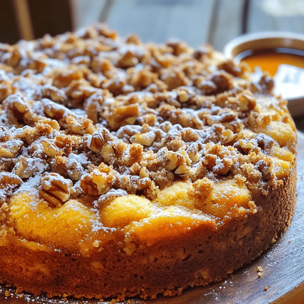 - 2 cups all-purpose flour - 1 cup granulated sugar - ½ cup unsalted butter, softened - 1 cup sour cream - 2 large eggs - 2 teaspoons baking powder - 1 teaspoon baking soda - ½ teaspoon salt - 1 teaspoon vanilla extract - ½ cup maple syrup - 1 cup walnuts, chopped - 1 tablespoon cinnamon - ½ cup brown sugar Each ingredient plays a key role in creating the perfect bakery-style coffee cake. Flour: Use all-purpose flour for a light and fluffy texture. Look for a brand that feels soft and has a fine texture. Sugar: Granulated sugar adds sweetness and helps the cake rise. High-quality sugar will dissolve well and create a smooth batter. Unsalted Butter: Choose a fresh, high-fat butter. It adds richness and flavor. Softening it helps in creaming with sugar easily. Sour Cream: This ingredient adds moisture and tang. A full-fat version works best for creaminess. Eggs: Use large eggs for the best results. They bind the ingredients and help the cake rise. Baking Powder and Baking Soda: These leavening agents create a light cake. Check the expiration date for freshness. Salt: A small amount enhances flavor. Use fine salt for even distribution. Vanilla Extract: Pure vanilla adds depth. Avoid imitation extracts for better flavor. Maple Syrup: Look for pure maple syrup, not imitation. It adds sweetness and a unique flavor. Walnuts: Freshly chopped walnuts give crunch. Choose unsalted nuts for better control of flavor. Cinnamon: Ground cinnamon enhances warmth. Fresh cinnamon has a stronger flavor. Brown Sugar: Light or dark brown sugar adds moisture and a slight caramel flavor. Choose what you prefer. When selecting ingredients, freshness matters. Always check for quality to ensure a successful bake. 1. Preparing the cake pan: Start by preheating your oven to 350°F (175°C). Grease a 9-inch round cake pan with butter. You can also line it with parchment paper for easy removal. 2. Mixing wet ingredients: In a large mixing bowl, cream together ½ cup of softened butter and 1 cup of granulated sugar. Mix until it’s light and fluffy, which takes about 3-4 minutes. Then, add 2 large eggs, one at a time, mixing well after each. Finally, stir in 1 teaspoon of vanilla extract and ½ cup of maple syrup. 3. Combining dry ingredients: In another bowl, mix 2 cups of all-purpose flour, 2 teaspoons of baking powder, 1 teaspoon of baking soda, and ½ teaspoon of salt. Gradually add this dry mix to your wet ingredients, alternating with 1 cup of sour cream. Mix until just combined. Be careful not to overmix. 1. Preparing the streusel or walnut topping: In a small bowl, combine 1 cup of chopped walnuts, ½ cup of brown sugar, and 1 tablespoon of cinnamon. This mix adds a sweet crunch to your cake. 2. Layering technique for the batter and topping: Spread half of the cake batter into the prepared pan. Evenly sprinkle half of the walnut mixture over the batter. Add the remaining cake batter and top it with the rest of the walnut mix, gently pressing it in for a lovely texture. 1. Oven settings and timing: Place the cake in the preheated oven and bake for 40-45 minutes. The cake should be golden brown and rise nicely. 2. How to check for doneness: To check if your cake is done, insert a toothpick into the center. If it comes out clean, your cake is ready. If it has batter on it, give it a few more minutes. This step-by-step guide ensures your Bakery Style Maple Walnut Coffee Cake turns out perfectly. Enjoy the process, and savor the delightful flavors! To make your coffee cake taste great, start by creaming the butter and sugar. This step adds air and makes your cake fluffy. Mix them together until light and fluffy for about 3-4 minutes. This is key! Next, remember not to overmix your batter. Once you add the dry ingredients, mix just until combined. Overmixing can make the cake tough. Keep it gentle, and you’ll have a soft, tender cake. You can boost flavors in your cake by adding spices. Consider a pinch of nutmeg or some ginger. These spices blend well with the maple and walnuts. Always choose fresh ingredients when you can. Fresh eggs and high-quality maple syrup make a big difference. Packaged items are convenient, but fresh ones give better flavor. Trust me, it’s worth it! Make your coffee cake look special by dusting it with powdered sugar. This adds a nice touch and makes it look fancy. Serve your cake with a drizzle of maple syrup on the side. It makes every bite sweeter and adds a lovely shine. You can even add a few whole walnuts on top for a rustic look. Enjoy! {{image_2}} You can easily adjust this recipe to fit different diets. - Gluten-free options: Use gluten-free all-purpose flour instead of regular flour. This swap keeps the cake soft and tasty. Ensure your baking powder is gluten-free too. - Vegan adaptations: Replace eggs with flax eggs. Mix 1 tablespoon of flaxseed meal with 2.5 tablespoons of water. Let it sit for a few minutes until it thickens. Use plant-based butter and non-dairy sour cream for a vegan treat. Get creative with flavors to make this coffee cake your own. - Alternative nuts or fruit: Swap walnuts for pecans or almonds. You can also add dried fruits like cranberries or raisins for a fruity twist. - Incorporating chocolate or other flavorings: Fold in chocolate chips for a sweet surprise. You might also try adding orange zest for a zesty flavor boost. Pair this coffee cake with your favorite drinks or toppings. - Pairing with coffee or tea: This cake goes perfectly with a hot cup of coffee or herbal tea. The rich maple flavor shines with each sip. - Serving with ice cream or whipped cream: For a special treat, serve slices with ice cream or a dollop of whipped cream. Drizzle some maple syrup on top for added sweetness. To keep your maple walnut coffee cake fresh, store it properly. First, let the cake cool completely. Once cooled, wrap it with plastic wrap or aluminum foil. This keeps moisture in and prevents the cake from drying out. Place it in the fridge if you want to keep it for a longer time. It stays fresh in the fridge for about a week. If you have more cake than you can eat, freezing is a great option. Slice the cake into portions. Wrap each slice tightly in plastic wrap. Then, place the slices in a freezer-safe bag. Make sure to label the bag with the date. This way, you can enjoy your cake for up to three months. At room temperature, your coffee cake lasts about two to three days. Keep it in a cool, dry place. If it’s hot or humid, the cake may spoil faster. Look for signs of spoilage. If you see mold or a strange smell, it’s time to toss it. A dry texture can also mean it’s past its prime. When you store it well, you can savor every slice of this delightful treat! Can I use different types of nuts? Yes, you can. If you want a different taste, try pecans or almonds. Each nut adds a unique flavor. Just chop them up like you would walnuts. What’s the best way to serve this coffee cake? Serve it warm or at room temperature. A light dusting of powdered sugar adds charm. You can drizzle maple syrup on top for more sweetness. Pair it with coffee or tea for a cozy treat. Can I make the batter ahead of time? Yes, you can make the batter ahead. Just store it in the fridge for a few hours. This will keep it fresh. When ready to bake, let it sit at room temp for about 30 minutes. How do I know when the cake is done baking? Check it with a toothpick. Insert it into the center. If it comes out clean, the cake is ready. If there’s batter on the toothpick, bake it a little longer. This blog post covered the key elements for making a maple walnut coffee cake. We detailed the best ingredients, preparation steps, and baking tips. I shared tricks for achieving that bakery-style taste and offered variations to suit different diets. Proper storage practices ensure your cake stays fresh. Remember, experimenting with flavors can keep it exciting, and serving it warm enhances its taste. Enjoy this delicious treat with friends or family, and happy baking!