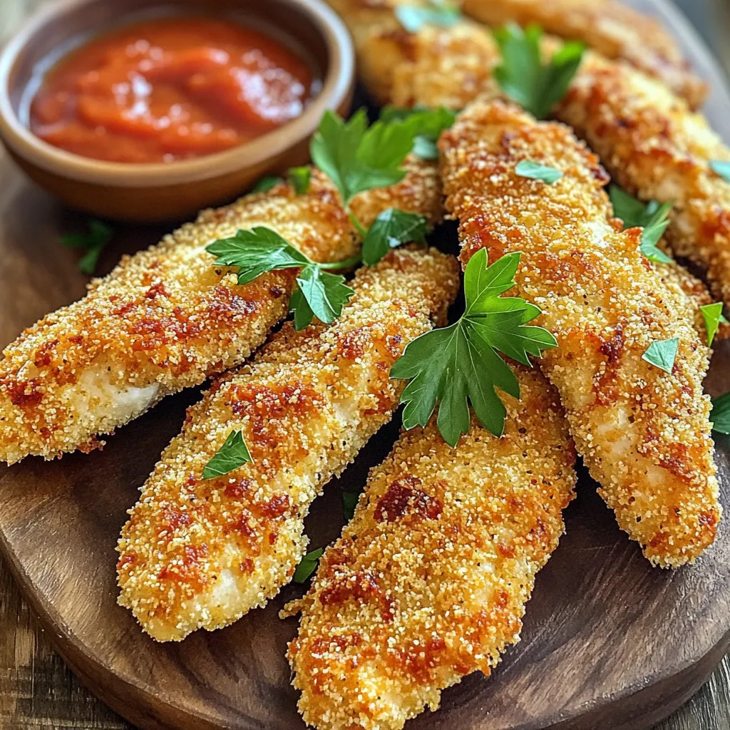 Here are the key ingredients for making crispy Air Fryer Parmesan Chicken Strips: - 1 lb chicken breast, cut into thin strips - 1 cup panko breadcrumbs - ½ cup grated Parmesan cheese - 1 teaspoon garlic powder - 1 teaspoon onion powder - ½ teaspoon paprika - ½ teaspoon salt - ¼ teaspoon black pepper - 2 large eggs, beaten - 1 tablespoon olive oil (optional for extra crispiness) Each ingredient plays a role in creating the perfect crunch and flavor. The chicken breast is the main star, giving you that juicy bite. Panko breadcrumbs add a light, airy crunch that regular breadcrumbs just can't match. Parmesan cheese brings a salty, nutty flavor that enhances every bite. Garlic and onion powder offer depth and warmth to the dish. Paprika gives a hint of smokiness, while salt and black pepper season the strips perfectly. The beaten eggs help the coating stick, making sure the breadcrumbs adhere well. Lastly, olive oil can help achieve that extra crispiness, making your chicken strips even more delightful. With these ingredients, you're all set to create a dish that is both simple and delicious! First, mix the breadcrumb mixture. In a large bowl, combine panko breadcrumbs, grated Parmesan cheese, garlic powder, onion powder, paprika, salt, and black pepper. Stir well until all ingredients blend. This step adds flavor and crunch to your chicken strips. Next, set up a breading station. Place the beaten eggs in one bowl. Then, put the breadcrumb mixture in another bowl. This setup makes breading easy and quick. Now, it's time to bread the chicken strips. Start by dipping each strip into the beaten eggs. Make sure to coat it fully. This step helps the breadcrumbs stick. After that, transfer the chicken strip to the breadcrumb mixture. Press the breadcrumbs onto the chicken. This ensures a thick, crunchy coating. Repeat this for all the chicken strips. Preheat your air fryer to 400°F (200°C) for about 5 minutes. A hot air fryer helps cook the chicken evenly. Then, place the chicken strips in the basket. Make sure they are in a single layer. Avoid overcrowding to get that perfect crisp. Cook for 10 to 12 minutes. Flip the chicken strips halfway through. This helps both sides brown nicely. The chicken is done when it turns golden brown and reaches an internal temperature of 165°F (75°C). Once cooked, remove the strips. Let them rest for a few minutes before serving. Enjoy your crispy delight! For the best crunch, use olive oil. A light brush of olive oil adds flavor and helps the chicken become golden. It also makes the coating crispier. You only need a tablespoon, so don’t overdo it! Spacing is key in the air fryer. Place the chicken strips in a single layer. If they touch, they won’t crisp up well. You may need to cook them in batches. This way, every strip gets hot air around it. The chicken should reach an internal temperature of 165°F (75°C). Use a meat thermometer for accuracy. This ensures your chicken is safe to eat. Look for visual clues too. The chicken should be golden brown and crispy. If it looks pale or soft, it may need more time. Trust your eyes and thermometer for perfect chicken strips! {{image_2}} You can use many types of cheese for these chicken strips. Cheddar adds a nice sharp taste. Mozzarella gives a creamy feel. Try mixing cheeses to get unique flavors. You can also add spices to the breadcrumb mix. A pinch of cayenne pepper adds heat. Italian herbs like oregano or basil bring freshness. This way, you can customize your chicken strips for any taste. If you need a gluten-free option, use gluten-free breadcrumbs. Store-bought brands work well, or you can make your own. Simply pulse gluten-free crackers in a food processor. For coating, try using crushed cornflakes or almond flour. These options still give a crispy texture. You can even coat with a mix of ground nuts and spices for extra flavor. To keep your chicken strips fresh, place them in an airtight container. Make sure they cool first. Store them in the fridge for up to three days. When you're ready to eat, reheat them in the air fryer at 375°F (190°C) for about 5-7 minutes. This keeps them crispy and tasty. You can freeze chicken strips before or after cooking. For freezing before cooking, lay the breaded strips on a baking sheet. Freeze them for about an hour, then transfer them to a freezer bag. They can stay frozen for up to three months. If you freeze after cooking, wait until they cool down. Store them in a bag, removing as much air as possible. To thaw, place them in the fridge overnight for best results. You can also use the microwave, but this may make them less crispy. For a quick option, cook them straight from frozen in the air fryer. Just add a few extra minutes to the cooking time. Cook chicken strips for 10 to 12 minutes at 400°F (200°C). Flip them halfway. This ensures even cooking. The chicken should be golden brown when done. Always check the internal temperature; it must reach 165°F (75°C). Yes, you can prepare these chicken strips in advance. Bread the chicken and store them in the fridge for up to 24 hours. This saves time on busy days. Just cook them when you’re ready. They will still turn out crispy! Many sauces go great with chicken strips. Here are some tasty options: - Marinara sauce - Ranch dressing - Honey mustard - BBQ sauce - Sweet and sour sauce Each sauce brings a unique flavor. Choose your favorite or try a mix! In this blog post, we explored how to make crispy air fryer chicken strips. You learned about the key ingredients like chicken breast and breadcrumbs. I shared step-by-step instructions, along with tips to ensure your chicken turns out perfectly crispy every time. You now have options for cheese variations or gluten-free alternatives. Remember, with the right techniques, you can impress anyone with these tasty strips. Enjoy cooking and experimenting with your flavor combinations!