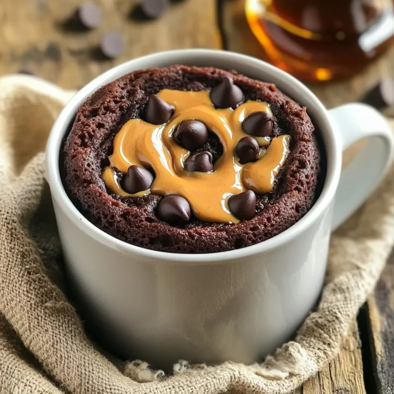To make this tasty mug cake, you need the following main ingredients: - 4 tablespoons almond flour - 2 tablespoons unsweetened cocoa powder - 1 tablespoon protein powder (chocolate or vanilla) - 2 tablespoons natural peanut butter - 2 tablespoons maple syrup (or honey) - 1/4 teaspoon baking powder - 4 tablespoons almond milk (or any milk of choice) - A pinch of salt These ingredients work together to give you a rich and moist cake. Almond flour adds a nutty flavor and keeps the cake gluten-free. Cocoa powder gives you that deep chocolate taste. When choosing protein powder, you have a few options. You can use chocolate or vanilla protein powder. Chocolate powder will enhance the chocolate flavor. Vanilla powder will give a nice balance to the cake. I recommend looking for powders that do not contain added sugars. This keeps the cake healthier and still delicious. To make your mug cake even better, try adding these tasty extras: - 1 tablespoon dark chocolate chips - A few crushed nuts like walnuts or pecans - A dash of cinnamon for warmth These add-ins add texture and depth to your mug cake. Dark chocolate chips melt into the cake, making each bite delightful. Nuts add a nice crunch and healthy fats. A sprinkle of cinnamon can elevate the flavor in a fun way. Feel free to mix and match your favorites! Start by taking a microwave-safe mug. Add these dry ingredients: - 4 tablespoons almond flour - 2 tablespoons unsweetened cocoa powder - 1 tablespoon protein powder (chocolate or vanilla) - 1/4 teaspoon baking powder - A pinch of salt Mix well with a spoon. This ensures the dry ingredients blend nicely. You want a uniform mix before adding anything wet. Now, it’s time for the wet ingredients. Add: - 2 tablespoons natural peanut butter - 2 tablespoons maple syrup (or honey) Stir until the mix looks crumbly. Then, slowly pour in: - 4 tablespoons almond milk (or any milk of choice) Keep stirring until you have a smooth batter. If you love chocolate, fold in: - 1 tablespoon dark chocolate chips (optional) This step adds extra sweetness and texture. Place your mug in the microwave. Cook it on high for 40 to 60 seconds. Watch it closely to avoid overflow. The cake should rise and be set in the middle but still moist. Let it cool for one minute. Now, enjoy your delicious chocolate peanut butter mug cake straight from the mug! To get a soft and fluffy mug cake, measure your ingredients carefully. Use a scale if you have one. The almond flour and cocoa powder should be leveled off. Don't skip the baking powder; it helps the cake rise. Stir the dry mix well before adding wet ingredients. When you combine the wet ingredients, make sure to mix until smooth. This creates the best texture. One common mistake is overcooking the mug cake. Microwave strength varies, so check it at 40 seconds. If it looks slightly wet in the middle, it’s done. Another mistake is not mixing enough. Mixing well prevents lumps. Also, avoid using too much peanut butter, which can make the cake dense. Stick to the 2 tablespoons for the best result. You can bake this mug cake in the oven if you want. Preheat your oven to 350°F (175°C). Pour the batter into an oven-safe dish. Bake for about 15-20 minutes. Watch it closely to prevent burning. The microwave is faster, but the oven gives a different texture. Both ways taste great, so choose what works best for you! {{image_2}} You can make a vegan version of this mug cake easily. Here’s how: - Switch almond milk for any plant-based milk. - Replace natural peanut butter with a nut or seed butter of your choice. - Use maple syrup or agave nectar instead of honey. - Pick a vegan protein powder for that extra boost. These swaps keep the taste rich while making it plant-based. Get creative with flavors! Here are some fun ideas: - Mocha: Add a teaspoon of instant coffee to the dry mix. This gives a nice coffee kick. - Banana: Mash half a ripe banana and mix it into the batter. This adds natural sweetness and moisture. - Chocolate Chip: Use more dark chocolate chips if you want it extra chocolatey. Feel free to mix and match these flavors for a tasty twist! If you need a gluten-free option, the almond flour works great! Here are some tips: - Ensure your protein powder is gluten-free. - You can also swap almond flour for coconut flour. Just use less, about 2 tablespoons. Coconut flour absorbs more liquid. These changes ensure everyone can enjoy this treat without gluten worries. If you have any leftover mug cake, let it cool first. Then, cover the mug with plastic wrap or transfer the cake to an airtight container. This keeps it fresh and stops it from drying out. You can store it in the fridge for up to two days. When you're ready to eat the leftover cake, you can reheat it in the microwave. Place the mug in the microwave for about 20 to 30 seconds. Check it every few seconds to avoid overheating. If the cake feels dry, add a splash of almond milk. This keeps it moist and tasty. The ingredients in this mug cake have different shelf lives. Almond flour can last about six months if stored in a cool, dark place. Cocoa powder stays fresh for up to two years. Protein powder can last about a year, but check the label for specifics. Natural peanut butter lasts several months after opening if stored in the fridge. Maple syrup can last indefinitely if kept sealed and stored in a cool place. Yes, you can use other flours! Almond flour works great, but you can try oat flour or coconut flour. Each flour gives a different taste and texture. If you use coconut flour, remember it absorbs more liquid. So, you may need to add more milk to keep it moist. To boost the chocolate flavor, add more cocoa powder. One extra tablespoon can make a big difference. You can also add dark chocolate chips, which melt and create a rich taste. For even more fun, try a swirl of chocolate spread on top before microwaving. Yes, you can skip the protein powder. Just add a bit more almond flour to keep the texture right. You may want to reduce the liquid slightly, too. Your mug cake will still be tasty, just with less protein. This mug cake has about 350 calories. This count includes the almond flour, peanut butter, and maple syrup. If you add chocolate chips, it will go up a bit. You can check each ingredient to get a more accurate number based on what you use. This blog post covered how to make a chocolate peanut butter mug cake. I shared essential ingredients and tips to create a tasty, healthy treat. With the right protein powder and add-ins, you can boost flavor and nutrition. I also explained how to prepare, cook, and store your mug cake. Remember to avoid common mistakes for the best texture. Whether you want vegan options or unique flavors, this recipe adapts well. Enjoy your delicious creation and feel good about what you eat!