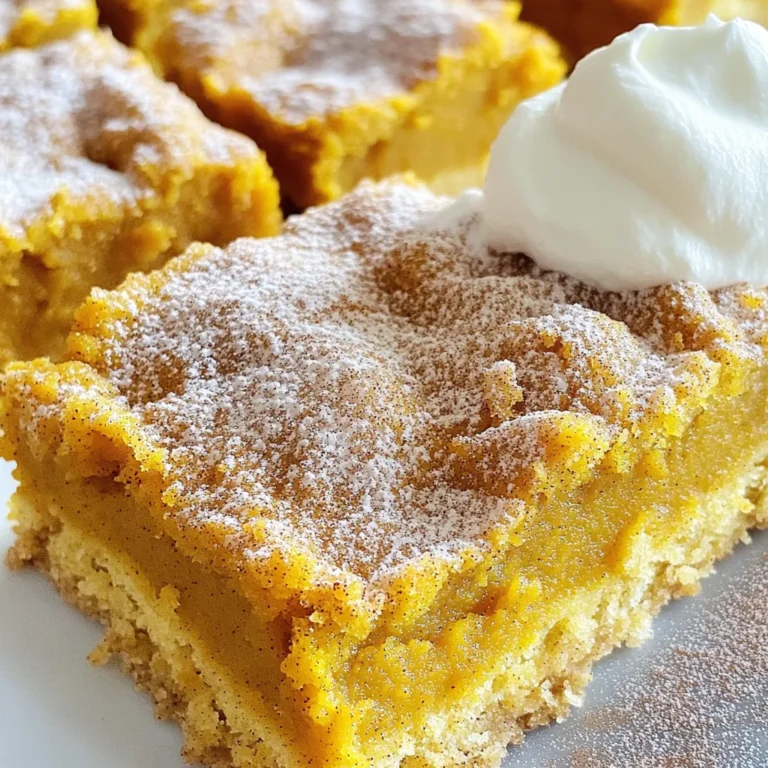 To make these delicious pumpkin snickerdoodle bars, you will need: - 1 cup pumpkin puree - 1 cup granulated sugar - 1/2 cup brown sugar, packed - 1/2 cup unsalted butter, softened - 2 large eggs - 2 teaspoons vanilla extract - 2 cups all-purpose flour - 1 teaspoon baking powder - 1/2 teaspoon baking soda - 2 teaspoons cinnamon - 1/2 teaspoon nutmeg - 1/2 teaspoon salt For the cinnamon sugar topping: - 2 tablespoons granulated sugar - 1 teaspoon cinnamon You can add some personal touches to your bars. Here are a few ideas: - Chopped nuts like pecans or walnuts for crunch - Chocolate chips for sweetness and richness - Raisins or dried cranberries for a chewy texture - A dash of ginger for extra spice Each ingredient plays a key role in making these bars great. - Pumpkin puree adds moisture and flavor. It gives the bars a lovely fall taste. - Granulated and brown sugar provide sweetness. Brown sugar adds chewiness and depth. - Butter makes the texture soft and rich. It helps the bars stay moist. - Eggs bind the ingredients and help them rise. They create a lovely texture. - Vanilla extract gives a warm, sweet flavor that complements the pumpkin. - All-purpose flour forms the structure. It helps the bars hold their shape. - Baking powder and baking soda help the bars rise. They make them light and fluffy. - Cinnamon and nutmeg add warmth and spice, enhancing the pumpkin flavor. - Salt balances the sweetness, making all flavors pop. With these ingredients, your pumpkin snickerdoodle bars will be soft, tasty, and perfect for sharing! Start by preheating your oven to 350°F (175°C). This heat is perfect for baking. While it warms, grab a 9x13-inch baking pan. You can grease it with butter or line it with parchment paper. Lining it helps the bars come out easily. In a large mixing bowl, add 1/2 cup of softened butter. Then, pour in 1 cup of granulated sugar and 1/2 cup of brown sugar. Mix these together until the mixture is light and fluffy. This step is key for a soft texture. Next, add in 1 cup of pumpkin puree, 2 large eggs, and 2 teaspoons of vanilla extract. Beat everything until it is fully combined and smooth. In another bowl, whisk together 2 cups of all-purpose flour, 1 teaspoon of baking powder, 1/2 teaspoon of baking soda, 2 teaspoons of cinnamon, 1/2 teaspoon of nutmeg, and 1/2 teaspoon of salt. Gradually add this dry mix to the wet mixture. Stir gently until just combined. Be careful not to overmix, as this can make the bars tough. Pour the batter into your prepared pan, smoothing it out evenly. In a small bowl, mix 2 tablespoons of granulated sugar with 1 teaspoon of cinnamon for the topping. Sprinkle this mixture over the top of the batter. Now, bake your bars for 25-30 minutes. Check them with a toothpick; it should come out clean. Once baked, let the bars cool in the pan for 10-15 minutes. Then, transfer them to a wire rack to cool completely. Finally, cut into squares and enjoy! To get those soft, chewy bars, follow these steps closely. First, measure your flour correctly. Too much flour makes the bars dry. Use a spoon to scoop flour into your measuring cup, then level it off. Next, don’t overmix your batter. Mix just until combined to keep the texture light. Also, be sure to use room-temperature butter and eggs. This helps create a creamy mixture that holds air well. Watch out for these common pitfalls. First, don’t skip the cinnamon sugar topping. It adds flavor and makes the bars look great. Second, avoid opening the oven door too early. This can cause your bars to sink. Lastly, check the bars with a toothpick at the 25-minute mark. It's better to underbake slightly than to overbake. Serving these bars warm makes them extra tasty. I suggest adding a sprinkle of cinnamon sugar on top for flair. A dollop of whipped cream or a scoop of vanilla ice cream pairs perfectly. You can also cut them into fun shapes if you're serving guests. For a festive touch, add some fall-themed decorations on the plate. {{image_2}} You can change the taste of these bars by adding different spices. Try some ginger or allspice for a new twist. You can also swap the pumpkin puree for applesauce. This change gives a fruity flavor while keeping the bars moist and soft. Another option is to add chocolate chips or butterscotch chips. They add sweetness and richness to each bite. If you want a gluten-free version, use a gluten-free flour blend. Just make sure it has xanthan gum to help bind the bars. For a vegan option, replace the eggs with flaxseed meal. Mix one tablespoon of flaxseed with three tablespoons of water. Let it sit until it thickens. Use coconut oil instead of butter for a rich flavor that also keeps the bars moist. You can switch things up with seasonal ingredients. In the fall, add chopped pecans or walnuts for extra crunch. In winter, try dried cranberries or raisins for a chewy texture. For a summer treat, you can mix in fresh berries instead of pumpkin. Each season brings new flavors, so feel free to experiment! To keep your pumpkin snickerdoodle bars fresh, store them in an airtight container. Use parchment paper between layers to prevent sticking. You can keep them at room temperature for up to three days. If you want them to last longer, place them in the fridge. They can stay good for about a week when refrigerated. For long-term storage, freeze your bars. Wrap each piece tightly in plastic wrap. Then, place them in a freezer-safe bag or container. Make sure to label them with the date. They can last up to three months in the freezer. When you’re ready to enjoy them, simply thaw them in the fridge overnight. To enjoy your pumpkin snickerdoodle bars later, you can reheat them. Preheat your oven to 350°F (175°C). Place the bars on a baking sheet and warm them for about 10 minutes. You can also use the microwave. Heat them for about 15-20 seconds. Enjoy them warm, and consider adding a sprinkle of cinnamon sugar or a scoop of ice cream on top. To cut pumpkin snickerdoodle bars, wait until they cool. I recommend using a sharp knife. First, grease the knife with a bit of oil. This helps the knife glide smoothly. Cut the bars into squares or rectangles. A ruler can help you make even cuts. For best results, wipe the knife after each cut. This keeps the edges clean and neat. To make these bars more cake-like, add an extra egg. You can also reduce the flour by half a cup. Another trick is to beat the eggs longer. This adds air to the batter, making it fluffier. You can also bake for a few more minutes. Keep an eye on them to avoid overbaking. A toothpick test will help you know when they’re done. Yes, you can use fresh pumpkin instead of canned puree. Start by roasting the pumpkin. Cut it in half, remove the seeds, and bake it until soft. Blend the flesh until smooth. Use this fresh puree in your recipe. It may have a different flavor, but it will still be tasty. Adjust the spices to enhance the flavor if needed. You’ve learned about the key ingredients for delicious pumpkin snickerdoodle bars. We covered mixing methods and baking tips for great texture. Remember to avoid common mistakes for the best results. Explore fun variations and dietary options to cater to all tastes. Finally, make the most of your leftovers with smart storage techniques. Enjoy your baking adventure, and don’t hesitate to experiment with flavors and tweaks. Happy baking, and may your treats be a hit!