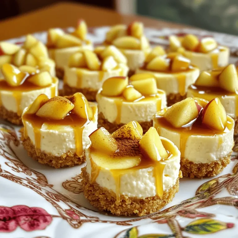 To make caramel apple cheesecake bites, gather these items: - 1 cup graham cracker crumbs - 1/4 cup granulated sugar - 1/2 cup unsalted butter, melted - 8 oz cream cheese, softened - 1/2 cup powdered sugar - 1 teaspoon vanilla extract - 1 small apple, peeled, cored, and finely diced - 1/2 teaspoon cinnamon - 1/4 cup caramel sauce (plus extra for drizzling) - Pinch of salt You can swap some ingredients if needed: - Use gingersnap crumbs instead of graham cracker crumbs for a spicier flavor. - Coconut oil can replace unsalted butter for a dairy-free option. - For a lighter cream cheese, try Neufchâtel cheese. - You can use brown sugar instead of granulated sugar for a deeper taste. For the best results, measure carefully: - Use a dry measuring cup for the graham cracker crumbs and sugar. - Pack the crumbs lightly but firmly to avoid air pockets. - Use a liquid measuring cup for melted butter. - When measuring powdered sugar, spoon it into the cup and level it off with a knife for accuracy. Start by gathering your ingredients for the crust. You need graham cracker crumbs, granulated sugar, and melted butter. Mix these in a medium bowl. Combine until the crumbs look like wet sand. This part is key because it holds everything together. Now, take mini muffin tins. Press about a tablespoon of this mixture into each cup. Use the back of a spoon to pack it down firmly. Make sure it is even and solid. This will form a nice base for your dessert. Next, you will create the cheesecake filling. Take softened cream cheese and put it in a bowl. Beat it until smooth and creamy. It should be free of lumps. Gradually add powdered sugar, vanilla extract, and a pinch of salt. Mix until everything is well combined. Now, chop your small apple into tiny pieces. Sprinkle in the cinnamon, then fold the apple and cinnamon into the cream cheese mixture. Make sure the apple is spread out evenly. This step adds flavor and texture to your bites. Now, it's time to assemble your cheesecake bites. Spoon the cheesecake mixture into the muffin tins over the crusts. Fill each cup to the top. This ensures each bite has a good amount of creaminess. After filling, place the muffin tin in the fridge. Let the bites chill for at least two hours. This helps them set and become firm. Once they are chilled, remove them carefully from the muffin tin. Drizzle caramel sauce on top of each bite for extra sweetness. You can also add thin apple slices for a nice touch. Enjoy your delicious caramel apple cheesecake bites! When making caramel apple cheesecake bites, avoid overmixing the filling. Overmixing can make the cheesecake too fluffy. Be gentle when folding in the diced apples. If you chop them too large, they won’t blend well. Also, don’t skip chilling time. If you remove them too soon, they may fall apart. For a smooth filling, make sure your cream cheese is very soft. It should be at room temperature. This helps it mix well with the sugar and other ingredients. A pinch of salt enhances the flavors and balances the sweetness. The right amount of caramel sauce adds a creamy richness without making it too runny. Serve these bites chilled for the best taste. Drizzle extra caramel sauce on top for a sweet finish. Add thin apple slices around the bites for a pretty presentation. Sprinkle a little cinnamon on top for a warm touch. This adds color and a lovely aroma, making them even more inviting. {{image_2}} You can make your caramel apple cheesecake bites even better. Add spices like nutmeg or ginger for warmth. These spices blend well with the apple and caramel. You can also try different extracts. Almond or maple extract gives a unique touch. Just one teaspoon will change the flavor. Experiment and find your favorite mix. Want a lighter treat? Use sugar substitutes like stevia or erythritol. These sweeteners make the bites lower in calories. You can also swap the cream cheese for Greek yogurt. This change adds protein and cuts fat. Look for low-fat or fat-free options for the crust too. Use whole wheat crumbs instead of regular graham crackers. These swaps keep the taste while being healthier. Change up the fruit for seasonal fun. In fall, use pears or cranberries instead of apples. These fruits offer a new taste and texture. In summer, fresh berries like blueberries or strawberries work great. They add a burst of color too. Each season brings unique flavors, so have fun trying different fruits. The options are endless! To keep your caramel apple cheesecake bites fresh, store them in an airtight container. Place parchment paper between layers if you stack them. This prevents sticking and keeps them neat. Keep the container in the fridge. These bites taste best when chilled. You can freeze these bites if you want to store them longer. First, let them cool completely. Then, place them on a baking sheet. Freeze for about an hour until firm. After that, transfer them to a freezer-safe container or bag. Make sure to label it with the date. In the fridge, these cheesecake bites last up to five days. If frozen, they can last for about three months. Just remember to thaw them in the fridge before serving. Enjoy the sweetness of caramel and apple whenever you want! Yes, you can make caramel apple cheesecake bites ahead of time. They taste better after chilling. Just prepare them and store them in the fridge. They can sit there for up to three days. This makes them perfect for parties or family gatherings. You can even freeze them if you want to save them longer. Just remember to thaw them in the fridge before serving. Serving these bites is simple. Place them on a nice platter for a pretty display. You can drizzle extra caramel sauce on top for added sweetness. Garnish with thin apple slices and a sprinkle of cinnamon. This adds a lovely touch and makes them look fancy. They are perfect for dessert tables or as a fun snack. Yes, you can make these cheesecake bites gluten-free. Use gluten-free graham crackers for the crust. Most brands offer tasty options that work well. You can also find gluten-free caramel sauce. Just check the label to be sure. This way, everyone can enjoy these delicious treats! You learned about cheesecake bites—how to make them, and tips to enhance your recipe. Remember to choose the right ingredients, measure them carefully, and avoid common mistakes for the best results. Experiment with flavors and healthier options to make this dessert your own. With proper storage, you can enjoy these bites longer. Making them ahead of time can save you stress. Now, you have the tools to create delicious cheesecake bites! Enjoy every bite and impress your friends and family.
