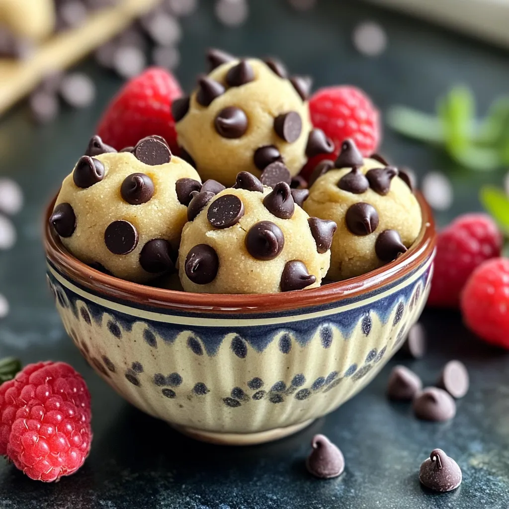 To make Keto Chocolate Chip Cookie Dough Bites, you need simple and healthy ingredients. Here is the list: - 1 cup almond flour - 1/4 cup coconut flour - 1/2 cup sugar-free chocolate chips - 1/4 cup erythritol sweetener - 1/4 cup unsalted butter, softened - 1 teaspoon vanilla extract - 1/4 teaspoon salt - 2 tablespoons almond milk Using almond flour and coconut flour keeps these bites low in carbs. I choose sugar-free chocolate chips to satisfy my sweet tooth while staying keto-friendly. Erythritol is my go-to sweetener because it has no calories and does not raise blood sugar. Softened butter adds richness and flavor, while vanilla extract brings warmth to the mix. A pinch of salt balances the sweetness. Almond milk is a great low-carb milk that helps achieve the right dough texture. You can use another low-carb milk if you prefer. Each ingredient plays a key role in making these bites delicious and satisfying. 1. Combine dry ingredients: Start by mixing the almond flour, coconut flour, and salt in a bowl. Stir well until everything is evenly mixed. 2. Cream butter and sweetener: In another bowl, take the softened butter and erythritol. Use an electric mixer or spatula to blend them until they look light and fluffy. 3. Mix wet ingredients into the butter mixture: Add the vanilla extract and almond milk to the butter mix. Stir it all together until there are no lumps and it's smooth. 1. Gradually add dry mixture to wet ingredients: Slowly add the dry mix to the creamed butter. Stir gently until it forms a dough. If the dough feels too dry, add a little more almond milk. 2. Adjust consistency with almond milk if needed: Keep an eye on the dough. You want it to hold together well but not be sticky. Adjust with almond milk until you reach the right texture. 1. Fold in chocolate chips: Take the sugar-free chocolate chips and mix them into the dough. Make sure they are evenly spread throughout. 2. Form bite-sized balls and freeze: Use your hands to shape the dough into small balls, about 1 inch wide. Place them on a baking sheet lined with parchment paper. Once you shape all the bites, put them in the freezer for about 30 minutes. This helps them firm up and makes them easy to eat later. - Achieving the right dough consistency Mix the almond flour and coconut flour well. The dough should feel soft but not sticky. If it’s too dry, add a little more almond milk. A little at a time goes a long way. - Substitutions for sweeteners Erythritol works great, but you can use monk fruit or stevia. Each sweetener has a unique taste. Adjust the amount based on your preference. - How to properly store the bites Keep your cookie dough bites in an airtight container. They last up to a week in the fridge. For longer storage, freeze them for future cravings. - Serving suggestions Serve the bites in a small bowl. Add a sprinkle of extra chocolate chips on top. You can also offer them on a platter with fresh berries for a pop of color. - Decorative ideas for presentation Place the bites in decorative liners. Use fun colors or patterns to brighten your table. A sprinkle of sea salt can also add a nice touch. {{image_2}} You can easily change the flavor of your Keto Chocolate Chip Cookie Dough Bites. One tasty idea is to make a peanut butter chocolate chip version. Just add 1/4 cup of natural peanut butter into the butter mixture. This will give your bites a rich, nutty flavor that pairs perfectly with chocolate. Another fun option is to add nuts or seeds. Chopped walnuts or pecans can add crunch and healthy fats. You might also try chia seeds or sunflower seeds for extra nutrition. Mix in about 1/4 cup of your choice for a unique twist. If you want a vegan-friendly version, swap the butter for coconut oil. Use a plant-based sweetener like monk fruit for a sweet taste. Replace almond milk with any nut-free milk, like oat milk, to keep it vegan. For those needing nut-free options, replace almond flour with sunflower seed flour. You can also use coconut flour, but adjust the amount to avoid dryness. This makes the bites safe and tasty for everyone. To keep your Keto chocolate chip cookie dough bites fresh, I recommend storing them properly. For short-term storage, place the bites in an airtight container in the refrigerator. They will stay fresh for up to a week. Make sure the container is sealed well to prevent any moisture from getting in. If you want to save them for later, you can freeze the bites. Freeze them on a baking sheet first until firm, then transfer them to a freezer-safe bag. This way, they won’t stick together. They can last in the freezer for up to three months. Just remember to label your bag with the date for easy tracking. When stored correctly, these treats can last for about a week in the fridge. If you freeze them, check for freshness when you take them out. The bites should still have a good texture and smell. To spot spoilage, look for changes in color or any off smells. If they feel dry or crumbly, it’s best to discard them. Enjoy your bites fresh for the best taste! Can I use another type of flour? Yes, you can use other low-carb flours. Coconut flour is a good choice. Just note that coconut flour absorbs more liquid. You may need to adjust the almond milk if you do this. Are these bites keto-friendly? Absolutely! These bites use almond flour and erythritol, which are great for keto diets. They keep your carb count low while satisfying your sweet cravings. How long will they last in the fridge? These cookie dough bites will stay fresh in the fridge for about a week. Make sure to store them in an airtight container to keep them tasty. What kitchen tools do I need? You will need a mixing bowl, an electric mixer or spatula, and a baking sheet. A set of measuring cups will also help you get the amounts right. How to know when the dough is ready? The dough should feel soft but not sticky. It needs to hold together when you form it into balls. If it crumbles, add a bit more almond milk to help it bind. This blog post covered everything you need to make tasty chocolate chip bites. We discussed the right ingredients, along with tips for prep and storage. Remember, adjusting sweetness and trying new flavors can make these bites even better. Keep the ideas shared here in mind, and enjoy making these treats. They are simple, fun, and great for sharing. Now, get in the kitchen and start creating your own delicious versions!