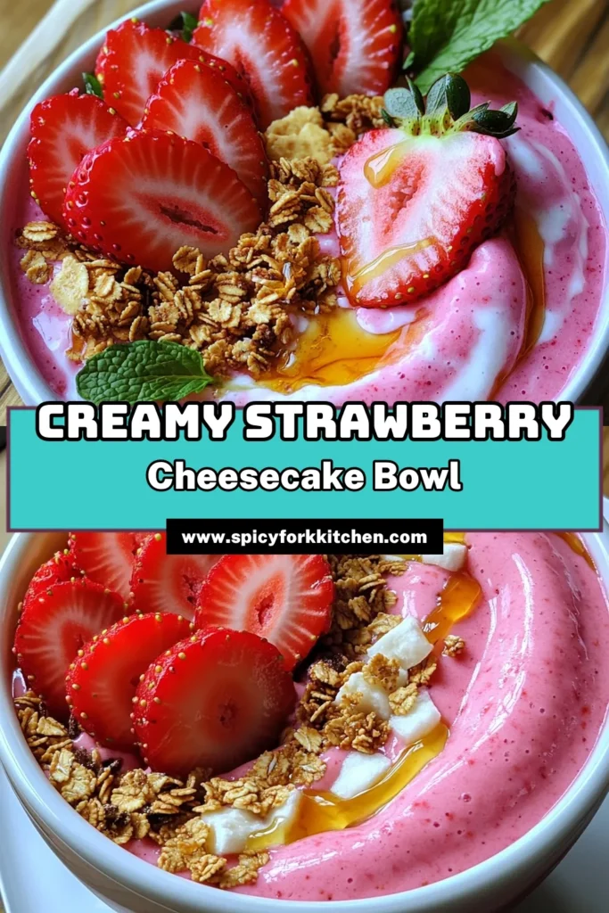 Indulge in the delightful taste of a Strawberry Cheesecake Smoothie Bowl that’s not only delicious but also easy to make! Blend fresh strawberries, banana, Greek yogurt, and a hint of cream cheese for a creamy breakfast or snack. Top it off with granola and mint for a beautiful finish. Ready to treat yourself? Click through for the full recipe and start your day deliciously! #SmoothieBowl #HealthyRecipes #StrawberryCheesecake #BreakfastGoals