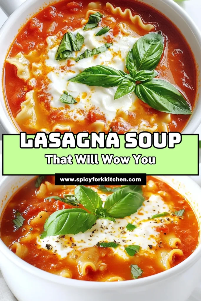 Dive into the comforting flavors of Lasagna Soup Delight! This easy recipe combines ground meat, savory tomatoes, and cheesy goodness in a cozy bowl of soup. Perfect for weeknight dinners, it's a hearty dish the whole family will love. Ready in just a few hours, you can effortlessly create a delicious meal that warms the soul. Click through to explore this delightful recipe and make your next dinner a hit! #LasagnaSoup #ComfortFood #EasyRecipes #WeeknightDinner
