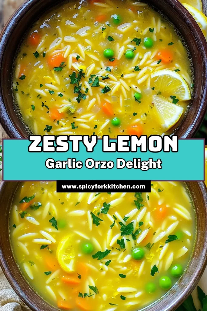 Brighten your meal with this delicious one pot lemon garlic orzo soup! Packed with nutritious vegetables and zesty lemon, this easy recipe is ready in just 25 minutes. Perfect for a quick weeknight dinner or a comforting lunch, you'll love how simple it is to make. Click through for the full recipe and elevate your cooking today! #OnePotRecipes #LemonGarlicSoup #EasySoupRecipe #HealthyEating