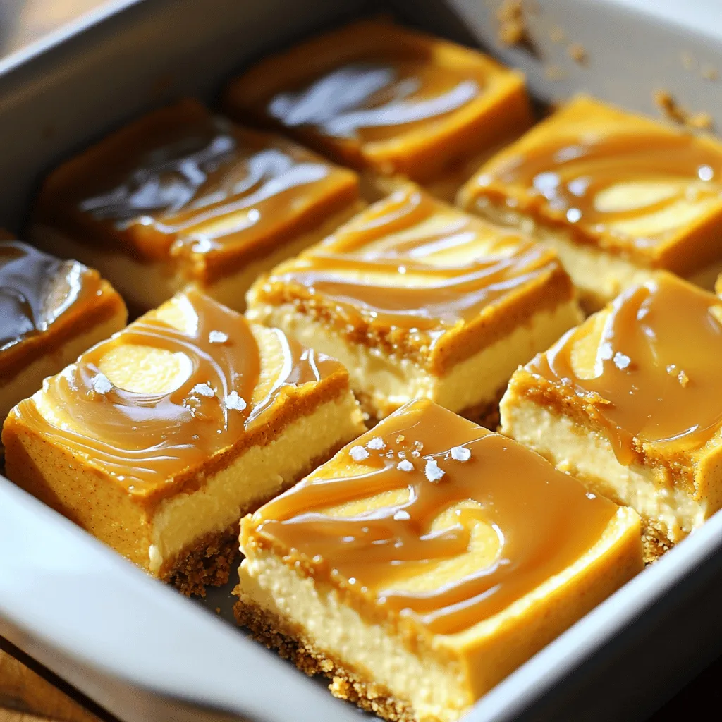 To make these delicious bars, you need a few key ingredients: - 1 cup graham cracker crumbs - 1/4 cup unsalted butter, melted - 2 tablespoons brown sugar - 2 cups cream cheese, softened - 1 cup pumpkin puree - 1/2 cup powdered sugar - 1 teaspoon vanilla extract - 1 teaspoon pumpkin pie spice - 1/2 cup heavy whipping cream - 1/2 cup caramel sauce, plus extra for topping - A pinch of sea salt Each ingredient plays an important role. The graham cracker crumbs form a sweet crust. The cream cheese and pumpkin give the filling a rich and creamy texture. The caramel sauce adds a sweet touch on top. If you need to make changes, here are some easy swaps: - Use crushed digestive biscuits instead of graham crackers for a different crust flavor. - Replace the unsalted butter with coconut oil for a dairy-free option. - Try Greek yogurt instead of cream cheese for a lighter filling. - Maple syrup can replace powdered sugar if you want natural sweetness. - You can use almond milk or oat cream instead of heavy cream for a dairy-free version. These substitutions can help you customize the recipe to your taste. To ensure the best taste, use fresh and high-quality ingredients: - Choose real pumpkin puree, not pumpkin pie filling. It should be pure and smooth. - Look for full-fat cream cheese. This gives a creamy and rich filling. - Use fresh spices. They add a stronger flavor to your bars. - Opt for high-quality caramel sauce. A good sauce enhances the overall taste. Quality ingredients make a big difference here. They help create a treat that everyone will enjoy. To start, gather your ingredients for the crust. You need: - 1 cup graham cracker crumbs - 1/4 cup unsalted butter, melted - 2 tablespoons brown sugar In a bowl, mix the graham cracker crumbs, melted butter, and brown sugar. Stir until it looks like wet sand. This mixture forms a tasty base for your cheesecake. Next, press it firmly into a greased 9x9-inch baking dish. Make sure to spread it evenly. Once done, place the dish in the refrigerator. Let it chill while you make the filling. Now it’s time for the filling. You will need: - 2 cups cream cheese, softened - 1 cup pumpkin puree - 1/2 cup powdered sugar - 1 teaspoon vanilla extract - 1 teaspoon pumpkin pie spice - 1/2 cup heavy whipping cream - 1/2 cup caramel sauce, plus extra for topping - A pinch of sea salt In a large bowl, beat the softened cream cheese until it’s smooth. This step ensures a creamy texture. Then, add the pumpkin puree, powdered sugar, vanilla extract, and pumpkin pie spice. Mix until everything is well combined. In another bowl, whip the heavy cream until stiff peaks form. This makes the filling light and fluffy. Gently fold the whipped cream into the pumpkin mixture. Be careful not to deflate it. Pour the pumpkin cheesecake filling over the chilled crust. Spread it evenly to the edges. Now, for a fun touch, drizzle caramel sauce on top in a swirling pattern. Use a knife to create swirls or marbling. This adds both flavor and a beautiful look. Sprinkle a pinch of sea salt on top for contrast. Cover the dish with plastic wrap and place it in the refrigerator. Chill for at least 4 hours, or until it sets nicely. Once set, cut the bars into squares. Drizzle more caramel sauce over each piece before serving. Enjoy your delicious, no-bake treat! To get the best texture for your cheesecake bars, focus on the cream cheese. Make sure it is soft. This helps it blend smoothly. Beat it well before adding other ingredients. When mixing in the pumpkin puree, ensure there are no lumps. Whipping the heavy cream is key. Beat it until stiff peaks form, then fold it gently into the pumpkin mixture. This step adds air, making the bars light and fluffy. You want them creamy but not too dense. One common mistake is not chilling the bars long enough. You must refrigerate them for at least four hours. If you cut them too soon, they will fall apart. Another mistake is skipping the sea salt. A pinch of salt brings out the flavors. Without it, the bars may taste flat. Lastly, avoid over-mixing your filling after adding the whipped cream. This can deflate the mixture and change the texture. To add more flavor, try using fresh spices. Instead of just pumpkin pie spice, add a bit of cinnamon or nutmeg. This can give the bars a warm, cozy taste. You can also mix in chopped nuts or chocolate chips for a fun twist. Drizzling extra caramel on top adds sweetness and richness. If you want a more decadent flavor, consider using cream cheese with a hint of vanilla. This small change can elevate the whole dessert. {{image_2}} You can play with flavors in your cheesecake bars. Think about chocolate, berry, or mint. For a chocolate version, mix in cocoa powder with the cream cheese. For berry flavors, swirl in pureed raspberries or strawberries. You can also try adding a hint of coffee for a mocha twist. Each flavor adds a fun spin to your bars. Want to make your bars a bit healthier? Try using Greek yogurt instead of cream cheese. It adds protein and keeps the texture creamy. You can swap out the brown sugar for honey or maple syrup. This change lowers refined sugar while adding unique flavors. For a gluten-free option, use almond flour instead of graham cracker crumbs. These swaps keep your dessert tasty and lighter. You can change the bars for each season. In fall, add apple pie spice for an autumn vibe. For winter, mix in peppermint extract for a festive flavor. In spring, try adding lemon zest for a fresh taste. Each season offers new ideas to keep your dessert exciting. Don't forget to top with seasonal fruits for a colorful touch! Storing your no bake caramel pumpkin cheesecake bars is easy. Keep them in the fridge. Use an airtight container to keep them fresh. You can also cover the dish tightly with plastic wrap. Make sure the bars are fully chilled before storing. This helps maintain their creamy texture. You can freeze these cheesecake bars for later. First, cut them into squares. Wrap each square in plastic wrap. Then, place them in a freezer-safe bag. Press out as much air as you can. They will stay fresh for up to three months. When you're ready to eat them, thaw them in the fridge overnight. These cheesecake bars taste best within a week. They will stay good for up to five days in the fridge. After that, the texture may change. If you freeze them, they remain good for three months. Always check for any signs of spoilage before serving. Enjoy your tasty treat! Yes, you can use homemade caramel sauce. Making it at home can add a personal touch. Just ensure it’s thick enough to drizzle. Homemade sauce often tastes fresher and richer. You can adjust the sweetness to your liking too. If you don’t have heavy cream, try using whipped coconut cream. It gives a similar texture and taste. You can also use half-and-half or evaporated milk. These options may change the taste slightly, but the bars will still be delicious. Chill the bars for at least four hours. This helps them set properly. If you have time, chilling them overnight is even better. The flavors meld together as they chill, making each bite even more delightful. You learned how to make no-bake caramel pumpkin cheesecake bars with easy steps. I shared tips on choosing the best ingredients, along with fun variations. Storing and freezing information helps keep your dessert fresh. Remember to avoid common mistakes for perfect results. These bars are not just tasty; they are fun to make for any occasion. Enjoy experimenting with flavors and enjoy your sweet treat!