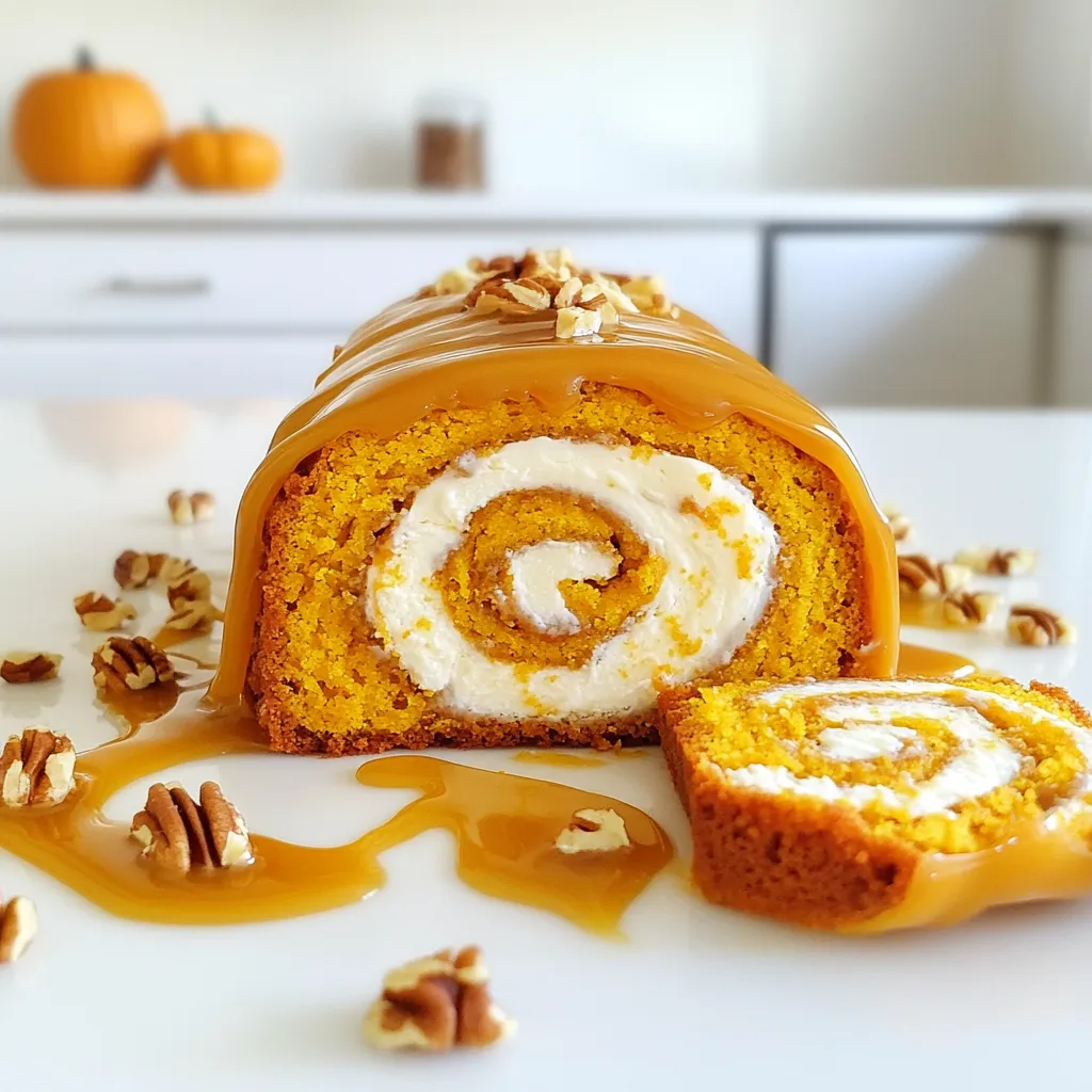 To make a delightful pumpkin roll with caramel drizzle, you need a few key ingredients. Here’s the list: - 3/4 cup all-purpose flour - 1/2 teaspoon baking powder - 1/2 teaspoon baking soda - 1 teaspoon ground cinnamon - 1/2 teaspoon ground ginger - 1/4 teaspoon ground nutmeg - 1/4 teaspoon salt - 3 large eggs - 1 cup granulated sugar - 2/3 cup canned pumpkin puree - 1 teaspoon vanilla extract - 1 cup cream cheese, softened - 1 cup powdered sugar - 1 teaspoon lemon juice - 1/2 cup caramel sauce (store-bought or homemade) - Chopped pecans or walnuts (optional, for garnish) Each ingredient plays a special role. The flour gives the roll its structure. Baking powder and soda help it rise. The spices add warmth and flavor. Eggs and sugar create a fluffy texture. Pumpkin puree makes it moist and gives it that lovely orange hue. The cream cheese filling adds richness. The caramel drizzle is the sweet final touch. You can use chopped nuts for a nice crunch. This list covers everything you need to create this tasty treat! 1. Preheat your oven to 350°F (175°C). 2. Line a 15x10-inch jelly roll pan with parchment paper. Leave some overhang for easy removal. Lightly grease the paper. 3. In a medium bowl, whisk together the flour, baking powder, baking soda, cinnamon, ginger, nutmeg, and salt. Set this aside. 4. In a large mixing bowl, beat the eggs and sugar together. Whip until thick and pale, which takes about 2-3 minutes. 1. Stir in the pumpkin puree and vanilla extract with the egg mixture. Mix until well combined. 2. Gradually fold the flour mixture into the wet ingredients. Be careful not to overmix. 3. Pour the batter into the prepared jelly roll pan. Spread it evenly across the pan. 4. Bake for about 13-15 minutes. Check with a toothpick. It should come out clean. 5. Once baked, immediately turn the cake onto a clean kitchen towel. Dust the towel with powdered sugar. 6. Carefully peel off the parchment paper. Start at one short side and roll the cake with the towel. Let it cool completely while rolled. 1. While the cake cools, prepare the filling. Mix the cream cheese, powdered sugar, and lemon juice until smooth. 2. After the cake has cooled, unroll it carefully. Spread the cream cheese mixture evenly over the cake. 3. Roll the cake back up, this time without the towel. Place it seam-side down on a serving platter. 4. Drizzle caramel sauce generously over the top. You can sprinkle chopped nuts on top if you like. 5. Slice into pieces and serve. Enjoy your lovely pumpkin roll! To make a great pumpkin roll, cooling is key. After baking, turn the cake onto a towel sprinkled with powdered sugar. This helps prevent sticking. Roll it up with the towel inside to cool. This keeps it moist and flexible. When rolling, be gentle. Start at one short end and roll carefully. If it cracks, don't worry! You can cover it with the filling later. If you have dietary needs, substitute ingredients. Use gluten-free flour for a safe option. You can also swap eggs with flaxseed or applesauce to make it vegan. For the cream cheese filling, make sure your cream cheese is soft. This helps it mix well. Beat it until smooth to avoid lumps. Want to enhance the flavor? Add a touch of vanilla or cinnamon to the filling. These flavors pair well with pumpkin. A hint of nutmeg also works great. For a stunning presentation, place the pumpkin roll on a nice platter. Drizzle caramel sauce over the top. Sprinkle with chopped pecans or walnuts for crunch. Pair this treat with warm drinks like chai or coffee. The spices in the roll go well with these flavors. A scoop of vanilla ice cream on the side is also a nice addition. {{image_2}} For those with dietary needs, I have some great options. - Gluten-free options: You can swap all-purpose flour for gluten-free flour. Make sure it has a good binding agent, like xanthan gum, to keep your roll intact. - Vegan adaptations: Replace eggs with flaxseed meal. Mix one tablespoon of flaxseed meal with three tablespoons of water. Let it sit for a few minutes to thicken. Use a dairy-free cream cheese for the filling. Want to switch things up? Here are some fun ideas. - Adding chocolate or spices: You can fold in chocolate chips to the batter for a sweet surprise. For extra spice, add a pinch of ground cloves or allspice. - Incorporating different nuts: Try adding chopped pecans, walnuts, or even hazelnuts to the filling. They add a nice crunch and flavor. Make your pumpkin roll fit the season! - Holiday-themed variations: For Christmas, add peppermint extract to the cream cheese filling. For Thanksgiving, sprinkle some nutmeg on top for a festive touch. - Garnishes according to the season: In fall, use candied pecans as a topping. In spring, top with fresh berries for a bright look. To keep your pumpkin roll fresh, first, let it cool completely. Wrap it tightly in plastic wrap. Then, place it in an airtight container. This keeps it moist and tasty. You can store leftovers in the fridge for up to a week. For longer storage, freeze the roll. Just slice it first for easy serving later. When stored well, your pumpkin roll lasts about 5 to 7 days in the fridge. If you freeze it, aim to eat it within three months for the best taste. Look for signs of spoilage, like a sour smell or mold. If you see any, it's best to toss it. To reheat your pumpkin roll, slice it into pieces. Place them on a microwave-safe plate. Heat for about 10 to 15 seconds. This warms it without drying it out. You can also warm it in a toaster oven. Set it to low heat for a few minutes, checking often. Enjoy that soft texture and rich flavor! To make your pumpkin roll easier to roll, use a kitchen towel. Dust it with powdered sugar. When the cake comes out of the oven, flip it onto the towel. This will help prevent sticking. Start rolling from one end while the cake is warm. This keeps its shape better. Yes, you can make the filling ahead of time. Mix the cream cheese, powdered sugar, and lemon juice. Store it in an airtight container in the fridge. This way, you save time later. Just let it sit at room temperature for a bit before spreading. You know the pumpkin roll is done when a toothpick comes out clean from the center. Bake it for about 13-15 minutes. If the edges pull away from the pan slightly, that’s a good sign too. Keep an eye on it to avoid overbaking. If you need a substitute for cream cheese, try mascarpone or Greek yogurt. Both provide a creamy texture. You can also use a dairy-free cream cheese if you want a vegan option. Just adjust the sugar to taste for your filling. Yes, you can freeze the pumpkin roll. Wrap it tightly in plastic wrap and then in foil. This helps prevent freezer burn. It can stay good for about three months. Thaw it in the fridge before serving for the best texture. In this post, I shared how to make a delicious pumpkin roll. You learned about key ingredients, step-by-step instructions, and tips for success. I also covered tasty variations and storage practices to keep your treat fresh. Remember, practice makes perfect when rolling the cake. Have fun while experimenting with flavors and presentations. Enjoy your homemade pumpkin roll, and share it with friends for a delightful treat!