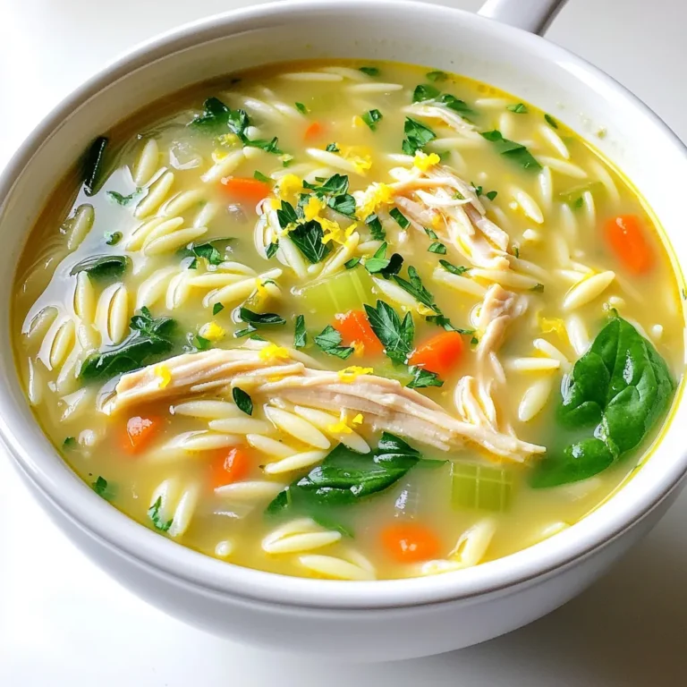 - 1 pound boneless, skinless chicken breasts - 1 cup orzo pasta - 4 cups chicken broth - 1 medium onion, finely chopped - 2 cloves garlic, minced - 2 carrots, diced - 2 celery stalks, diced - 1 cup fresh spinach Chicken forms the base of this soup. I love using boneless, skinless breasts for easy cooking. They cook fast and shred well. Orzo pasta adds a fun texture and heartiness. It swells nicely in the broth. The vegetables—onion, carrots, and celery—bring flavor and nutrition. They make the soup feel fresh and bright. Fresh spinach rounds out the mix, adding color and nutrients. - Juice and zest of 1 lemon - 1 cup heavy cream - Salt and pepper to taste - 2 tablespoons olive oil Lemon juice and zest create a zingy flavor. They brighten up the dish and make it feel light. Heavy cream adds richness and creaminess to the broth. It balances the tartness of the lemon. Don't forget salt and pepper for seasoning. They enhance all the flavors in the soup. Olive oil helps to sauté the veggies and adds a layer of flavor. - Fresh parsley, chopped (for garnish) - Additional spices Fresh parsley gives a pop of green and fresh taste. It makes the soup look great, too. You can add more spices for extra flavor. Try thyme or dill for a new twist. These garnishes are not just pretty; they also boost flavor. To start, heat 2 tablespoons of olive oil in a large pot over medium heat. Add 1 finely chopped medium onion, 2 diced carrots, and 2 diced celery stalks. Sauté these veggies for about 5 minutes. You want them soft and fragrant. Next, stir in 2 minced garlic cloves and cook for another minute. This will add a lovely aroma to your soup. Now, take 1 pound of boneless, skinless chicken breasts. Season them with salt and pepper. Add the chicken to the pot. Pour in 4 cups of chicken broth and bring everything to a boil. Once it boils, lower the heat. Let it simmer for 15 to 20 minutes until the chicken is cooked through. While the chicken cooks, bring a separate pot of salted water to a boil. Add 1 cup of orzo pasta to the water and cook it according to the package instructions, usually about 8 to 10 minutes. While the orzo cooks, mix 1 cup of heavy cream with the juice and zest of 1 lemon in a bowl. This creamy lemon mixture will give your soup a bright flavor. Once the orzo is done, drain it and set it aside. After the chicken is cooked, remove it from the pot. Use two forks to shred it into bite-sized pieces. Set the shredded chicken aside. Now, add the cooked orzo and 1 cup of fresh spinach to the pot. Stir in your creamy lemon mixture and mix well. Heat everything through and adjust the seasoning with salt and pepper to taste. Serve the soup hot, topped with fresh chopped parsley for a beautiful finish. Enjoy your creamy lemon chicken orzo soup! To make this soup truly shine, focus on the cooking methods. Start by sautéing the onion, carrots, and celery until soft. This builds a flavor base. Always use fresh, quality chicken. It gives the soup a rich taste. For a creamy texture, mix heavy cream with lemon juice and zest. Add this mixture at the end. It ensures your soup remains smooth and rich. Stir gently to combine, and avoid boiling after adding cream to keep it perfect. Prepping ingredients in advance saves you time. Chop the veggies and store them in the fridge. This way, you can start cooking right away. Using rotisserie chicken is a great shortcut. It’s already cooked, tender, and flavorful. Just shred it and add it to the pot. This saves you cooking time and still adds great taste. Herbs can enhance your soup easily. Try adding fresh parsley or thyme. These herbs add depth and freshness. You can also use dried herbs if fresh ones aren’t available. Adjusting acidity is key. If the soup tastes too rich, add a bit more lemon juice. This brightens the flavors and balances the creaminess. Just taste as you go for the best results. {{image_2}} You can switch up the protein in this soup. Turkey works well if you have leftovers. For a plant-based option, try tofu. It adds a nice texture and soaks up flavor. If you're out of orzo, you can use other pasta. Small shapes like ditalini or even rice are great substitutes. They will still soak in the creamy goodness. Adding herbs can boost the taste. Thyme brings a warm flavor, while dill adds a fresh twist. Both pair well with the lemon. You can also play with the veggies. Try adding peas, zucchini, or bell peppers. Each adds a unique taste and texture to the soup. For a lighter version, swap heavy cream for low-fat yogurt or milk. This keeps the soup creamy without the extra calories. You can also add more veggies. Spinach is a great start, but you can include kale, broccoli, or cauliflower. More veggies mean more nutrients and fiber. To store leftovers of the creamy lemon chicken orzo soup, let it cool first. Transfer the soup to an airtight container. This keeps the soup fresh and prevents it from absorbing other fridge smells. In the fridge, it will last about 3 to 4 days. If you think you won't eat it in that time, freezing is a better option. To freeze the soup, wait until it cools completely. Pour it into freezer-safe bags or containers, leaving some space for expansion. Label the bags with the date. This soup can freeze well for up to 3 months. When you want to eat it, move it to the fridge overnight to thaw. You can also use a microwave for quicker thawing. For reheating, avoid boiling the soup as it can change the texture. Instead, heat it gently on the stove over low heat. Stir often to keep everything smooth. If the soup seems thick, add a bit of chicken broth or water. To boost the flavor, squeeze in some fresh lemon juice just before serving. This brightens the taste nicely! Orzo pasta is a small, rice-shaped pasta. It cooks quickly and is great in soups. You can use it in salads or as a side dish too. Its shape absorbs flavors well, making it perfect for creamy soups like this one. Yes, you can make this soup ahead of time. To do this, cook the soup without the orzo. Store it in the fridge for up to three days. When you are ready to eat, heat it up and add the orzo. This keeps the pasta from getting too soft. Yes, you can make this soup gluten-free. Use gluten-free orzo or a different gluten-free pasta. You can also swap the chicken broth for a gluten-free version. Just check the labels to be sure! This soup combines chicken, orzo, and fresh veggies for a hearty meal. By adding lemon juice and cream, you enhance the flavor and richness. You can tailor it to fit your tastes by swapping proteins or adding herbs. Remember to store leftovers properly to keep them fresh. This recipe is easy to adapt, making it perfect for anyone. Enjoy crafting your own delicious version, and don’t hesitate to experiment a bit. You'll find the perfect balance for your kitchen.