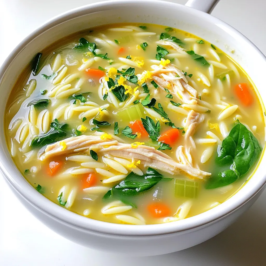 - 1 pound boneless, skinless chicken breasts - 1 cup orzo pasta - 4 cups chicken broth - 1 medium onion, finely chopped - 2 cloves garlic, minced - 2 carrots, diced - 2 celery stalks, diced - 1 cup fresh spinach Chicken forms the base of this soup. I love using boneless, skinless breasts for easy cooking. They cook fast and shred well. Orzo pasta adds a fun texture and heartiness. It swells nicely in the broth. The vegetables—onion, carrots, and celery—bring flavor and nutrition. They make the soup feel fresh and bright. Fresh spinach rounds out the mix, adding color and nutrients. - Juice and zest of 1 lemon - 1 cup heavy cream - Salt and pepper to taste - 2 tablespoons olive oil Lemon juice and zest create a zingy flavor. They brighten up the dish and make it feel light. Heavy cream adds richness and creaminess to the broth. It balances the tartness of the lemon. Don't forget salt and pepper for seasoning. They enhance all the flavors in the soup. Olive oil helps to sauté the veggies and adds a layer of flavor. - Fresh parsley, chopped (for garnish) - Additional spices Fresh parsley gives a pop of green and fresh taste. It makes the soup look great, too. You can add more spices for extra flavor. Try thyme or dill for a new twist. These garnishes are not just pretty; they also boost flavor. To start, heat 2 tablespoons of olive oil in a large pot over medium heat. Add 1 finely chopped medium onion, 2 diced carrots, and 2 diced celery stalks. Sauté these veggies for about 5 minutes. You want them soft and fragrant. Next, stir in 2 minced garlic cloves and cook for another minute. This will add a lovely aroma to your soup. Now, take 1 pound of boneless, skinless chicken breasts. Season them with salt and pepper. Add the chicken to the pot. Pour in 4 cups of chicken broth and bring everything to a boil. Once it boils, lower the heat. Let it simmer for 15 to 20 minutes until the chicken is cooked through. While the chicken cooks, bring a separate pot of salted water to a boil. Add 1 cup of orzo pasta to the water and cook it according to the package instructions, usually about 8 to 10 minutes. While the orzo cooks, mix 1 cup of heavy cream with the juice and zest of 1 lemon in a bowl. This creamy lemon mixture will give your soup a bright flavor. Once the orzo is done, drain it and set it aside. After the chicken is cooked, remove it from the pot. Use two forks to shred it into bite-sized pieces. Set the shredded chicken aside. Now, add the cooked orzo and 1 cup of fresh spinach to the pot. Stir in your creamy lemon mixture and mix well. Heat everything through and adjust the seasoning with salt and pepper to taste. Serve the soup hot, topped with fresh chopped parsley for a beautiful finish. Enjoy your creamy lemon chicken orzo soup! To make this soup truly shine, focus on the cooking methods. Start by sautéing the onion, carrots, and celery until soft. This builds a flavor base. Always use fresh, quality chicken. It gives the soup a rich taste. For a creamy texture, mix heavy cream with lemon juice and zest. Add this mixture at the end. It ensures your soup remains smooth and rich. Stir gently to combine, and avoid boiling after adding cream to keep it perfect. Prepping ingredients in advance saves you time. Chop the veggies and store them in the fridge. This way, you can start cooking right away. Using rotisserie chicken is a great shortcut. It’s already cooked, tender, and flavorful. Just shred it and add it to the pot. This saves you cooking time and still adds great taste. Herbs can enhance your soup easily. Try adding fresh parsley or thyme. These herbs add depth and freshness. You can also use dried herbs if fresh ones aren’t available. Adjusting acidity is key. If the soup tastes too rich, add a bit more lemon juice. This brightens the flavors and balances the creaminess. Just taste as you go for the best results. {{image_2}} You can switch up the protein in this soup. Turkey works well if you have leftovers. For a plant-based option, try tofu. It adds a nice texture and soaks up flavor. If you're out of orzo, you can use other pasta. Small shapes like ditalini or even rice are great substitutes. They will still soak in the creamy goodness. Adding herbs can boost the taste. Thyme brings a warm flavor, while dill adds a fresh twist. Both pair well with the lemon. You can also play with the veggies. Try adding peas, zucchini, or bell peppers. Each adds a unique taste and texture to the soup. For a lighter version, swap heavy cream for low-fat yogurt or milk. This keeps the soup creamy without the extra calories. You can also add more veggies. Spinach is a great start, but you can include kale, broccoli, or cauliflower. More veggies mean more nutrients and fiber. To store leftovers of the creamy lemon chicken orzo soup, let it cool first. Transfer the soup to an airtight container. This keeps the soup fresh and prevents it from absorbing other fridge smells. In the fridge, it will last about 3 to 4 days. If you think you won't eat it in that time, freezing is a better option. To freeze the soup, wait until it cools completely. Pour it into freezer-safe bags or containers, leaving some space for expansion. Label the bags with the date. This soup can freeze well for up to 3 months. When you want to eat it, move it to the fridge overnight to thaw. You can also use a microwave for quicker thawing. For reheating, avoid boiling the soup as it can change the texture. Instead, heat it gently on the stove over low heat. Stir often to keep everything smooth. If the soup seems thick, add a bit of chicken broth or water. To boost the flavor, squeeze in some fresh lemon juice just before serving. This brightens the taste nicely! Orzo pasta is a small, rice-shaped pasta. It cooks quickly and is great in soups. You can use it in salads or as a side dish too. Its shape absorbs flavors well, making it perfect for creamy soups like this one. Yes, you can make this soup ahead of time. To do this, cook the soup without the orzo. Store it in the fridge for up to three days. When you are ready to eat, heat it up and add the orzo. This keeps the pasta from getting too soft. Yes, you can make this soup gluten-free. Use gluten-free orzo or a different gluten-free pasta. You can also swap the chicken broth for a gluten-free version. Just check the labels to be sure! This soup combines chicken, orzo, and fresh veggies for a hearty meal. By adding lemon juice and cream, you enhance the flavor and richness. You can tailor it to fit your tastes by swapping proteins or adding herbs. Remember to store leftovers properly to keep them fresh. This recipe is easy to adapt, making it perfect for anyone. Enjoy crafting your own delicious version, and don’t hesitate to experiment a bit. You'll find the perfect balance for your kitchen.