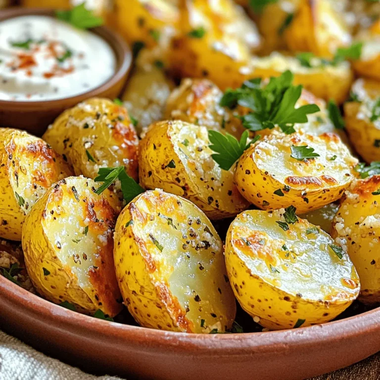 - 1.5 pounds baby potatoes, halved - ¼ cup olive oil - 4 cloves garlic, minced I love using baby potatoes in this recipe. They are small and tender, making them perfect for roasting. When you cut them in half, the inside gets nice and fluffy. The skin gets crispy, which adds great texture. Olive oil helps the potatoes roast well. It gives them a lovely flavor and helps the garlic stick. Minced garlic brings a strong taste. It really makes these potatoes pop. - ½ cup grated Parmesan cheese - 1 teaspoon dried oregano - 1 teaspoon paprika Parmesan cheese is a star here. It melts slightly and creates a savory crust on the potatoes. Dried oregano adds a hint of earthiness. It pairs well with the garlic and cheese. Paprika gives a warm color and a slight kick. Together, these seasonings make the dish burst with flavor. - Fresh parsley, chopped - Salt and pepper Adding fresh parsley at the end brightens the dish. It adds a pop of color and a fresh taste. Salt and pepper are key seasonings. They enhance all the flavors in the dish. You can adjust them to your liking. This way, you make the potatoes just right for your taste buds. First, preheat your oven to 425°F (220°C). This step helps the potatoes cook evenly and get crispy. While the oven heats, line a large baking sheet with parchment paper. This keeps the potatoes from sticking and makes cleanup easy. In a large mixing bowl, add the halved baby potatoes. Pour in the olive oil and sprinkle the minced garlic, grated Parmesan cheese, dried oregano, paprika, salt, and pepper over the top. Now, toss the potatoes with the mixture. Make sure every piece is coated well. This ensures that the flavors stick to the potatoes as they bake. Spread the coated potatoes in a single layer on the lined baking sheet. This step is key for getting that crispy texture. Bake them in the preheated oven for 25-30 minutes. Flip the potatoes halfway through baking. This helps them brown evenly. Once they are golden brown and crispy, take them out of the oven. Let them cool for a couple of minutes. To finish, garnish with freshly chopped parsley before serving. This adds a pop of color and fresh taste. Enjoy your tasty sheet pan garlic Parmesan potatoes! To get that crispy finish, space your potatoes well on the baking sheet. If they touch, they will steam instead of crisp. Spread them out in one layer. This allows hot air to circulate and brown them evenly. Flipping the potatoes halfway through baking is key. This step helps both sides brown nicely. Use a spatula to turn them over gently. This way, you will get that golden crunch all over. If you need an alternative for olive oil, consider using avocado oil. It has a similar taste and can handle high heat. You can also try melted butter for a richer flavor. When it comes to herbs and spices, feel free to mix it up. Use fresh herbs like rosemary or thyme for a fragrant twist. You can also add a pinch of cayenne pepper for some heat. Pair your crispy potatoes with tasty dips. Sour cream or a spicy aioli works great. You can also try a tangy yogurt sauce for a fresh taste. For presentation, serve the potatoes in a rustic bowl. Sprinkle extra Parmesan and parsley on top for a pop of color. This makes the dish look inviting and delicious. {{image_2}} You can spice up your potatoes with a spicy garlic Parmesan version. Just add red pepper flakes to your mix. This gives a great kick without losing the garlic flavor. Another option is the herbed Mediterranean style. Use fresh herbs like thyme, rosemary, or basil. This change brings a bright taste to your dish. Mix these herbs with the garlic and Parmesan for a fresh twist. You can add other vegetables to your sheet pan. Carrots, bell peppers, or broccoli work great. Just chop them into similar sizes to the potatoes. This helps them cook evenly. Timing is key when adding different veggies. Root vegetables, like carrots, need more time. Add them to the pan at the same time as the potatoes. Leafy greens, like spinach, cook fast. Add them in the last 5-10 minutes of baking. For a gluten-free option, check your Parmesan cheese. Some brands may contain gluten. Most fresh cheeses are safe, but always read the label. If you're vegan, substitute the Parmesan with nutritional yeast. This gives a cheesy flavor without dairy. You can also use vegan butter instead of olive oil for a richer taste. To store your leftover garlic Parmesan potatoes, place them in an airtight container. Allow them to cool first. Once cool, seal the container tight. This helps keep them fresh. You can store them in the fridge for up to four days. If you want to freeze them, use freezer-safe bags. Remove as much air as possible before sealing. Label the bags with the date. Frozen potatoes can last up to three months. Remember to thaw them in the fridge before reheating. For the best reheating, use an oven. Preheat it to 375°F (190°C). Spread the potatoes on a baking sheet. Heat for about 10-15 minutes. This keeps them crispy and warm. You can also use an air fryer. It gives a nice crunch. Set the air fryer to 350°F (175°C) and heat for 5-7 minutes. To keep them crispy, do not cover them while reheating. Covering traps steam and makes them soggy. In the fridge, your garlic Parmesan potatoes last about four days. After that, they may not taste good. Look for signs of spoilage. If they smell bad, have a slimy texture, or change color, toss them away. Always trust your senses to keep food safe. To get crispy potatoes, follow these tips. First, cut each potato in half. This helps them cook faster. Use baby potatoes for the best texture. Next, make sure to coat them well in olive oil. The oil helps crisp up the skin. Spread the potatoes in a single layer on your baking sheet. If they are too close, they will steam, not crisp. Flip the potatoes halfway through baking. This ensures they cook evenly. Bake them at 425°F for 25-30 minutes. Look for a golden brown color. Lastly, let them cool for a few minutes before serving. This helps them firm up a bit more. Yes, you can use other potato types! If you want a different flavor, try Yukon Gold or red potatoes. They are creamy and delicious. You can also use fingerling potatoes for a fun shape. Just make sure to cut them into similar sizes. This helps them cook evenly. If you choose larger potatoes, cut them into smaller pieces. This way, they will cook just as fast. These potatoes go well with many dishes! Serve them alongside grilled chicken or steak. They also pair nicely with fish. A fresh salad adds a nice crunch to your meal. For a vegetarian option, try them with roasted veggies. You can also serve them with a dipping sauce, like ranch or aioli. This adds a fun twist! Enjoy your meal with friends and family for a great time. This article outlined how to make delicious sheet pan garlic Parmesan potatoes. We covered the main ingredients, step-by-step instructions, tips for crispiness, and variations. Remember, spacing your potatoes and flipping them helps them get crispy. Feel free to experiment with flavors or veggies. Store leftovers properly for later enjoyment. Cooking can be fun and rewarding, leading to tasty meals. Now, it’s time to try this recipe and enjoy your cooking!