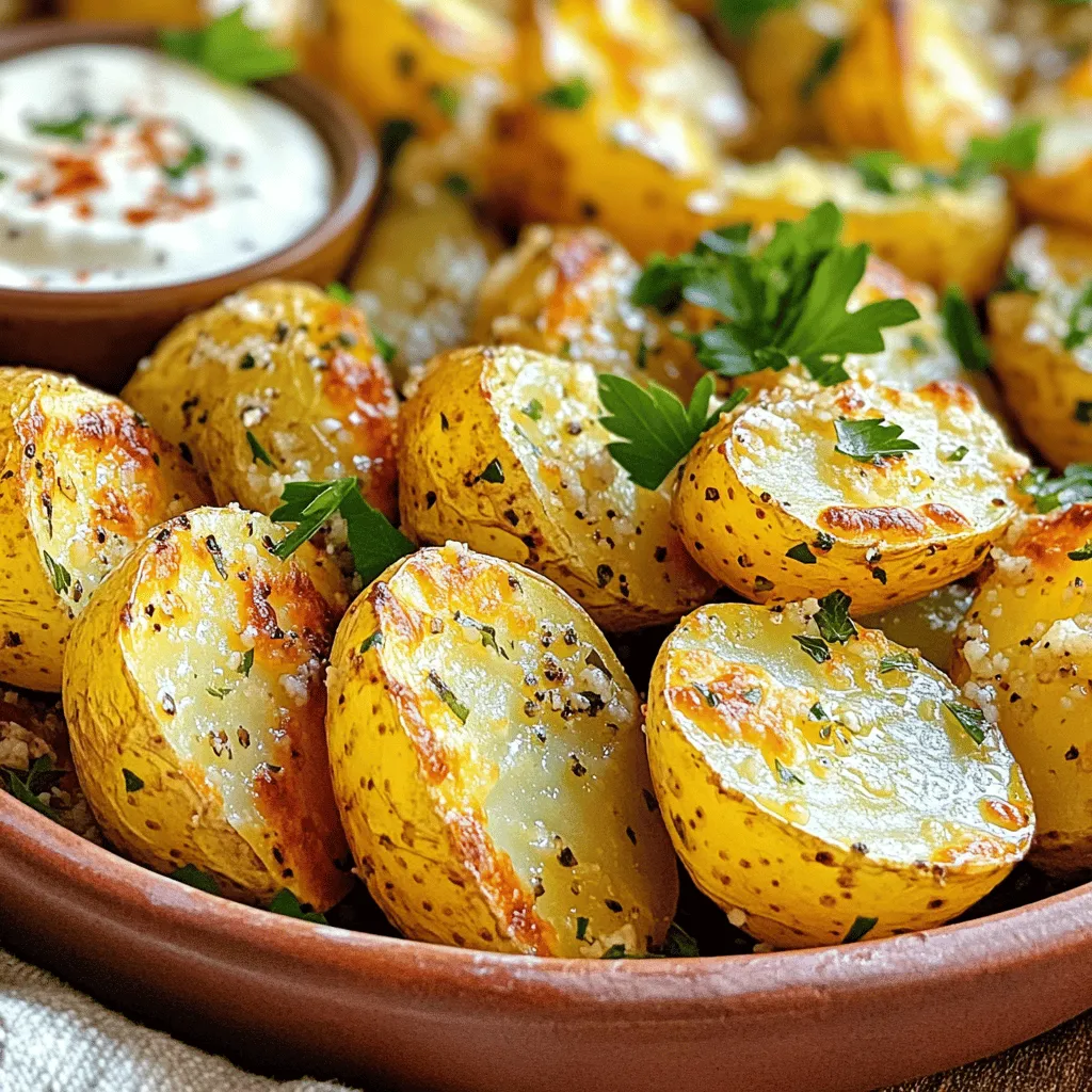 - 1.5 pounds baby potatoes, halved - ¼ cup olive oil - 4 cloves garlic, minced I love using baby potatoes in this recipe. They are small and tender, making them perfect for roasting. When you cut them in half, the inside gets nice and fluffy. The skin gets crispy, which adds great texture. Olive oil helps the potatoes roast well. It gives them a lovely flavor and helps the garlic stick. Minced garlic brings a strong taste. It really makes these potatoes pop. - ½ cup grated Parmesan cheese - 1 teaspoon dried oregano - 1 teaspoon paprika Parmesan cheese is a star here. It melts slightly and creates a savory crust on the potatoes. Dried oregano adds a hint of earthiness. It pairs well with the garlic and cheese. Paprika gives a warm color and a slight kick. Together, these seasonings make the dish burst with flavor. - Fresh parsley, chopped - Salt and pepper Adding fresh parsley at the end brightens the dish. It adds a pop of color and a fresh taste. Salt and pepper are key seasonings. They enhance all the flavors in the dish. You can adjust them to your liking. This way, you make the potatoes just right for your taste buds. First, preheat your oven to 425°F (220°C). This step helps the potatoes cook evenly and get crispy. While the oven heats, line a large baking sheet with parchment paper. This keeps the potatoes from sticking and makes cleanup easy. In a large mixing bowl, add the halved baby potatoes. Pour in the olive oil and sprinkle the minced garlic, grated Parmesan cheese, dried oregano, paprika, salt, and pepper over the top. Now, toss the potatoes with the mixture. Make sure every piece is coated well. This ensures that the flavors stick to the potatoes as they bake. Spread the coated potatoes in a single layer on the lined baking sheet. This step is key for getting that crispy texture. Bake them in the preheated oven for 25-30 minutes. Flip the potatoes halfway through baking. This helps them brown evenly. Once they are golden brown and crispy, take them out of the oven. Let them cool for a couple of minutes. To finish, garnish with freshly chopped parsley before serving. This adds a pop of color and fresh taste. Enjoy your tasty sheet pan garlic Parmesan potatoes! To get that crispy finish, space your potatoes well on the baking sheet. If they touch, they will steam instead of crisp. Spread them out in one layer. This allows hot air to circulate and brown them evenly. Flipping the potatoes halfway through baking is key. This step helps both sides brown nicely. Use a spatula to turn them over gently. This way, you will get that golden crunch all over. If you need an alternative for olive oil, consider using avocado oil. It has a similar taste and can handle high heat. You can also try melted butter for a richer flavor. When it comes to herbs and spices, feel free to mix it up. Use fresh herbs like rosemary or thyme for a fragrant twist. You can also add a pinch of cayenne pepper for some heat. Pair your crispy potatoes with tasty dips. Sour cream or a spicy aioli works great. You can also try a tangy yogurt sauce for a fresh taste. For presentation, serve the potatoes in a rustic bowl. Sprinkle extra Parmesan and parsley on top for a pop of color. This makes the dish look inviting and delicious. {{image_2}} You can spice up your potatoes with a spicy garlic Parmesan version. Just add red pepper flakes to your mix. This gives a great kick without losing the garlic flavor. Another option is the herbed Mediterranean style. Use fresh herbs like thyme, rosemary, or basil. This change brings a bright taste to your dish. Mix these herbs with the garlic and Parmesan for a fresh twist. You can add other vegetables to your sheet pan. Carrots, bell peppers, or broccoli work great. Just chop them into similar sizes to the potatoes. This helps them cook evenly. Timing is key when adding different veggies. Root vegetables, like carrots, need more time. Add them to the pan at the same time as the potatoes. Leafy greens, like spinach, cook fast. Add them in the last 5-10 minutes of baking. For a gluten-free option, check your Parmesan cheese. Some brands may contain gluten. Most fresh cheeses are safe, but always read the label. If you're vegan, substitute the Parmesan with nutritional yeast. This gives a cheesy flavor without dairy. You can also use vegan butter instead of olive oil for a richer taste. To store your leftover garlic Parmesan potatoes, place them in an airtight container. Allow them to cool first. Once cool, seal the container tight. This helps keep them fresh. You can store them in the fridge for up to four days. If you want to freeze them, use freezer-safe bags. Remove as much air as possible before sealing. Label the bags with the date. Frozen potatoes can last up to three months. Remember to thaw them in the fridge before reheating. For the best reheating, use an oven. Preheat it to 375°F (190°C). Spread the potatoes on a baking sheet. Heat for about 10-15 minutes. This keeps them crispy and warm. You can also use an air fryer. It gives a nice crunch. Set the air fryer to 350°F (175°C) and heat for 5-7 minutes. To keep them crispy, do not cover them while reheating. Covering traps steam and makes them soggy. In the fridge, your garlic Parmesan potatoes last about four days. After that, they may not taste good. Look for signs of spoilage. If they smell bad, have a slimy texture, or change color, toss them away. Always trust your senses to keep food safe. To get crispy potatoes, follow these tips. First, cut each potato in half. This helps them cook faster. Use baby potatoes for the best texture. Next, make sure to coat them well in olive oil. The oil helps crisp up the skin. Spread the potatoes in a single layer on your baking sheet. If they are too close, they will steam, not crisp. Flip the potatoes halfway through baking. This ensures they cook evenly. Bake them at 425°F for 25-30 minutes. Look for a golden brown color. Lastly, let them cool for a few minutes before serving. This helps them firm up a bit more. Yes, you can use other potato types! If you want a different flavor, try Yukon Gold or red potatoes. They are creamy and delicious. You can also use fingerling potatoes for a fun shape. Just make sure to cut them into similar sizes. This helps them cook evenly. If you choose larger potatoes, cut them into smaller pieces. This way, they will cook just as fast. These potatoes go well with many dishes! Serve them alongside grilled chicken or steak. They also pair nicely with fish. A fresh salad adds a nice crunch to your meal. For a vegetarian option, try them with roasted veggies. You can also serve them with a dipping sauce, like ranch or aioli. This adds a fun twist! Enjoy your meal with friends and family for a great time. This article outlined how to make delicious sheet pan garlic Parmesan potatoes. We covered the main ingredients, step-by-step instructions, tips for crispiness, and variations. Remember, spacing your potatoes and flipping them helps them get crispy. Feel free to experiment with flavors or veggies. Store leftovers properly for later enjoyment. Cooking can be fun and rewarding, leading to tasty meals. Now, it’s time to try this recipe and enjoy your cooking!