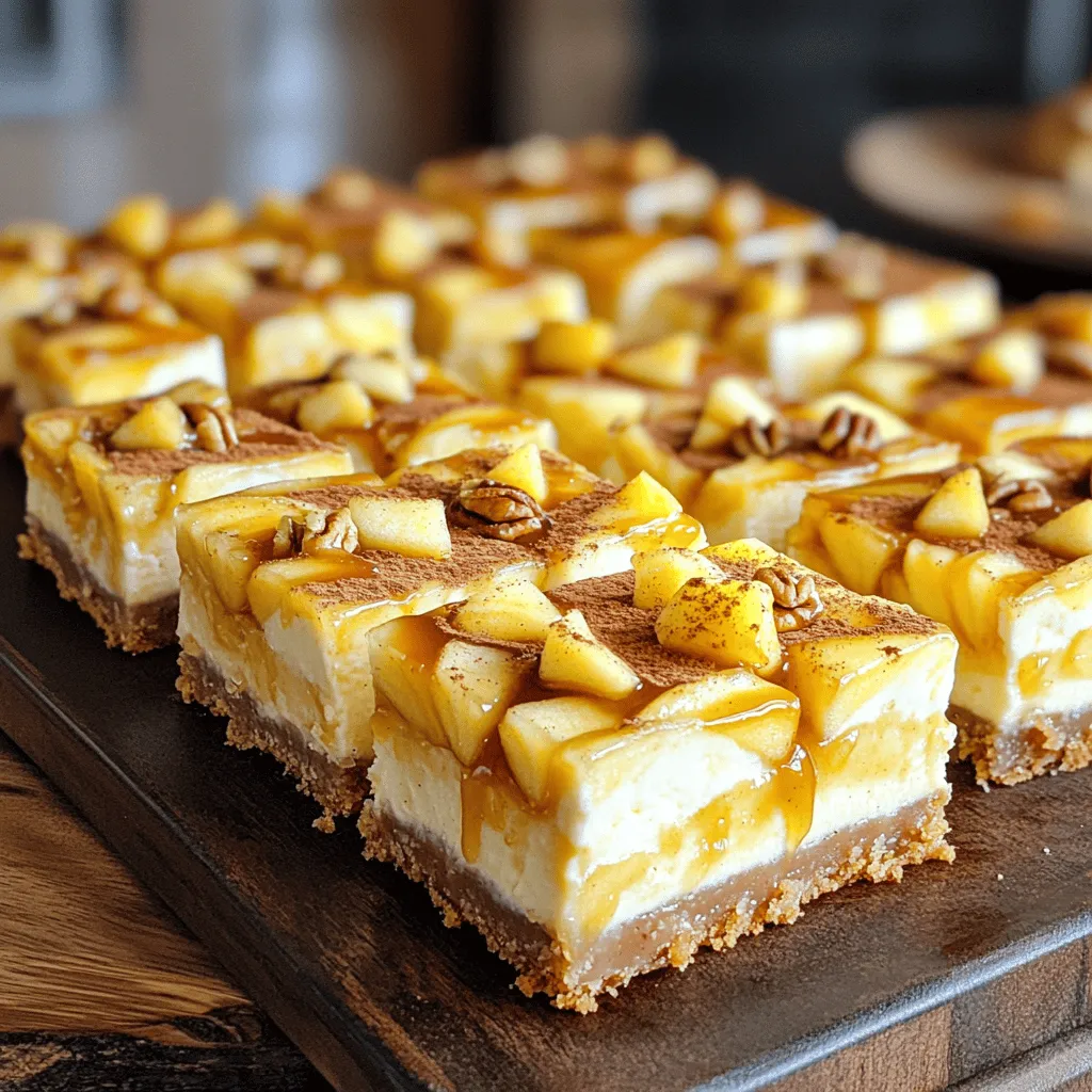 - 1 ½ cups graham cracker crumbs - ½ cup unsalted butter, melted - 2 tablespoons granulated sugar - 2 (8 oz) packages cream cheese, softened - 1 cup granulated sugar - 1 teaspoon vanilla extract - 2 large eggs - 2 cups apples, peeled and diced (such as Granny Smith or Honeycrisp) - 1 teaspoon cinnamon - ½ teaspoon nutmeg - 1 cup caramel sauce (store-bought or homemade) - ¼ cup chopped pecans (optional) To make caramel apple cheesecake bars, you need some tasty ingredients. First, graham cracker crumbs create a sturdy base. You mix these crumbs with melted butter and sugar. This forms a sweet crust that holds everything together. Next, cream cheese gives the bars a rich and smooth filling. Make sure the cream cheese is soft. This helps blend it well with sugar and eggs. The eggs keep the filling light and fluffy. Now, the stars of our bars are the apples. Granny Smith or Honeycrisp apples are best. They add a nice crunch and tartness. You can peel and dice them for easy mixing. Spices like cinnamon and nutmeg add warmth and flavor. They make the bars feel like fall. Finally, you can drizzle caramel sauce on top for that sweet finish. If you like, add chopped pecans for a crunchy bite. Gather these ingredients, and you are ready to start making your delicious dessert! 1. Preheat your oven to 350°F (175°C). Line a 9x13 inch baking pan with parchment paper. Leave some paper hanging over the edges for easy removal. 2. In a bowl, mix 1 ½ cups of graham cracker crumbs, ½ cup melted unsalted butter, and 2 tablespoons of sugar. Stir until it looks like wet sand. 3. Press the mixture evenly into the bottom of the pan to form the crust. Bake for 10 minutes, then let it cool slightly. 1. In a large bowl, beat 2 packages of softened cream cheese with an electric mixer until smooth. 2. Add 1 cup of granulated sugar and 1 teaspoon of vanilla extract. Mix well until combined. 3. Add 2 large eggs, one at a time. Mix on low speed until just combined. Don't overmix; this helps keep it creamy. 4. Gently fold in 2 cups of peeled and diced apples, 1 teaspoon of cinnamon, and ½ teaspoon of nutmeg. Make sure they are evenly spread throughout. 1. Pour the apple cheesecake filling over the baked crust. Spread it evenly with a spatula. 2. Drizzle 1 cup of caramel sauce over the top. Use a knife or toothpick to swirl it through the filling. 3. If you like, sprinkle ¼ cup of chopped pecans on top for added crunch. 1. Bake in the preheated oven for 35-40 minutes. The center should be set, and the edges will turn a light golden color. 2. After baking, let the cheesecake bars cool to room temperature. Then, refrigerate for at least 3 hours to set completely. 3. Once set, lift the bars from the pan using the parchment overhang. Slice them into squares and enjoy! To get the best texture for your cheesecake bars, avoid overmixing the filling. When you beat the cream cheese and sugar, mix just until smooth. Then, add the eggs one at a time. Keep the mixer on low. This helps keep the filling creamy and fluffy. When it’s time to cut your bars, use a sharp knife. Dip it in warm water for clean cuts. Wipe the knife after each slice. This way, you get neat squares that look great on a plate. For a twist on flavor, try substituting the apples. Fuji or Gala apples work well too. You can also add cranberries or raisins for a sweet touch. This gives your bars a fun mix of tastes. Consider adding toppings for extra flair. You can sprinkle chopped pecans on top. Or, drizzle more caramel sauce for a richer flavor. A pinch of sea salt can also elevate the taste. Experiment with what you like. This makes your dessert even more special! {{image_2}} You can switch up the apples in this recipe for fun. Try using Fuji or Gala apples for a sweeter taste. You could even add cranberries or raisins for a tart twist. This adds great flavor and texture to your bars. If you need a gluten-free option, use gluten-free graham cracker crumbs for the crust. You can also make these bars vegan. Replace cream cheese with a plant-based cream cheese. For eggs, use flaxseed meal mixed with water as a binder. These swaps keep the bars tasty and suitable for everyone. These cheesecake bars shine when paired with ice cream or whipped cream. A scoop of vanilla or a dollop of whipped cream brings out the flavors. For gatherings, serve the bars on a nice platter. Drizzle extra caramel sauce on top and sprinkle with cinnamon. Add a few apple slices for a beautiful finish. To keep your caramel apple cheesecake bars fresh, store them in an airtight container. Place a layer of parchment paper between the bars and the lid. This prevents sticking. Always refrigerate them if you plan to eat them within a few days. If you want to save some for later, you can freeze the bars. First, let them cool completely. Cut them into squares and wrap each piece tightly in plastic wrap. Then, place the wrapped bars in a freezer bag. Make sure to remove as much air as possible before sealing the bag. These bars will last about 5 days in the fridge. Look for any signs of spoilage, like a sour smell or discoloration. If you see these signs, it’s best to toss them. If frozen, they can last up to 3 months. When you’re ready to eat, just thaw them in the fridge overnight. Enjoy your tasty treat! Yes, you can use store-bought caramel sauce. It saves time and tastes great. If you want a fun twist, try making homemade caramel sauce. It’s simple and adds a personal touch. Just cook sugar, butter, and cream until smooth. Yes, you can make these bars ahead of time. Prepare them a day before your event. Just bake, cool, and refrigerate them. This way, they set well and flavors blend nicely. It also makes serving easy when you have guests. To get clean cuts, use a sharp knife. Dip the knife in hot water before cutting. Wipe it dry between slices. This helps keep the edges smooth. Another tip is to chill the bars before slicing. Cold bars cut much neater. If you have leftovers, store them in an airtight container. Keep them in the fridge for up to five days. You can also freeze them for later. Just wrap them tightly in plastic wrap and foil. Thaw in the fridge before serving again. This article covered how to make delicious caramel apple cheesecake bars from scratch. We discussed the key ingredients, like graham crackers and cream cheese, and provided step-by-step instructions for preparation and baking. I shared tips for perfecting texture, flavor enhancements, and storage ideas so you can enjoy these treats longer. Experiment with different fruits or dietary options to make them your own. With this guide, you can create a delightful dessert that's sure to impress! Enjoy your baking adventure!