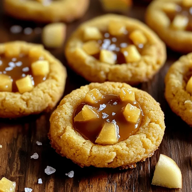 - 2 cups all-purpose flour - 1/2 teaspoon baking powder - 1/4 teaspoon salt - 1 cup unsalted butter, softened - 3/4 cup granulated sugar - 1/2 cup brown sugar, packed - 1 teaspoon vanilla extract - 1 tablespoon apple cider - 1/4 teaspoon ground cinnamon - 1/4 teaspoon ground nutmeg - 1 cup caramel sauce (store-bought or homemade) - Coarse sea salt, for garnish To make these Apple Cider Caramel Thumbprint Cookies, gather the ingredients listed. Each one plays a key role. The all-purpose flour provides structure, while the baking powder helps the cookies rise. Use softened unsalted butter to keep the dough creamy and smooth. The blend of granulated and brown sugars adds sweetness and depth. Brown sugar gives a hint of molasses flavor. Vanilla extract enhances the overall taste, making it warm and inviting. Apple cider is a game changer here. It brings a seasonal taste that pairs well with cinnamon and nutmeg. These spices warm up the cookies and evoke memories of fall. For the best finish, caramel sauce fills each thumbprint. You can use store-bought or homemade sauce. Lastly, sprinkle coarse sea salt on top. This contrast of sweet and salty makes each bite special. Now that you have your ingredients ready, you can start making these delightful cookies! - Preheat your oven to 350°F (175°C). This step is crucial for even baking. - Line a baking sheet with parchment paper. This helps prevent sticking and makes cleanup easy. - In a medium bowl, whisk together 2 cups of all-purpose flour, 1/2 teaspoon baking powder, and 1/4 teaspoon salt. Set this aside for later. - In a large mixing bowl, cream together 1 cup of softened unsalted butter, 3/4 cup granulated sugar, and 1/2 cup brown sugar. Mix until light and fluffy, about 3-4 minutes. - Add in 1 teaspoon of vanilla extract, 1 tablespoon of apple cider, 1/4 teaspoon ground cinnamon, and 1/4 teaspoon ground nutmeg. Mix until everything is well combined. - Scoop out about 1 tablespoon of dough and roll it into a ball. - Place the balls on your prepared baking sheet, spaced about 2 inches apart. - Use your thumb to create an indent in the center of each cookie. Don’t press all the way to the bottom; just make a nice dip. - Bake the cookies for 12-15 minutes, or until the edges turn lightly golden. - Once baked, remove the cookies from the oven and let them cool slightly on the baking sheet. - After a few minutes, fill each thumbprint with a generous teaspoon of caramel sauce. - Allow the cookies to cool completely on the baking sheet before sprinkling with coarse sea salt for that perfect finish. To achieve the perfect cookie texture, watch your mixing time. Mix until just combined. The dough should feel soft yet firm. If you overmix, the cookies can turn tough. This is key for a tender bite. You can choose between store-bought or homemade caramel. Both options work well, but homemade has a richer taste. If you go for store-bought, look for high-quality brands. When filling the thumbprint, use a teaspoon. Fill it generously but avoid overflow. You want the caramel to stay in the cookie. Adding a sprinkle of coarse sea salt enhances flavor. It creates a nice sweet and salty contrast. For serving, arrange cookies on a pretty plate. This makes them more appealing. You can also use a drizzle of extra caramel on top for a fancy touch. {{image_2}} You can easily change the taste of these cookies. Adding ginger gives a warm spice. You can also try other caramel flavors, like sea salt or apple. Each option adds a twist to the classic recipe. It’s fun to experiment with flavors. For those needing gluten-free cookies, use almond or coconut flour. These flours work well in this recipe. If you’re looking for vegan options, swap the butter for coconut oil. You can use a flax egg instead of a regular egg for binding. These changes keep the cookies tasty for everyone. Mini thumbprint cookies are a great choice for parties. Just use less dough for each cookie. You can also shape them into hearts or stars. This adds a fun touch for special occasions. Changing the shape makes them more fun to eat! To keep your Apple Cider Caramel Thumbprint Cookies fresh at room temperature, place them in an airtight container. This helps to seal in moisture and flavor. Store the cookies for up to one week. If you want to keep them even fresher, add a slice of bread to the container. The bread keeps the cookies soft. For long-term storage, freezing your cookies is a great option. First, let the cookies cool completely. Then, place them in a single layer on a baking sheet. Freeze them for about an hour. Once they are firm, transfer the cookies to a freezer-safe bag. Remove as much air as possible. They can last in the freezer for up to three months. When you’re ready to enjoy them, thaw the cookies in the fridge overnight. You can also leave them at room temperature for a couple of hours. Avoid microwaving, as this may make them tough. These cookies stay fresh for about one week at room temperature. If you refrigerate them, they can last up to two weeks. Check for signs of spoilage. If they smell off or look dry, it’s best to toss them. Enjoy your delicious cookies knowing how to store them well! Can I freeze the dough? Yes, you can freeze the dough. Just wrap it tightly in plastic wrap. It stays fresh for up to three months. When you're ready, let it thaw in the fridge overnight before baking. How to make cookies softer or firmer? For softer cookies, use more butter and bake for less time. To make them firmer, add a bit more flour and bake a little longer. Keep an eye on them while baking. Can I use different fillings besides caramel? Absolutely! You can fill the thumbprints with jam, chocolate ganache, or even peanut butter. Get creative and try your favorite flavors. What can I substitute for apple cider? You can use apple juice or a mix of water and vinegar. This will give a nice flavor, but apple cider is best for the recipe. How to prevent cookies from spreading? Chill the dough before baking. This helps the cookies hold their shape. Also, make sure your butter is softened, not melted, when mixing. This blog outlined how to make delicious thumbprint cookies. We covered the key ingredients, step-by-step instructions, and useful tips for baking. Remember, the secrets to good cookies lie in mixing well and storing them right. You can personalize these treats by adding spices or using different fillings. With the right techniques, you can bake cookies that everyone loves. Enjoy making and sharing your cookies with family and friends. Happy baking!
