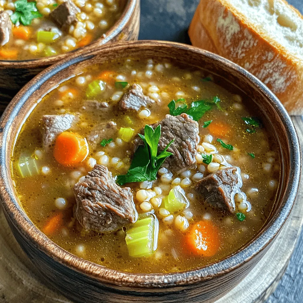- 1 pound beef chuck, cut into bite-sized pieces - 1 tablespoon olive oil - 1 medium onion, diced - 2 carrots, chopped - 2 celery stalks, chopped - 3 cloves garlic, minced - 6 cups beef broth (low sodium) - 1 cup pearl barley, rinsed - 1 cup frozen peas - Fresh parsley for garnish Beef chuck is the star of this dish. It brings great flavor and tenderness. I prefer this cut because it cooks well and becomes soft in the slow cooker. The vegetables add sweetness and texture. Onions, carrots, celery, and garlic build the base of flavor. The broth and barley create a thick, hearty soup. - 2 bay leaves - 1 teaspoon dried thyme - 1 teaspoon dried rosemary - Salt and pepper to taste Herbs make this soup aromatic and tasty. Bay leaves add depth, while thyme and rosemary give it a fresh taste. I always use salt and pepper to balance the flavors. You can adjust these to suit your taste. Fresh parsley is a great garnish. It adds color and a hint of freshness when serving. - Searing the Beef Chuck: First, I heat one tablespoon of olive oil in a large skillet over medium-high heat. Once hot, I add one pound of beef chuck, cut into bite-sized pieces. I sear the beef until it is browned on all sides. This step adds flavor to the soup and makes it taste rich. - Transferring to the Slow Cooker: After browning, I carefully transfer the beef into my slow cooker. This sets the stage for a hearty soup. - Cooking Onions, Carrots, Celery, and Garlic: In the same skillet, I add a medium diced onion, two chopped carrots, two chopped celery stalks, and three cloves of minced garlic. I sauté these for about five minutes until they soften a bit. This step builds more depth in flavor. - Adding to the Slow Cooker: Once the veggies are ready, I add them to the slow cooker with the beef. The smell is amazing! - Adding Broth and Barley: Next, I pour in six cups of low-sodium beef broth. I also add one cup of rinsed pearl barley, two bay leaves, one teaspoon of dried thyme, and one teaspoon of dried rosemary. - Incorporating Seasonings: I give everything a good stir to mix it well. Season with salt and pepper to taste. - Setting Cooker Temperature (Low vs. High): I can choose to cook on low for seven to eight hours or on high for four to five hours. Low gives a richer flavor, but high works well if I’m short on time. - Cooking Times and Tips: I check the beef for tenderness and the barley to ensure they are cooked through. - Adding Frozen Peas: About thirty minutes before serving, I toss in one cup of frozen peas. They add color and sweetness to the soup. - Adjusting Seasoning: Before serving, I taste the soup and adjust the seasoning as needed. A little more salt or pepper can elevate the flavor. This slow cooker beef barley soup is now ready to enjoy! To make this soup even better, I suggest adding some fun extras. You can toss in mushrooms or green beans for more taste and texture. These add-ins blend well with the beef and barley. You can also try different herbs and spices. Adjusting seasonings over time helps you find the right balance. Taste your soup at different stages. If it needs more flavor, add salt, pepper, or herbs. Present your soup in warm bowls. A sprinkle of fresh parsley adds a nice touch. The green color makes it look appetizing. Serve it with crusty bread for a hearty meal. A fresh salad on the side gives a nice crunch. This combination makes your dinner feel special. Freezing this soup is easy. Let it cool before you pack it away. Use airtight containers to keep it fresh. This soup can last in the freezer for up to three months. When you’re ready to eat, take it out and thaw it in the fridge overnight. To reheat, pour the soup into a pot. Heat over low until warm, stirring often. You can also use the microwave. Just heat in short bursts, stirring in between. This way, you keep all the great flavors! {{image_2}} Gluten-Free Alternatives If you need a gluten-free version, you can swap pearl barley with quinoa or rice. Both will still give you a nice texture. Make sure to check your broth. Some broths may contain gluten. Low-Sodium Options To cut down on salt, choose low-sodium broth. You can also add fresh herbs instead of salt for flavor. A squeeze of lemon juice can brighten the taste too. Different Types of Meat Beef chuck works great, but you can use chicken or turkey. These options will change the flavor but still give you a hearty soup. Just adjust the cooking time if you use chicken, as it cooks faster. Vegetable Variations Feel free to add more veggies. Potatoes, green beans, or corn can add good flavor. You can also use whatever veggies you have on hand. Just chop them into bite-sized pieces so they cook evenly. Adding Spices for Different Flavor Profiles Want to spice it up? Add some cumin or paprika for a warm flavor. A dash of soy sauce can bring in umami. Experiment with herbs like cilantro or dill for a fresh twist. Cultural Variations of Beef Barley Soup Many cultures have their own version of beef barley soup. In some places, they add beans or lentils. In others, they might use different spices. Trying these variations can make your soup unique and fun. Store your beef barley soup in the fridge for up to 3 days. Use a tight container to keep it fresh. Glass containers work well, but plastic ones are also fine. Make sure to let the soup cool before sealing it up. To freeze soup safely, let it cool first. Then, pour it into freezer-safe bags or containers. Leave some space at the top, as soup expands when it freezes. It can last for about 3 months in the freezer. For thawing, move the soup to the fridge overnight. If you need it fast, you can thaw it in a bowl of cold water. Reheat soup on the stovetop or in the microwave. For the stovetop, heat over medium-low until hot. Stir often to avoid burning it. If you use the microwave, heat in short bursts, stirring in between. To keep flavors strong, taste and adjust seasonings as you reheat. Add a splash of broth or water if it seems thick. Remember, a good soup deserves a careful reheating! Beef barley soup lasts about 3 to 4 days in the fridge. Store it in an airtight container to keep it fresh. If you want to enjoy it later, consider freezing it. Yes, you can cook this soup on the stovetop. Start by browning the beef in a pot. Remove the beef and sauté the onions, carrots, celery, and garlic. Then add everything back to the pot with the broth and barley. Simmer for about 1.5 to 2 hours on low heat until the beef is tender. No, barley is not gluten-free. It contains gluten, which may cause issues for those with celiac disease or gluten intolerance. If you need a gluten-free option, try using quinoa or rice instead of barley. Yes, you can use quick cooking barley. Just note that it cooks faster than pearl barley. Reduce the cooking time in the slow cooker to about 30 minutes on high or 1 hour on low. This helps keep the texture just right. In this post, we explored the rich flavors of beef barley soup. We covered the key ingredients, including tender beef chuck, fresh vegetables, and hearty barley. I shared step-by-step instructions to make cooking easy. Tips and variations added fun twists, and storage info ensured your soup lasts. This soup is simple to prepare and perfect for any meal. Enjoy experimenting with different ingredients. A warm bowl of beef barley soup can bring comfort and joy to any day.