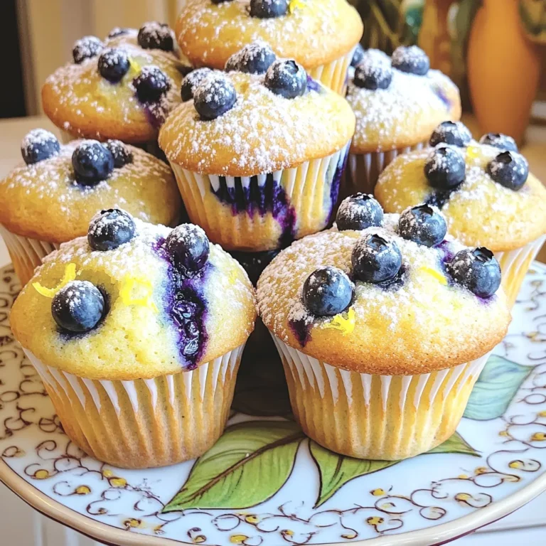 To make these tasty blueberry lemon muffins, gather the following items: - 1 ½ cups all-purpose flour - ½ cup granulated sugar - ½ cup brown sugar, packed - 2 teaspoons baking powder - ½ teaspoon baking soda - ½ teaspoon salt - ½ cup unsalted butter, melted and cooled slightly - 1 large egg - 1 teaspoon vanilla extract - ½ cup buttermilk (or ½ cup milk mixed with ½ tablespoon lemon juice) - Zest of 1 lemon - 1 ½ cups fresh blueberries (or frozen, if unavailable) - Optional: 2 tablespoons coarse sugar for topping Each ingredient plays a key role in creating the perfect texture and flavor. The all-purpose flour gives structure. The sugars add sweetness, while the butter keeps the muffins moist. Baking powder and baking soda work together to help your muffins rise. You can use fresh blueberries for the best flavor. If you have frozen blueberries, they work well too. Adding lemon zest enhances the muffins with a bright, fresh taste. For the topping, coarse sugar gives a nice crunch. With these ingredients ready, you can create amazing muffins that taste like they came from a bakery. First, set your oven to 375°F (190°C). This is the perfect temperature for baking muffins. While the oven heats up, prepare a muffin tin by lining it with paper liners. You can also spray it with cooking spray if you prefer. In a large bowl, gather your dry ingredients. Combine 1 ½ cups of all-purpose flour, ½ cup of granulated sugar, ½ cup of brown sugar, 2 teaspoons of baking powder, ½ teaspoon of baking soda, and ½ teaspoon of salt. Use a whisk to mix them well. This helps to avoid any lumps and ensures even flavor throughout. In another bowl, mix the wet ingredients. Start with ½ cup of melted butter that has cooled slightly. Add 1 large egg, 1 teaspoon of vanilla extract, and ½ cup of buttermilk. If you don’t have buttermilk, mix ½ cup of milk with ½ tablespoon of lemon juice. Finally, add the zest of 1 lemon. Stir until everything is well blended, but don’t worry about making it perfect. Now, pour the wet mixture into the dry ingredients. Use a spatula or wooden spoon to gently fold them together. Remember, it’s okay if there are a few lumps; overmixing can make the muffins tough. After that, gently fold in 1 ½ cups of fresh blueberries. If you use frozen blueberries, add them straight from the freezer to keep the batter cool. Now, divide the batter evenly into the muffin cups, filling each about ¾ full. If you like, sprinkle 2 tablespoons of coarse sugar on top for extra sweetness and crunch. To get that perfect bakery-style texture, you must not overmix the batter. Mixing too much makes muffins tough. You want a light and airy feel. When you combine the wet and dry ingredients, use a gentle hand. It’s okay if you see some lumps. They will disappear during baking, leaving you with soft muffins. You can boost flavor with fun twists. Adding a pinch of cinnamon or nutmeg gives warmth. If you love citrus, try orange zest for a fresh taste. For extra sweetness, fold in some white chocolate chips. These additions make your muffins unique and delicious. To check for doneness, use a toothpick. Insert it into the center of a muffin. If it comes out clean, your muffins are done. If it has wet batter, bake a few more minutes. Watch closely, so you don’t overcook them. Overbaked muffins dry out and lose their charm. Enjoy the warm smell of baked muffins filling your kitchen! {{image_2}} You can switch blueberries for many fruits. Try raspberries, strawberries, or blackberries. Each fruit brings a new taste. Apples or pears add a fun crunch. Just chop them into small pieces before adding. Stay mindful of moisture when using juicy fruits. Less juice means better muffins! To make these muffins gluten-free, swap the all-purpose flour. Use a 1:1 gluten-free baking mix. This mix has starches and flours that mimic regular flour. Ensure the mix has xanthan gum. This helps with texture. Check that your baking powder is gluten-free too. With these swaps, you can enjoy fluffy muffins. Want to change the flavor? You can add spices like cinnamon or nutmeg. A teaspoon of each gives warmth. Try vanilla bean paste for a richer vanilla taste. For a citrus boost, add more lemon zest or a splash of orange juice. Infusing flavors keeps your muffins exciting and fresh! To keep your muffins fresh, follow these simple tips: - Cool completely: Allow the muffins to cool on a wire rack before storage. - Use an airtight container: This keeps moisture in and air out. - Store at room temperature: They stay fresh for up to three days. - Avoid heat and sunlight: Keep them in a dark, cool place. If you want to keep them longer, consider freezing. Freezing muffins is easy and a great way to enjoy them later. Here’s how: - Wrap each muffin: Use plastic wrap or aluminum foil. This prevents freezer burn. - Place in a freezer bag: Label the bag with the date for easy tracking. - Freeze for up to three months: They maintain their taste and texture well. To enjoy later, simply thaw at room temperature. You can also microwave them for about 20 seconds to warm them up. Enjoy your muffins anytime! Yes, you can use frozen blueberries. They work well in this recipe. Just add them to the batter straight from the freezer. They help keep the muffins moist. Fresh blueberries tend to burst and mix better, but frozen ones are just fine. To make these muffins healthier, try the following tips: - Use whole wheat flour instead of all-purpose flour. - Reduce the sugar by a third. - Add nuts or seeds for extra nutrients. - Substitute applesauce for half the butter. The best way to reheat muffins is in the oven. Preheat your oven to 350°F (175°C). Wrap the muffins in foil to keep them moist. Heat for about 10 minutes. You can also use a microwave for a quick option. Just heat for 10-15 seconds. Yes, you can substitute buttermilk with regular milk. Mix half a cup of milk with half a tablespoon of lemon juice. Let it sit for a few minutes. This will give you a similar taste and texture. These muffins last about 2-3 days at room temperature. Store them in an airtight container. You can also freeze them for up to three months. Just thaw them overnight in the fridge when you want to enjoy them again. This article covered how to create delicious blueberry muffins. We looked at the key ingredients and their measurements. I shared step-by-step instructions for mixing the batters and baking. I included tips for a bakery-style texture and variations to customize your muffins. Remember to store them correctly to keep them fresh. Experiment with flavors and enjoy every bite! With these tips, you can bake muffins that impress everyone. Now, get in the kitchen and have fun!