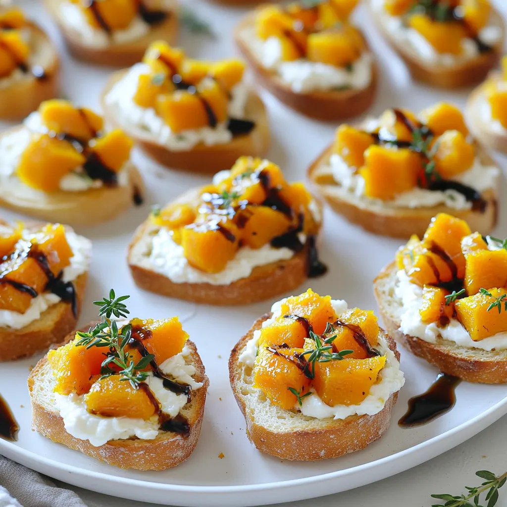 - Butternut squash - Olive oil - Ground cinnamon - Goat cheese - French baguette - Honey - Fresh thyme leaves - Balsamic glaze - Baking sheets - Mixing bowls - Knife and cutting board The main ingredients in this recipe create a perfect balance of flavors. Butternut squash brings a natural sweetness, while goat cheese adds creaminess. Olive oil helps with roasting and brings richness. Ground cinnamon adds warmth to the dish. You can enhance the flavor with optional ingredients. Honey adds a touch of sweetness and pairs well with goat cheese. Fresh thyme leaves give a fresh herb taste. Balsamic glaze adds a tangy finish. To prepare, gather essential tools. Use baking sheets for roasting and toasting. Mixing bowls help combine ingredients. A knife and cutting board make prep easy. With these ingredients and tools, you are set to create a delightful dish. Prepping butternut squash Start by peeling the butternut squash. Use a sharp knife to remove the skin. Cut the squash in half and scoop out the seeds. Dice the squash into small, even cubes. This helps them cook evenly. Slicing the baguette Take your French baguette and slice it into 1/2-inch thick pieces. A serrated knife works best for this. Aim for uniform slices to ensure even toasting. Tossing and seasoning the squash In a large bowl, toss the diced squash with olive oil, salt, pepper, and ground cinnamon. Make sure each piece is well coated. This adds great flavor and helps with caramelization. Roasting tips Spread the seasoned squash on a baking sheet in a single layer. Roast it in a preheated oven at 425°F (220°C) for 25-30 minutes. Stir halfway through to ensure even cooking. Look for a tender texture and a golden color when done. Preparing the baguette for toasting Arrange the baguette slices on a separate baking sheet. Brush each slice lightly with olive oil. This step adds flavor and helps achieve that nice crispness. Timing for perfect crispness Toast the baguette slices in the oven for about 5-7 minutes. Keep a close eye on them to avoid burning. You want them golden brown and crispy, not dark. Combining goat cheese with honey and thyme In a mixing bowl, combine the softened goat cheese, honey, and fresh thyme leaves. Mix until smooth and creamy. This mixture adds a rich, sweet flavor that contrasts nicely with the squash. Steps to layer the goat cheese and squash Once the squash has cooled slightly, it's time to assemble. Spread a generous layer of the goat cheese mixture on each toasted baguette slice. Top each slice with a spoonful of the roasted butternut squash. Finish by drizzling a small amount of balsamic glaze over the top. Garnish with extra thyme leaves for a fresh touch. Enjoy your savory butternut squash goat cheese crostini! To get the best flavor from butternut squash, roasting is key. Here’s how to achieve that deep, sweet caramelization: - Cut the squash evenly: Aim for 1-inch cubes. This helps them cook evenly. - Spread them out: Place the squash in a single layer on the baking sheet. This allows for proper air flow and even cooking. - Watch for color: Look for a golden-brown hue. This means they are well caramelized. - Check for softness: The squash should be tender when pierced with a fork. Choosing the right goat cheese can elevate your crostini: - Select fresh, creamy goat cheese: Look for a soft texture that spreads easily. It adds a nice contrast to the roasted squash. - Quickly soften goat cheese: If your cheese is cold, place it in a microwave for 10-15 seconds. This makes it easy to mix. Pair your crostini with other flavors to enhance the dish: - Perfect pairings: Serve with a light salad or a glass of white wine. The freshness complements the crostini. - Presentation ideas: Arrange crostini on a wooden board. Drizzle balsamic glaze over the top and sprinkle extra thyme for a beautiful look. {{image_2}} To make your crostini shine, try adding spices or herbs to the squash. A pinch of nutmeg or a dash of paprika can add warmth. Fresh herbs like rosemary or sage also bring bright notes. You can also swap out goat cheese for feta or cream cheese. Each cheese adds a different taste, so experiment to find your favorite. If you want a vegetarian or vegan option, use plant-based cheese instead of goat cheese. There are many great vegan cheeses available. Use maple syrup instead of honey to keep it vegan. For those who need gluten-free options, choose gluten-free baguettes or crisp rice cakes. These alternatives keep the dish tasty for everyone. You can change the toppings based on the season. In fall, try adding roasted apples or pears for sweetness. In spring, fresh asparagus or radishes can add a crunchy texture. Summer brings ripe tomatoes and basil, which can elevate your crostini. Feel free to get creative with seasonal veggies to make this dish your own. After you enjoy your savory butternut squash goat cheese crostini, store any leftovers in an airtight container. Place parchment paper between layers to keep them from sticking. This helps maintain their crunch. Store the container in the fridge for up to three days for the best flavor. To reheat crostini, preheat your oven to 350°F (175°C). Place the crostini on a baking sheet and warm them for about 5-10 minutes. This method keeps them crispy. Avoid microwaving, as it can make them soggy. If you notice any moisture, place a paper towel under the crostini while reheating. You can freeze the components! Freeze the roasted butternut squash in a single layer on a baking sheet. After they are frozen, transfer them to a freezer bag. For best results, use them within three months. To defrost, place the squash in the fridge overnight. When ready to eat, reheat using the oven method above. You can tell the butternut squash is done when it is soft and golden. Look for a slight caramelization on the edges. It should be tender enough to pierce with a fork easily. Stir the squash halfway through roasting to ensure even cooking. Yes, you can prep some parts ahead. Roast the butternut squash and store it in the fridge. You can also mix the goat cheese with honey and thyme ahead of time. Just assemble the crostini right before serving for the best taste. While a French baguette is classic, you can use other breads too. Ciabatta or sourdough work well. You could also try whole-grain bread for added flavor. Just slice the bread thin for that perfect crisp. Add toppings like shredded chicken or roasted chickpeas for protein. You can also serve the crostini with a salad on the side. Another option is to layer on more cheese or nuts for extra crunch. Yes, you can use raw squash as a topping. Shred or slice it thinly for a fresh crunch. You could also try other toppings like roasted peppers or olives for a tasty twist. This recipe blog post covers all you need for making butternut squash crostini. We discussed key ingredients like butternut squash, olive oil, and goat cheese. You learned easy preparation and roasting steps to achieve perfect flavors. In the end, explore variations and storage tips to enhance your dish. With this knowledge, you can impress friends at any gathering. Enjoy creating and sharing this tasty treat!