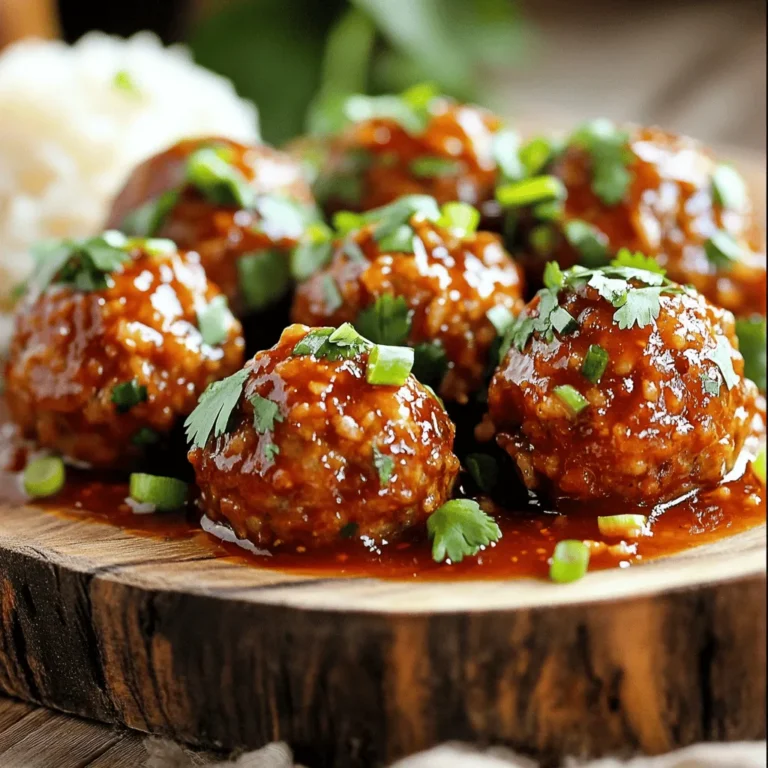 For these tasty meatballs, you need: - 1 pound ground beef (or ground chicken) - 1/2 cup breadcrumbs - 1/4 cup grated Parmesan cheese - 1/4 cup finely chopped green onions - 1/4 cup chopped fresh cilantro - 1 large egg - 2 cloves garlic, minced - 1 teaspoon salt - 1/2 teaspoon black pepper - 1 cup sweet chili sauce - 1 tablespoon soy sauce (low-sodium preferred) - 1 tablespoon rice vinegar - 1/2 teaspoon red pepper flakes (adjust to taste) These ingredients blend to create meatballs full of flavor. The ground beef gives a rich taste, while the breadcrumbs help hold the meatballs together. Parmesan cheese adds a nice cheesy touch, and the green onions and cilantro bring freshness. You can mix things up with these optional ingredients: - Chopped bell peppers for crunch - A dash of sesame oil for a nutty flavor - Different herbs like parsley or basil These add-ins allow you to customize the meatballs to your liking. They make the dish your own and can surprise your family with new tastes. If you need to make changes for dietary needs, here are some options: - Use ground turkey or plant-based meat for a lighter choice. - Swap breadcrumbs with gluten-free options to make it gluten-free. - For a vegetarian version, use lentils or chickpeas instead of meat. These substitutions ensure everyone can enjoy the meal. You can cater to different diets while keeping the flavors intact. To start, gather your ingredients. You will need: - 1 pound ground beef (or ground chicken) - 1/2 cup breadcrumbs - 1/4 cup grated Parmesan cheese - 1/4 cup finely chopped green onions - 1/4 cup chopped fresh cilantro - 1 large egg - 2 cloves garlic, minced - 1 teaspoon salt - 1/2 teaspoon black pepper In a large bowl, combine the ground meat, breadcrumbs, Parmesan, green onions, cilantro, egg, garlic, salt, and pepper. Mix until just combined. Be careful not to overmix. This keeps the meatballs tender. Now, it's time to shape the mixture. Use your hands to roll the meat into 1-inch balls. Place each meatball on a baking sheet lined with parchment paper. This makes it easier to move them later. Next, prepare the sauce. In a separate bowl, whisk together: - 1 cup sweet chili sauce - 1 tablespoon soy sauce (low-sodium) - 1 tablespoon rice vinegar - 1/2 teaspoon red pepper flakes (adjust to taste) Once mixed, place the meatballs in the slow cooker in a single layer. Pour the sweet chili sauce mixture over the meatballs. Make sure to coat each one evenly. Cover the slow cooker and cook on low for 4-5 hours or on high for 2-3 hours. The meatballs should be cooked through and tender. After cooking, gently stir to coat the meatballs in the sauce before serving. Enjoy your savory meal! To make perfect meatballs, start with fresh ingredients. Use ground beef or ground chicken for a lighter bite. Mix the meat with breadcrumbs, Parmesan, green onions, cilantro, egg, garlic, salt, and pepper. Be careful not to overmix; this keeps them tender. Shape the mixture into 1-inch balls. This size cooks evenly and stays juicy. Want more heat? Add red pepper flakes to your meatball mix. Start with 1/2 teaspoon, then taste. You can always add more but not take it out. For less spice, skip the flakes or use sweet chili sauce only. If you like it mild, serve with a side of rice to balance the heat. You can boost flavor by adding different herbs. Try fresh basil or parsley for a twist. Adding a splash of Worcestershire sauce in the meat mix adds depth. For a tangy touch, mix in some lime juice. Experimenting with these extras can create a new favorite in your home. {{image_2}} You can use various meats for your sweet chili meatballs. Ground beef gives a rich flavor. Ground chicken is leaner and lighter. Ground turkey offers a nice balance. Each type brings its taste and texture. Just remember to adjust cooking time if using a different meat. For example, turkey may cook a bit faster. If you want a meatless option, try plant-based proteins. You can use lentils, beans, or chickpeas. These ingredients work well with the sweet chili sauce. They add a hearty feel without meat. Just mash them a bit and mix with your other ingredients. You can also find store-bought meat substitutes for an easy swap. You might want to kick up the flavor of your meatballs. Add more red pepper flakes for heat. You can mix in some smoked paprika for a smoky twist. Adding pineapple juice can enhance the sweetness. If you love garlic, try adding more minced garlic for a bold taste. Experimenting with these flavors makes your dish unique. After your meal, let the meatballs cool to room temperature. Then, place them in an airtight container. This keeps them fresh longer. Store the container in the fridge. They will stay good for about three to four days. If you want to keep them longer, freezing is a great option. To freeze meatballs, first, let them cool completely. Then, arrange them in a single layer on a baking sheet. Freeze them for about one hour. This helps them keep their shape. After they freeze, move the meatballs to a freezer-safe bag. Label the bag with the date. They can last for up to three months in the freezer. When you’re ready to enjoy your meatballs again, reheating is easy. For the best results, use the slow cooker. Place the meatballs in the cooker with some extra sauce. Heat them on low for about one hour. You can also use the microwave. Just place them in a microwave-safe dish, cover, and heat for 1-2 minutes. Check if they are heated through before serving. Yes, you can bake these meatballs. Preheat your oven to 400°F. Place the meatballs on a lined baking sheet. Bake for about 20-25 minutes until they are brown and cooked through. This method gives a nice crust. Sweet chili meatballs taste great with many sides. You can serve them with steamed rice or noodles. Fresh veggies, like broccoli or snap peas, also pair well. If you want something light, a salad is a good choice too. These meatballs can last up to four days in the fridge. Store them in an airtight container. Make sure they cool down before you store them. This keeps them fresh and tasty for your next meal. Absolutely! Homemade sweet chili sauce works well for this recipe. Just make sure it has a good balance of sweet and spicy. This way, you can make it just the way you like. Yes, there are a few mistakes to watch out for. First, do not overmix the meatball mixture. This can make them tough. Second, make sure the meatballs are all the same size. This helps them cook evenly. Finally, don't skip the sauce coating step; it adds flavor. You’ve learned how to make tasty sweet chili meatballs, from ingredients to cooking steps. You can also try variations like different meats or meatless options. Remember to store your leftovers well for future meals. With these tips, you can make perfect meatballs every time. Enjoy the process and share your tasty results!