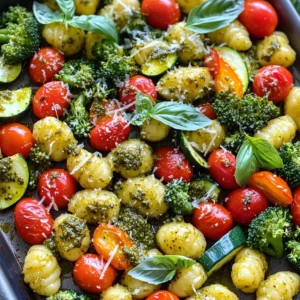 - 1 lb gnocchi - 1 cup cherry tomatoes, halved - 1 red bell pepper, sliced - 1 zucchini, sliced - 1 cup broccoli florets - 1/4 cup pesto (homemade or store-bought) - 2 tablespoons olive oil - Salt and pepper to taste - Grated Parmesan cheese (optional, for serving) - Fresh basil leaves, for garnish For this dish, you need gnocchi as the star. You can use store-bought or make it from scratch. The choice is yours! Next, grab some colorful veggies. Cherry tomatoes bring sweetness, while red bell pepper adds crunch. Zucchini offers a mild taste, and broccoli gives a nice bite. Don&rsquo;t forget the pesto! This sauce is key for flavor. Use homemade if you have time, or store-bought for ease. Add olive oil to help the veggies roast well. Season with salt and pepper to bring out the best taste. If you like cheese, have some grated Parmesan on hand for serving. Fresh basil leaves will brighten your dish right before you serve. - Homemade vs. Store-bought pesto - Parmesan cheese - Fresh basil leaves You can make your own pesto with fresh herbs, nuts, and oil. It tastes great but takes more time. Store-bought pesto is quick and easy. Both options will work well in this recipe. Parmesan cheese adds richness. If you love cheese, sprinkle some on top before serving. Fresh basil leaves can be used as a garnish. They add a pop of green and fresh flavor. - Preheat your oven to 425&deg;F (220&deg;C). This step helps cook everything evenly. - Prepare the vegetables by washing and slicing them. Cut cherry tomatoes in half, slice the red bell pepper and zucchini, and separate the broccoli into florets. - Boil a pot of salted water. Once boiling, add the gnocchi. Cook for about 2-3 minutes. They are ready when they float to the top. - Drain the gnocchi in a colander. In a bowl, toss the gnocchi with pesto until every piece is coated. This adds flavor to the dish. - Take the roasted vegetables from the oven. Add the pesto-coated gnocchi on top of them. - Gently toss everything together. Spread it evenly across the sheet pan. This helps all the flavors mix well. - Return the sheet pan to the oven. Bake for 10-12 more minutes. This step gives everything a nice, golden finish. - Remove the pan from the oven. If you like, sprinkle grated Parmesan cheese and fresh basil leaves on top for extra flavor. To get the best from your sheet pan meal, timing and temperature are key. Preheat your oven to 425&deg;F (220&deg;C). This high heat helps the veggies turn tender and slightly crispy. - Roast cherry tomatoes, red bell pepper, zucchini, and broccoli for about 15 minutes first. This gives them a head start. - After 15 minutes, add the gnocchi to the pan for an extra 10-12 minutes. Choosing the right vegetables makes a big difference. You want ones that roast well, like: - Cherry tomatoes - Red bell pepper - Zucchini - Broccoli These veggies add color and flavor. You can also try carrots or asparagus for a different taste. You can play with pesto flavors to boost your dish. You might add nuts like walnuts or pine nuts for extra crunch. - Try mixing in spinach or arugula for a fresh twist. - Add a squeeze of lemon juice for brightness. If you want cheese besides Parmesan, consider these options: - Feta for a tangy kick - Goat cheese for creaminess - Nutritional yeast for a vegan choice Each adds its own special touch. This dish pairs great with salads or other sides. A simple mixed green salad adds freshness and crunch. You can also serve it with garlic bread for a comforting meal. Perfect occasions for this dish include: - Weeknight dinners when time is tight - Casual gatherings with friends - Meal prep for easy lunches Enjoy your deliciously easy dinner! {{image_2}} You can switch up the veggies in this dish. Try using carrots for a sweet crunch. Asparagus adds a nice touch and cooks well. For a heartier option, consider using Brussels sprouts or sweet potatoes. Don&rsquo;t forget seasonal veggies too! In summer, zucchini shines, while in fall, butternut squash makes it special. The key is to pick what you love and what&rsquo;s fresh. If you need gluten-free gnocchi, look for brands made with rice or corn flour. You can even make your own using potatoes and gluten-free flour. For a vegan twist, use a plant-based pesto. Many brands offer great vegan options. You can also make your own by blending basil, nuts, and olive oil without cheese. Want to spice things up? Add red pepper flakes for heat. You can also mix in some smoked paprika for a warm flavor. To boost the herb taste, try adding fresh herbs like thyme or rosemary. These little changes can make your meal exciting and new every time you cook it. To store leftover sheet pan pesto gnocchi and veggies, let them cool first. Place them in an airtight container. Make sure to seal it well. Store it in the fridge for up to three days. This keeps the taste fresh. You can eat it cold or warm it up later. When reheating, avoid the microwave if you can. It can make the gnocchi mushy. Instead, use the oven. Preheat it to 350&deg;F (175&deg;C). Spread the leftovers on a baking sheet. Heat for about 10-15 minutes. Check that everything is warm and the edges are crispy again. If you want to freeze this dish, start by letting it cool completely. Use a freezer-safe container or bag to prevent freezer burn. It can last up to three months in the freezer. When you&rsquo;re ready to eat, thaw it overnight in the fridge. After thawing, reheat in the oven for best results. This keeps the taste and texture just right. Yes, you can prepare some ingredients in advance. Chop the veggies and store them in the fridge. You can also cook the gnocchi a few hours earlier. Just keep them separate from the veggies. Mix everything right before you bake it. This saves time when you&rsquo;re ready to eat. Look for gnocchi that floats to the top of the pot. This usually takes 2-3 minutes of boiling. You can also taste one. It should feel soft and slightly chewy. If it&rsquo;s too hard, give it a bit more time in the water. This dish pairs well with many sides. A simple green salad adds freshness. Garlic bread is a great choice for some crunch. You could also serve it with a light white wine. This makes a lovely meal for any night of the week. This recipe for Sheet Pan Pesto Gnocchi brings together fresh veggies, gnocchi, and pesto in one dish. You learned about essential ingredients and how to prepare them. I shared useful tips to roast perfectly every time. You can customize the recipe with different flavors and vegetables. Enjoy this dish at any meal or gathering. It&rsquo;s easy to make, versatile, and delicious. With proper storage, leftovers remain tasty too. Now, get cooking, and enjoy every bite!