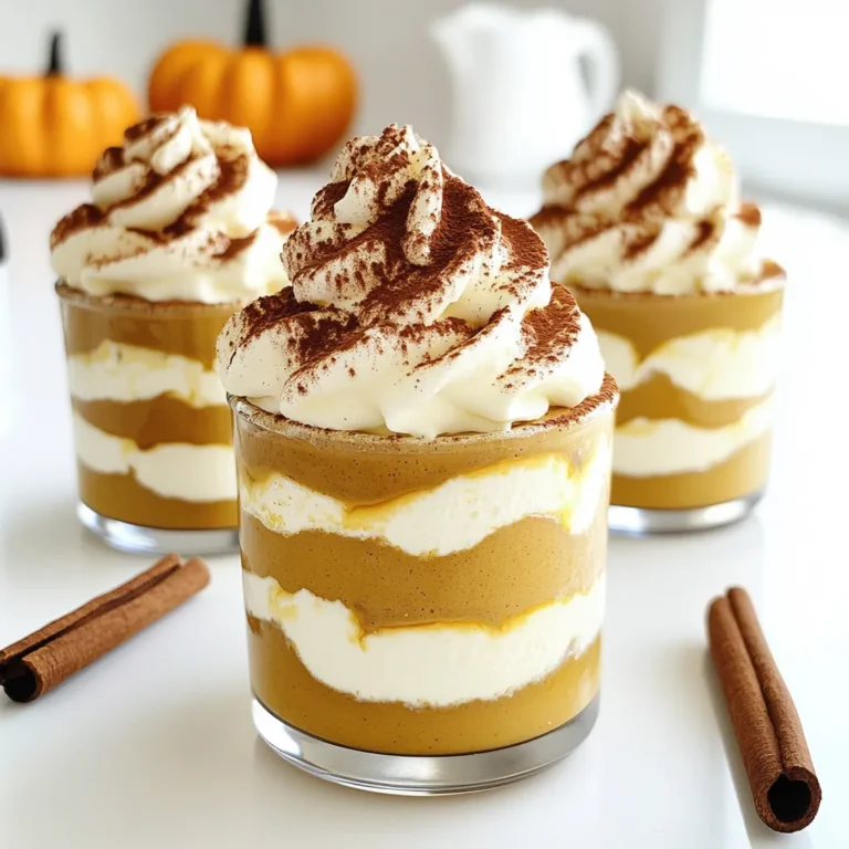 To make Pumpkin Latte Tiramisu Cups, you need: - 1 cup pumpkin puree - 1 cup mascarpone cheese - 1 cup heavy cream - ½ cup sugar - 1 teaspoon vanilla extract These ingredients are the base of your dessert. The pumpkin puree brings warm, earthy flavors. Mascarpone cheese adds creaminess. Heavy cream helps create a light, fluffy texture. Sugar and vanilla extract sweeten the mix. Now, let's add some flavor: - ½ teaspoon pumpkin spice - 1 cup brewed coffee, cooled - 2 tablespoons maple syrup Pumpkin spice is key for that autumn taste. The brewed coffee adds depth and warmth. Maple syrup gives a nice touch of sweetness. Finally, we need some components to pull it all together: - 12 ladyfinger cookies - Cocoa powder for dusting - Whipped cream for topping - Cinnamon sticks for garnish (optional) Ladyfinger cookies soak up the coffee dip. Dusting cocoa powder on top adds a rich finish. Whipped cream gives a light touch. Cinnamon sticks can be a fun garnish to add flair. Each ingredient plays a role in making this dessert not just tasty but also visually appealing. Enjoy the process of gathering these ingredients; they will create a delightful dish! First, we make the pumpkin mascarpone mix. In a big bowl, add the mascarpone cheese, heavy cream, sugar, vanilla extract, and pumpkin spice. Mix these ingredients well. I use a handheld mixer for this. Beat the mixture until it forms stiff peaks. Stiff peaks mean the cream holds its shape well when you lift the whisk. This step is key for a light and creamy texture. Next, let’s get the coffee dip ready. In another bowl, combine the brewed coffee and maple syrup. Stir them well to mix the flavors. This sweet coffee dip adds a nice touch to the dessert. Now, dip each ladyfinger into the coffee mix. Make sure to dip them briefly. You want them moist but not soggy. A quick dip helps keep the ladyfingers firm. Now it’s time to layer our cups. Start by placing a dipped ladyfinger at the bottom of each cup. This serves as the base. Next, spoon a layer of the pumpkin mascarpone mix over the ladyfinger. Spread it evenly to cover the ladyfinger. Repeat this layering. Place another dipped ladyfinger, followed by more pumpkin mixture. Keep layering until your cups are full. Finish with a layer of the mascarpone mix on top. Once done, cover the cups with plastic wrap. Refrigerate them for at least four hours, or overnight if you can wait. This chilling time lets all the flavors blend together. Just before serving, dust the top with cocoa powder. Add a dollop of whipped cream, and garnish with a cinnamon stick if you like. Enjoy your delicious pumpkin latte tiramisu cups! To get the best pumpkin latte taste, you must balance the spices. Start with ½ teaspoon of pumpkin spice. You can add more if you want a stronger flavor. Always use freshly brewed coffee. This makes your dessert rich and aromatic. Whipping cream is key to a fluffy dessert. Use a cold bowl and cold beaters. This helps the cream whip up quickly. Aim for stiff peaks. This keeps your layers light and airy. When you dip ladyfingers, do it quickly. Soak them just long enough to absorb flavor but not too long, or they will turn soggy. A quick dip in the coffee mix is all it needs. Serving in clear cups lets the layers shine. You can use small glasses for a fun look. For extra flair, dust the top with cocoa powder. Add a dollop of whipped cream on top for a creamy finish. A cinnamon stick as a garnish adds a nice touch and a hint of spice. {{image_2}} You can change up the spices in your Pumpkin Latte Tiramisu Cups. Instead of pumpkin spice, try using nutmeg or ginger. These spices add a different twist. You can also switch the coffee type. Use espresso for a stronger flavor or a flavored coffee for fun. If you want a vegan option, replace the mascarpone with cashew cream. Blend soaked cashews with a bit of maple syrup and vanilla. For gluten-free choices, use gluten-free ladyfingers. They work just as well and keep the dessert tasty. You can serve this dessert in individual cups. It makes each portion special. If you prefer a larger dish, use a trifle dish for a striking look. For parties, make mini cups. They are easy to grab and perfect for sharing. To keep your pumpkin latte tiramisu cups fresh, store them in the refrigerator. Use an airtight container or cover each cup with plastic wrap. This helps keep moisture in and prevents any fridge odors from affecting your dessert. For the best flavor, chill your tiramisu cups for at least four hours or overnight. You can store them for up to three days in the fridge. The longer they sit, the better the flavors blend. You should not reheat tiramisu. It tastes best cold. To serve after storage, simply remove the cups from the fridge. Dust them with cocoa powder and add whipped cream just before serving. Enjoy the delightful layers of flavor! Pumpkin tiramisu is a fun twist on the classic Italian dessert. It uses pumpkin puree and coffee, which gives it a cozy, fall flavor. The key components include ladyfinger cookies, mascarpone cheese, and whipped cream. The layers create a delicious mix of creamy and coffee flavors. Yes, you can make this dessert ahead of time. I recommend preparing it at least 4 hours before serving. For the best taste, chill it overnight. This allows the flavors to blend beautifully. To keep ladyfingers from getting soggy, dip them quickly. Just a second in the coffee mixture is enough. You want them to soak up some flavor but stay firm. This keeps your dessert nice and layered. If you can't find mascarpone cheese, you can use cream cheese. Mix it with a bit of heavy cream to mimic the texture. Another option is ricotta cheese, but it will change the taste slightly. This pumpkin tiramisu combines creamy mascarpone, rich pumpkin, and brewed coffee. You learned about main ingredients, from pumpkin puree to ladyfingers. Step-by-step instructions helped you create layers of flavor. The tips for texture, flavor, and presentation made your dessert shine. Experiment with variations and enjoy this treat at any gathering. Store it right to keep it fresh. Now, you have all you need to impress friends and family with your delicious creation!