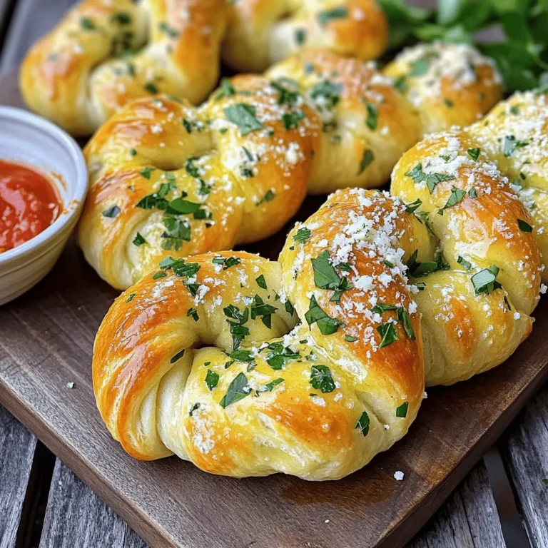 To make these tasty knots, you need a few key items: - 1 loaf of pizza dough (store-bought or homemade) - 1/4 cup unsalted butter, melted - 4 cloves garlic, minced - 1/4 cup grated Parmesan cheese - 2 tablespoons fresh parsley, chopped - 2 tablespoons fresh basil, chopped - 1 teaspoon dried oregano - 1/2 teaspoon salt - 1/4 teaspoon black pepper These ingredients work together to create a rich flavor. The pizza dough gives the knots their shape. The garlic adds a strong taste, while the butter keeps them soft. While the essential ingredients shine, you can add more for fun. Consider these options: - Crushed red pepper flakes for heat - A sprinkle of Italian seasoning for extra depth - Fresh thyme or rosemary for a unique twist These ingredients can elevate your knots. They allow you to tailor the flavor to your liking. Quality matters when cooking. Here are some tips to choose the best items: - Look for fresh herbs. They should be bright and fragrant. - Choose good olive oil for the butter mix. It adds a nice taste. - Use freshly grated Parmesan. It melts better and tastes richer than the pre-grated kind. Investing in quality ingredients makes a big difference. Your knots will taste more vibrant and fresh. To start, gather all your ingredients. You need pizza dough, garlic, butter, herbs, and cheese. Preheat your oven to 375°F (190°C). Line a baking sheet with parchment paper. This will keep the knots from sticking. Next, roll out your pizza dough on a floured surface. Make it about half an inch thick. Cut the dough into strips that are one inch wide and five inches long. This makes the perfect size for knots. Now, take each strip and tie it into a knot. Tuck the ends underneath the knot. Place each knot on the prepared baking sheet. In a small bowl, mix melted butter, minced garlic, Parmesan cheese, parsley, basil, oregano, salt, and pepper. Stir well until combined. Brush this garlic herb mixture over each knot. Make sure to coat them well, but save some of the mixture for later. Bake the knots for 15 to 20 minutes. They should turn golden brown and smell amazing. Once baked, take them out and brush the remaining garlic herb mixture on top. Serve your garlic knots warm. They are great on their own or with marinara sauce for dipping. Enjoy every bite of these flavorful treats! To get soft and chewy garlic knots, start with good dough. Use pizza dough, either store-bought or homemade. Roll the dough out to about half an inch thick. This thickness gives you the right balance of chewiness and fluffiness. When you cut the dough into strips, try for even sizes. This helps them bake evenly. After tying the knots, let them rest for a few minutes before baking. This step allows the gluten to relax and makes for an even better texture. To boost flavor, use fresh herbs. I love adding parsley and basil to the garlic butter mix. Fresh herbs give a bright taste. You can also try adding red pepper flakes for a bit of heat. A sprinkle of garlic powder can enhance the garlic flavor too. If you want, mix in some grated cheese like mozzarella for a cheesy twist. Don’t forget to brush the knots with the garlic herb butter again after baking. This adds extra flavor and keeps them moist. One common mistake is overbaking the knots. Keep an eye on them as they bake. They should be golden brown, not dark brown. Another mistake is not using enough butter. A generous brush of garlic herb butter makes all the difference. Make sure to coat every knot well. Lastly, avoid skipping the resting time after tying the knots. This step is key for achieving the best texture. With these tips, you’ll be on your way to making perfect Parmesan Herb Garlic Knots! {{image_2}} You can change the flavor of your knots by using different herbs. Instead of parsley and basil, try rosemary, thyme, or dill. Each herb adds its own unique taste. Fresh herbs give a brighter flavor, while dried herbs are handy when fresh ones are not available. Mix and match your favorites to find what you love! If you want to switch up the cheese, use mozzarella or feta. Mozzarella gives a stretchy, gooey texture. Feta adds a tangy note. You can also add some crushed red pepper for heat. For a rich twist, try adding cream cheese inside the knots. It melts and creates a creamy surprise! While marinara sauce is tasty, you can try other dips too. Garlic knots pair well with ranch dressing or a creamy garlic dip. You can also serve them with pesto for a fresh twist. If you like spice, a spicy aioli can add kick. These knots are great for parties, game day, or just a cozy night in! To keep your garlic knots fresh, store them in an airtight container. Let them cool first. Place a paper towel in the container. This helps absorb excess moisture. You can keep them at room temperature for up to two days. For longer storage, move them to the fridge. They can last up to a week when refrigerated. To reheat garlic knots, use an oven for the best results. Preheat your oven to 350°F (175°C). Place the knots on a baking sheet. Heat for about 10 minutes, or until warm. You can also use a microwave. Just heat on low for about 30 seconds. But, this method may make them softer. Freezing is a great way to enjoy garlic knots later. First, wrap each knot in plastic wrap. Then, place them in a freezer bag. Make sure to remove as much air as possible. You can freeze them for up to three months. When ready to eat, thaw in the fridge overnight. Reheat them in the oven for the best taste. Parmesan Herb Garlic Knots taste best when fresh. If you store them right, they can last for 2 to 3 days. Keep them in an airtight container at room temperature. This will keep them soft and tasty. If they feel hard, you can warm them in the oven for a few minutes. This will bring back some softness. Yes, you can use homemade pizza dough for these knots! In fact, making your own dough can add a special touch. Just make sure to follow the same steps for rolling and cutting. Homemade dough gives you control over the flavor and texture. It can be a fun way to personalize your knots. Garlic knots go great with many dishes! You can serve them with marinara sauce for dipping. This adds a nice, tangy flavor. They also pair well with salads or soups. If you want a heartier meal, serve them alongside pasta dishes. The knots soak up all the delicious sauce, making every bite better! You now have all you need to make tasty Parmesan herb garlic knots. We covered essential and optional ingredients. You learned the baking steps and tips for perfect texture. Remember the variations to keep things fun. You also know how to store leftovers well. Enjoy these knots with friends or family. You will impress everyone with your skills. Keep practicing, and they will become a favorite dish in no time.
