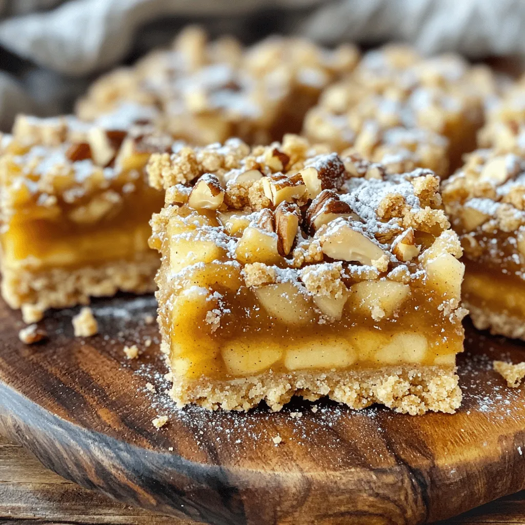 To make these apple butter crumble bars, gather these key items: - 2 cups all-purpose flour - 1 cup rolled oats - 1/2 cup brown sugar, packed - 1/2 cup granulated sugar - 1 teaspoon baking powder - 1/2 teaspoon baking soda - 1/4 teaspoon salt - 1 cup unsalted butter, melted - 1 teaspoon vanilla extract - 1 1/2 cups apple butter - 1/2 teaspoon ground cinnamon These ingredients work together to create a warm and delicious treat. The blend of flour and oats gives a nice texture, while the apple butter brings sweetness and flavor. If you want to add more depth to your bars, consider these options: - 1/4 teaspoon nutmeg - 1/2 cup chopped nuts (walnuts or pecans) Nutmeg adds a cozy spice note. Nuts add a crunchy texture that can make each bite even better. To create these bars, you'll need a few handy tools: - 9x13 inch baking pan - Parchment paper - Large mixing bowl - Spatula or wooden spoon - Wire rack for cooling Using parchment paper makes it easy to lift out the bars after baking. A wire rack helps them cool evenly, so they stay soft and tasty. To start, gather all your ingredients. You will need: - 2 cups all-purpose flour - 1 cup rolled oats - 1/2 cup brown sugar, packed - 1/2 cup granulated sugar - 1 teaspoon baking powder - 1/2 teaspoon baking soda - 1/4 teaspoon salt - 1 cup unsalted butter, melted - 1 teaspoon vanilla extract - 1 1/2 cups apple butter - 1/2 teaspoon ground cinnamon - 1/4 teaspoon nutmeg (optional) - 1/2 cup chopped nuts (optional) Preheat your oven to 350°F (175°C). Grease or line a 9x13 inch baking pan with parchment paper. In a large bowl, mix the flour, oats, sugars, baking powder, baking soda, salt, and spices. Then, pour in the melted butter and vanilla. Mix until it looks like wet sand. Save about 1 cup of this mix for later. Spread the rest of the mixture evenly in the pan. Press it down firmly with your hands or a spatula. Next, spread the apple butter over the pressed layer. If you like nuts, sprinkle them on top of the apple butter. Now, take the reserved crumble mix and sprinkle it over the apple butter, covering it well. Bake in the oven for 30-35 minutes. The top should be golden and the edges bubbly. Once done, take the pan out of the oven. Let it cool for at least 15 minutes in the pan. Then, move it to a wire rack to cool completely. After it cools, cut it into bars. For a special touch, dust the top with powdered sugar before serving. Enjoy these warm bars with friends or family! To get that perfect crumble, mix your dry ingredients well. Combine flour, oats, and sugars in a bowl. This helps create an even texture. When you add melted butter, mix until it looks like wet sand. You want some lumps, but not too many. Reserve about one cup of this mix for the topping. This will give your bars that nice, crunchy layer. If you need gluten-free bars, swap the all-purpose flour for a gluten-free blend. You can also use gluten-free oats. For a vegan version, replace butter with coconut oil or vegan butter. Use a flax egg instead of regular eggs if the recipe calls for them. This way, you can still enjoy these treats, no matter your diet! Serve your apple butter crumble bars warm or at room temperature. Dust the top with powdered sugar for a sweet touch. You can also add a scoop of vanilla ice cream on the side. A drizzle of caramel sauce makes it even better! For a bit of crunch, sprinkle some nuts on top before serving. These simple touches make your bars look and taste amazing. {{image_2}} You can change the flavor of your Apple Butter Crumble Bars in fun ways. Adding spices can give your bars a warm touch. Try using 1/2 teaspoon of ground ginger or 1/4 teaspoon of allspice. You can also add dried fruit. Chopped dried cranberries or raisins blend well with apple butter. If you want a nutty flavor, 1/2 cup of chopped walnuts or pecans adds a great crunch. If you need gluten-free bars, swap regular flour for almond flour or oat flour. Make sure the oats you use are gluten-free. Use coconut oil instead of butter for a vegan option. Replace the eggs with flaxseed meal mixed with water. This makes a great binding agent. You can still enjoy the same delicious taste while meeting dietary needs. Serving your bars can be as fun as making them. For a warm treat, serve them à la mode with a scoop of vanilla ice cream. The cold ice cream against the warm bars is a delight. You can also top them with whipped cream and a sprinkle of cinnamon. For a fancy touch, dust the bars with powdered sugar before serving. This adds a lovely look and a sweet hint. To keep your Apple Butter Crumble Bars fresh, store them in an airtight container. This will help prevent them from drying out. Place a sheet of parchment paper between layers if you stack them. This keeps the crumble intact. You can also wrap them tightly in plastic wrap. Store them at room temperature for up to three days. If you want to keep them longer, consider the freezer. Freezing these bars is easy and keeps them tasty. First, let the bars cool completely. Then, cut them into squares. Wrap each square in plastic wrap tightly. Place the wrapped bars in a freezer-safe bag or container. They can stay frozen for up to three months. When you’re ready to enjoy, just thaw them in the fridge overnight. If you want to warm up your Apple Butter Crumble Bars, it's simple. Preheat your oven to 350°F (175°C). Place the bars on a baking sheet. Heat them for about 10 minutes or until warm. You can also use a microwave. Heat each bar for about 15-20 seconds. This makes them soft and gooey, just like fresh out of the oven! Yes, you can use homemade apple butter. The taste will be fresh and rich. Homemade apple butter adds a nice touch to these bars. Just make sure it’s smooth. Apple butter crumble bars last about five days. Store them in an airtight container. They stay fresh at room temperature. For longer storage, keep them in the fridge. To cut the bars neatly, line the pan with parchment paper. This helps lift the bars out easily. Use a sharp knife for clean cuts. Let the bars cool before cutting them. Yes, you can add chocolate chips! They bring a lovely sweetness to the bars. Mix in about half a cup of chocolate chips with the crumble mixture. You can also try adding dried fruit, too. Serve these bars with a scoop of vanilla ice cream or whipped cream. A drizzle of caramel sauce works well, too. You can also enjoy them with a cup of hot tea or coffee. You now have all you need to make delicious apple butter crumble bars. We covered the essential ingredients, step-by-step instructions, and helpful tips for great results. I shared ways to add your own twist with variations and how to store these bars for later enjoyment. These bars are not only tasty but also flexible for your needs. Experiment and enjoy each bite!