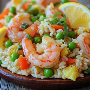 - 2 cups cooked jasmine rice (preferably day-old) - 1 lb shrimp, peeled and deveined - 3 tablespoons honey - 4 tablespoons soy sauce (low sodium) - 3 cloves garlic, minced - 1 tablespoon fresh ginger, grated - 1 cup mixed vegetables (peas, carrots, corn) - 2 green onions, sliced - 2 eggs, beaten - 2 tablespoons sesame oil - Salt and pepper to taste - Lemon wedges for garnish - If you want a change, you can use scallops or chicken instead of shrimp. - For a gluten-free option, use coconut aminos in place of soy sauce. - If you prefer, you can swap in broccoli or bell peppers for mixed veggies. 1. In a small bowl, whisk together the honey and soy sauce. This mix gives your dish a sweet and savory flavor. Set this bowl aside for later. 2. Next, you need to prepare the shrimp. Peel off the shell and devein the shrimp. This means you remove the dark line on the back. Clean shrimp help your dish taste better. 1. Heat 1 tablespoon of sesame oil in a large skillet or wok over medium-high heat. 2. Add the minced garlic and grated ginger. Sauté them for about 30 seconds. You want to smell the sweet aroma. 3. Toss in the shrimp. Cook until they turn pink and opaque, about 2-3 minutes. This shows they are done. 4. Pour the honey-soy mixture over the shrimp. Stir to coat them well. Allow it to bubble for one minute. Then, transfer the shrimp to a plate and set aside. 5. In the same skillet, add the remaining sesame oil. Add the mixed vegetables now. Stir-fry for about 2 minutes until they heat through. 6. Push the veggies to the side of the skillet. Pour in the beaten eggs. Scramble until fully cooked, mixing it well with the veggies. 7. Add the cooked rice to the skillet. Break up any clumps. Stir everything together and cook for about 3-4 minutes. 8. Return the shrimp to the skillet with any remaining sauce. Mix well and season with salt and pepper to taste. 9. Remove from heat and stir in sliced green onions. - For a nice presentation, serve the fried rice in a bowl or on a plate. - Garnish with lemon wedges for a fresh touch. This adds flavor and makes your dish look great. How to choose fresh shrimp When selecting shrimp, look for those that are firm and shiny. Fresh shrimp should have a clean, ocean smell. Avoid any that smell sour or have a slimy texture. Size matters too! Large shrimp are often best for this dish. Importance of day-old rice Using day-old rice makes a big difference. Freshly cooked rice is moist and sticky, which can lead to clumping in your fried rice. Day-old rice dries out a bit, making it easier to fry. It gives a nice texture and helps absorb flavors. Adjusting flavors with soy sauce and honey You can change the taste by adding more soy sauce or honey. If you like it sweeter, add extra honey. For a saltier flavor, increase the soy sauce. Just be careful! Too much can overpower the dish. Quick cooking methods for time efficiency To save time, prep all your ingredients before cooking. Chop the garlic, ginger, and veggies. This way, you can cook quickly without stopping. Stir-frying is fast, so have everything ready to go! Reducing calories and sodium To cut calories, use less oil and soy sauce. You can also use a sugar substitute for the honey. Low-sodium soy sauce is a great choice for reducing salt. This keeps the dish tasty but lighter. Adding more vegetables You can boost nutrition by adding more veggies. Consider adding bell peppers, broccoli, or spinach. This not only makes the dish colorful but also increases fiber and vitamins. Plus, it tastes great! {{image_2}} You can switch up the protein in this dish. If you want to try other seafood, consider using scallops or crab. Both add a unique taste and texture. If you prefer meat, chicken works well. You can cook it just like the shrimp. For a plant-based option, use tofu. Tofu absorbs flavors well and adds a great bite. Want some heat? Add fresh chili or chili flakes for spice. This will give your dish a nice kick. You can also play with herbs. Fresh basil or cilantro can add a bright flavor. Experimenting with flavors keeps the dish exciting and fresh. Think about how you want to serve it. This dish works great as a main meal. Pair it with a side salad or a hot soup. If you want a smaller portion, serve it as a side dish. It complements many meals well. Adjusting how you serve it can change your dining experience. To store your honey garlic shrimp fried rice, place it in an airtight container. This keeps it fresh and prevents odors from mixing. It can stay in the fridge for up to three days. Make sure it cools down before you put it away. This helps avoid condensation, which can make it soggy. You can reheat your fried rice in two main ways: the microwave or stovetop. For the microwave, place it in a bowl and cover it with a damp paper towel. Heat it in short bursts, stirring in between until warm. This helps keep the rice moist. If you prefer stovetop reheating, add a splash of water or broth in a pan. Heat it over medium heat while stirring. This method helps preserve the flavors and texture better than the microwave. Yes, you can freeze honey garlic shrimp fried rice. It freezes well and makes for a quick meal later. Just make sure it is in a freezer-safe container or bag. To thaw, move it to the fridge overnight. You can reheat it straight from the freezer, but it may take longer. Just remember to add a bit of water to keep it from drying out. Enjoy your tasty dish even after a few weeks! Jasmine rice is the best choice for fried rice. It has a nice, fluffy texture. This rice stays separate and does not clump. The subtle fragrance enhances the dish. Day-old jasmine rice works best. It dries out a bit, making it easier to stir-fry. Freshly cooked rice can become mushy. Always try to use jasmine rice for great results. Yes, you can make this dish ahead of time. Meal prep makes busy days easier. Cooked fried rice stores well in the fridge. Keep it in an airtight container. It stays fresh for about 3 to 4 days. When ready to eat, just reheat it. You can use the microwave or stovetop. Add a splash of water while reheating to keep it moist. You can easily adjust this recipe for dietary needs. For a vegan version, skip the shrimp and eggs. Use tofu or tempeh instead. For gluten-free options, choose gluten-free soy sauce. This keeps the flavor without the gluten. Feel free to swap out vegetables based on your taste. You can make this dish work for everyone! This blog post showed how to make Honey Garlic Shrimp Fried Rice with simple steps. You learned what ingredients to use, along with helpful tips to make it better. We explored ways to switch ingredients for personal taste and dietary needs. Cooking can be fun and tasty! Use these ideas to prepare your dish. Enjoy every bite, and remember, practice makes perfect!