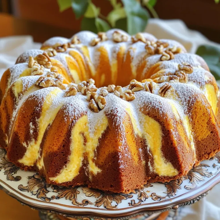 To make this delightful pumpkin cream cheese pound cake, gather these items: - 1 ½ cups all-purpose flour - 1 teaspoon baking powder - ½ teaspoon baking soda - ½ teaspoon salt - 1 teaspoon ground cinnamon - ½ teaspoon ground nutmeg - ¼ teaspoon ground ginger - ½ cup unsalted butter, softened - 1 cup granulated sugar - ½ cup brown sugar, packed - 3 large eggs - 1 cup pumpkin puree (canned or fresh) - 1 teaspoon vanilla extract - 8 oz cream cheese, softened - ¼ cup powdered sugar - Optional: Chopped walnuts for garnish If you need to swap ingredients, here are some ideas: - Replace all-purpose flour with a gluten-free blend for a gluten-free option. - Use coconut sugar instead of granulated sugar for a lower glycemic index. - You can replace cream cheese with Greek yogurt for a lighter option. - If you don’t have pumpkin puree, mashed bananas work in a pinch. To make your cake extra special, consider these toppings: - Dust the top with powdered sugar for a sweet touch. - Add chopped walnuts for a nice crunch. - Serve with whipped cream or vanilla ice cream for added creaminess. - Drizzle caramel sauce over slices for a decadent finish. Start by gathering all your ingredients. Measure out: - 1 ½ cups all-purpose flour - 1 teaspoon baking powder - ½ teaspoon baking soda - ½ teaspoon salt - 1 teaspoon ground cinnamon - ½ teaspoon ground nutmeg - ¼ teaspoon ground ginger - ½ cup unsalted butter, softened - 1 cup granulated sugar - ½ cup brown sugar, packed - 3 large eggs - 1 cup pumpkin puree - 1 teaspoon vanilla extract - 8 oz cream cheese, softened - ¼ cup powdered sugar - Optional: Chopped walnuts for garnish Preheat your oven to 350°F (175°C). Grease and flour a 9x5 inch loaf pan to keep the cake from sticking. In a large bowl, mix the softened butter with granulated sugar and brown sugar. Use an electric mixer on medium speed. Cream these together until the mix turns light and fluffy. This should take about 3-5 minutes. Next, add the eggs one at a time. Mix well after adding each egg. Then, add the pumpkin puree and vanilla extract. Keep mixing until everything is well combined. In a medium bowl, whisk together the flour, baking powder, baking soda, salt, cinnamon, nutmeg, and ginger. This mixture adds flavor and helps the cake rise. Gradually add this dry mix to the wet ingredients. Mix just until combined. Be careful not to overmix. This keeps the cake light. Pour half of the pumpkin batter into your prepared loaf pan. Then, in a small bowl, mix the softened cream cheese with powdered sugar until smooth. Dollop the cream cheese mixture over the pumpkin batter. Top with the remaining pumpkin batter. Use a knife to gently swirl the cream cheese into the batter. This creates a lovely marbled effect. Bake the cake in the preheated oven for 60-70 minutes. Check for doneness with a toothpick. It should come out clean when the cake is ready. To get the best swirl, don’t overmix the cream cheese. Keep it thick. Use a gentle hand when swirling. You want to see both the pumpkin and cream cheese in each slice. This makes the cake look beautiful and appetizing. Enjoy your baking! Mistakes can happen, but avoiding them makes baking more fun. Here are some tips: - Overmixing the batter can make the cake tough. Mix just until combined. - Not measuring ingredients correctly can change the texture. Use dry and liquid measuring cups. - Skipping the cream cheese swirl can lessen the taste. It adds a nice flavor and looks great too. A moist cake is a happy cake. Here’s how to keep it moist: - Use room temperature ingredients. Cold butter or eggs can make the batter lumpy. - Add pumpkin puree for moisture. It gives the cake a rich flavor and soft texture. - Don’t overbake. Check the cake at 60 minutes. If a toothpick comes out clean, it’s done. Good tools make baking easier. Here’s what I recommend: - Stand mixer or hand mixer for mixing batter. It saves time and effort. - 9x5 inch loaf pan for the perfect shape. Make sure to grease it well. - Parchment paper can help with easy removal. Line the bottom of your pan for best results. - Cooling rack to cool the cake. It helps prevent soggy bottoms. With these tips and tricks, you will bake a delicious Pumpkin Cream Cheese Pound Cake that everyone loves! {{image_2}} You can add more spice to your pumpkin cream cheese pound cake. Cloves and allspice give a warm flavor. To try this, add 1/4 teaspoon of ground cloves and 1/4 teaspoon of allspice to your dry ingredients. These spices mix well with cinnamon and nutmeg. You will create a more aromatic and flavorful cake. Want a gluten-free option? You can replace all-purpose flour with a gluten-free blend. Use 1 ½ cups of your favorite gluten-free flour mix. Make sure it has xanthan gum for better texture. This version still tastes great and keeps the same moistness. Mini versions are fun and cute! To make mini pound cakes, use a mini loaf pan. Divide the batter evenly among the mini pans. Bake for about 25-30 minutes, or until a toothpick comes out clean. These mini treats are perfect for sharing or gifting. Plus, they look lovely on a fall dessert table! To keep your pumpkin cream cheese pound cake fresh, wrap it well. Use plastic wrap or foil to cover it tightly. This keeps moisture in and prevents drying. You can also store it in an airtight container. Place it in a cool, dry spot or your fridge. If you keep it in the fridge, enjoy it within a week. Freezing is a great way to save this cake for later. Let it cool completely first. Wrap slices or the whole cake in plastic wrap. Then, place it in a freezer bag. Remove as much air as possible before sealing. This will help keep it fresh. You can freeze it for up to three months. When you are ready to eat it, thaw it in the fridge overnight. The pumpkin cream cheese pound cake has a good shelf life. If stored properly, it lasts about a week in the fridge. In the freezer, it can last up to three months. Always check for signs of spoilage, like mold or an off smell. If it looks or smells bad, it’s best to toss it. Yes, you can use fresh pumpkin. Just cook and puree it first. Fresh pumpkin gives a lovely flavor. It may also add a bit more moisture. Make sure to drain any excess water before mixing. Check the cake with a toothpick. Insert it into the center. If it comes out clean, the cake is done. The top should be golden brown. You can also gently press the top; it should bounce back. Serve slices on a nice plate. Dust with powdered sugar on top. Add chopped walnuts for crunch. A scoop of vanilla ice cream goes well too. You can even pair it with whipped cream for extra flavor. Yes, you can make this cake ahead of time. It keeps well in the fridge for up to a week. Just wrap it tightly to keep it fresh. You can also freeze it for longer storage. Just thaw it before serving. This blog post covered every key step for making a delicious pumpkin cream cheese pound cake. You learned about ingredient options, steps for mixing and baking, and tips for success. Remember, avoid common mistakes to keep your cake moist. Also, don’t forget to explore tasty variations and proper storage tips. Baking is fun, and with these ideas, you can make a fantastic cake. Dive into this recipe, and enjoy your baking adventure!