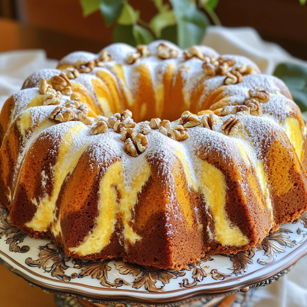To make this delightful pumpkin cream cheese pound cake, gather these items: - 1 ½ cups all-purpose flour - 1 teaspoon baking powder - ½ teaspoon baking soda - ½ teaspoon salt - 1 teaspoon ground cinnamon - ½ teaspoon ground nutmeg - ¼ teaspoon ground ginger - ½ cup unsalted butter, softened - 1 cup granulated sugar - ½ cup brown sugar, packed - 3 large eggs - 1 cup pumpkin puree (canned or fresh) - 1 teaspoon vanilla extract - 8 oz cream cheese, softened - ¼ cup powdered sugar - Optional: Chopped walnuts for garnish If you need to swap ingredients, here are some ideas: - Replace all-purpose flour with a gluten-free blend for a gluten-free option. - Use coconut sugar instead of granulated sugar for a lower glycemic index. - You can replace cream cheese with Greek yogurt for a lighter option. - If you don’t have pumpkin puree, mashed bananas work in a pinch. To make your cake extra special, consider these toppings: - Dust the top with powdered sugar for a sweet touch. - Add chopped walnuts for a nice crunch. - Serve with whipped cream or vanilla ice cream for added creaminess. - Drizzle caramel sauce over slices for a decadent finish. Start by gathering all your ingredients. Measure out: - 1 ½ cups all-purpose flour - 1 teaspoon baking powder - ½ teaspoon baking soda - ½ teaspoon salt - 1 teaspoon ground cinnamon - ½ teaspoon ground nutmeg - ¼ teaspoon ground ginger - ½ cup unsalted butter, softened - 1 cup granulated sugar - ½ cup brown sugar, packed - 3 large eggs - 1 cup pumpkin puree - 1 teaspoon vanilla extract - 8 oz cream cheese, softened - ¼ cup powdered sugar - Optional: Chopped walnuts for garnish Preheat your oven to 350°F (175°C). Grease and flour a 9x5 inch loaf pan to keep the cake from sticking. In a large bowl, mix the softened butter with granulated sugar and brown sugar. Use an electric mixer on medium speed. Cream these together until the mix turns light and fluffy. This should take about 3-5 minutes. Next, add the eggs one at a time. Mix well after adding each egg. Then, add the pumpkin puree and vanilla extract. Keep mixing until everything is well combined. In a medium bowl, whisk together the flour, baking powder, baking soda, salt, cinnamon, nutmeg, and ginger. This mixture adds flavor and helps the cake rise. Gradually add this dry mix to the wet ingredients. Mix just until combined. Be careful not to overmix. This keeps the cake light. Pour half of the pumpkin batter into your prepared loaf pan. Then, in a small bowl, mix the softened cream cheese with powdered sugar until smooth. Dollop the cream cheese mixture over the pumpkin batter. Top with the remaining pumpkin batter. Use a knife to gently swirl the cream cheese into the batter. This creates a lovely marbled effect. Bake the cake in the preheated oven for 60-70 minutes. Check for doneness with a toothpick. It should come out clean when the cake is ready. To get the best swirl, don’t overmix the cream cheese. Keep it thick. Use a gentle hand when swirling. You want to see both the pumpkin and cream cheese in each slice. This makes the cake look beautiful and appetizing. Enjoy your baking! Mistakes can happen, but avoiding them makes baking more fun. Here are some tips: - Overmixing the batter can make the cake tough. Mix just until combined. - Not measuring ingredients correctly can change the texture. Use dry and liquid measuring cups. - Skipping the cream cheese swirl can lessen the taste. It adds a nice flavor and looks great too. A moist cake is a happy cake. Here’s how to keep it moist: - Use room temperature ingredients. Cold butter or eggs can make the batter lumpy. - Add pumpkin puree for moisture. It gives the cake a rich flavor and soft texture. - Don’t overbake. Check the cake at 60 minutes. If a toothpick comes out clean, it’s done. Good tools make baking easier. Here’s what I recommend: - Stand mixer or hand mixer for mixing batter. It saves time and effort. - 9x5 inch loaf pan for the perfect shape. Make sure to grease it well. - Parchment paper can help with easy removal. Line the bottom of your pan for best results. - Cooling rack to cool the cake. It helps prevent soggy bottoms. With these tips and tricks, you will bake a delicious Pumpkin Cream Cheese Pound Cake that everyone loves! {{image_2}} You can add more spice to your pumpkin cream cheese pound cake. Cloves and allspice give a warm flavor. To try this, add 1/4 teaspoon of ground cloves and 1/4 teaspoon of allspice to your dry ingredients. These spices mix well with cinnamon and nutmeg. You will create a more aromatic and flavorful cake. Want a gluten-free option? You can replace all-purpose flour with a gluten-free blend. Use 1 ½ cups of your favorite gluten-free flour mix. Make sure it has xanthan gum for better texture. This version still tastes great and keeps the same moistness. Mini versions are fun and cute! To make mini pound cakes, use a mini loaf pan. Divide the batter evenly among the mini pans. Bake for about 25-30 minutes, or until a toothpick comes out clean. These mini treats are perfect for sharing or gifting. Plus, they look lovely on a fall dessert table! To keep your pumpkin cream cheese pound cake fresh, wrap it well. Use plastic wrap or foil to cover it tightly. This keeps moisture in and prevents drying. You can also store it in an airtight container. Place it in a cool, dry spot or your fridge. If you keep it in the fridge, enjoy it within a week. Freezing is a great way to save this cake for later. Let it cool completely first. Wrap slices or the whole cake in plastic wrap. Then, place it in a freezer bag. Remove as much air as possible before sealing. This will help keep it fresh. You can freeze it for up to three months. When you are ready to eat it, thaw it in the fridge overnight. The pumpkin cream cheese pound cake has a good shelf life. If stored properly, it lasts about a week in the fridge. In the freezer, it can last up to three months. Always check for signs of spoilage, like mold or an off smell. If it looks or smells bad, it’s best to toss it. Yes, you can use fresh pumpkin. Just cook and puree it first. Fresh pumpkin gives a lovely flavor. It may also add a bit more moisture. Make sure to drain any excess water before mixing. Check the cake with a toothpick. Insert it into the center. If it comes out clean, the cake is done. The top should be golden brown. You can also gently press the top; it should bounce back. Serve slices on a nice plate. Dust with powdered sugar on top. Add chopped walnuts for crunch. A scoop of vanilla ice cream goes well too. You can even pair it with whipped cream for extra flavor. Yes, you can make this cake ahead of time. It keeps well in the fridge for up to a week. Just wrap it tightly to keep it fresh. You can also freeze it for longer storage. Just thaw it before serving. This blog post covered every key step for making a delicious pumpkin cream cheese pound cake. You learned about ingredient options, steps for mixing and baking, and tips for success. Remember, avoid common mistakes to keep your cake moist. Also, don’t forget to explore tasty variations and proper storage tips. Baking is fun, and with these ideas, you can make a fantastic cake. Dive into this recipe, and enjoy your baking adventure!