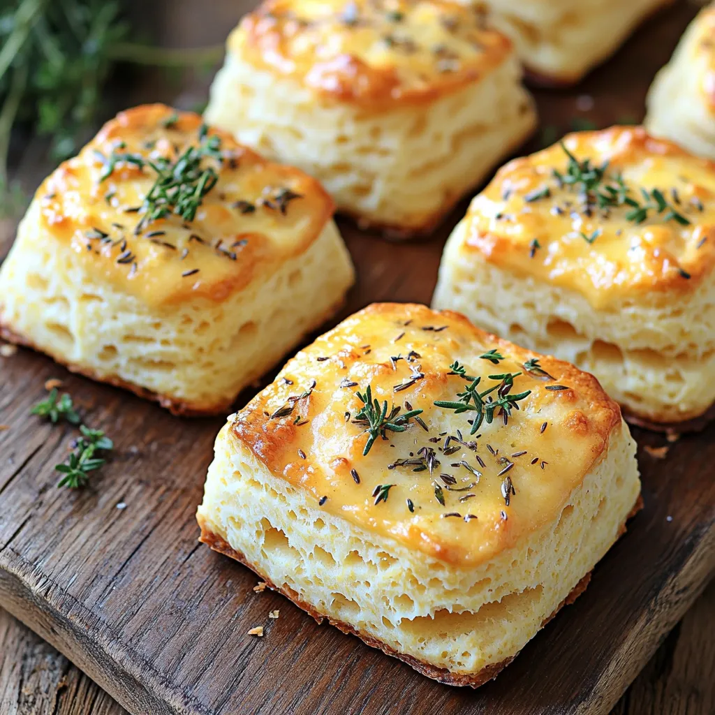 To make savory herb and cheddar biscuits, gather these ingredients: - 2 cups all-purpose flour - 1 tablespoon baking powder - 1 teaspoon salt - ½ teaspoon black pepper - 1 teaspoon dried thyme - 1 teaspoon dried rosemary - ½ cup unsalted butter, cold and cubed - 1 cup sharp cheddar cheese, grated - ¾ cup buttermilk (or milk with 1 tablespoon lemon juice added) If you don't have some ingredients, don't worry. Here are some swaps: - All-purpose flour: Use whole wheat flour for a nuttier flavor. - Baking powder: You can make a mix of baking soda and cream of tartar. - Unsalted butter: Coconut oil or margarine work well too. - Sharp cheddar cheese: Try mozzarella or pepper jack for a different taste. - Buttermilk: Mix regular milk with vinegar or lemon juice as a substitute. Choosing the best ingredients makes a big difference. Here are some tips: - Flour: Look for unbleached all-purpose flour for better flavor. - Cheese: Freshly grated cheese melts better than pre-shredded. - Butter: Cold butter creates flaky layers in your biscuits. - Herbs: Use dried herbs that smell strong; this means they’re fresh. - Buttermilk: Check the expiration date for the best taste. These tips will help you pick quality ingredients that elevate your biscuits! 1. Preheat your oven to 425°F (220°C). Line a baking sheet with parchment paper. 2. In a large bowl, mix 2 cups of flour, 1 tablespoon of baking powder, 1 teaspoon of salt, ½ teaspoon of black pepper, 1 teaspoon of dried thyme, and 1 teaspoon of dried rosemary. Whisk until blended well. 3. Cut ½ cup of cold, cubed unsalted butter into the flour mix. Use a pastry cutter or your fingers. Mix until it looks like coarse crumbs. 4. Add 1 cup of grated sharp cheddar cheese to the bowl. Stir it in until evenly mixed. 5. Pour in ¾ cup of buttermilk. Gently stir until just combined. The dough should feel soft and slightly sticky. 6. Turn the dough onto a floured surface. Gently fold it over two or three times. Pat it down into a 1-inch thick rectangle. 7. Use a biscuit cutter to cut out shapes. Place them on the baking sheet, leaving about 1 inch between each biscuit. 8. Bake for 12-15 minutes. Watch for a golden brown top. Insert a toothpick; it should come out clean. 9. Once baked, remove the biscuits from the oven. Let them cool for a few minutes before serving. 10. Serve warm. Brush the tops with melted butter. Add a sprinkle of fresh herbs for a lovely touch. Enjoy them with your favorite soup or on their own! To make the best biscuits, you need the right mix. Start with cold butter. This helps keep the biscuits flaky. Use a pastry cutter or your fingers to mix the butter with the dry mix. Stop when you see coarse crumbs. Overmixing makes them dense. When you add the buttermilk, stir just until it comes together. The dough should feel soft and slightly sticky. Folding the dough a few times adds layers without being tough. Herbs give biscuits a great taste. Try using fresh thyme or rosemary if you have them. Fresh herbs add a nice pop. You can also mix in garlic powder for a savory touch. If you want more cheese flavor, use extra sharp cheddar. For a spicy kick, add chopped jalapeños. These simple changes can make your biscuits stand out. One mistake is using warm butter. Always keep it cold for the best texture. Avoid overworking the dough; it leads to hard biscuits. Another mistake is not measuring ingredients correctly. Use a kitchen scale for accuracy. Lastly, don't skip preheating the oven. A hot oven helps your biscuits rise and become golden. Follow these tips to ensure your savory herb and cheddar biscuits are a hit! {{image_2}} You can change the herbs to fit your taste. Try using fresh herbs like basil or parsley instead of dried thyme and rosemary. Fresh herbs give a bright flavor. You can also add spices like garlic powder or onion powder for more depth. A pinch of cayenne can add a nice kick! While sharp cheddar is great, you can explore other cheeses. Gruyère brings a nutty flavor, while feta adds tang. For a creamier texture, use mozzarella. Feel free to mix different cheeses for a unique taste. Each cheese will change the biscuits, making them special every time. Get creative with add-ins! Chopped jalapeños can give your biscuits heat. You can also mix in roasted garlic for a rich flavor. Sun-dried tomatoes add a pop of sweetness. Try adding cooked bacon bits for a savory twist. Each option adds a new layer of flavor, making each batch unique. To keep your savory herb and cheddar biscuits fresh, store them in an airtight container. Place a paper towel in the container to absorb moisture. This helps prevent sogginess. Store the biscuits at room temperature for up to three days. If you want to keep them longer, follow the freezing steps below. You can freeze these biscuits to enjoy later. First, let the biscuits cool completely. Then, wrap each biscuit tightly in plastic wrap. Place the wrapped biscuits in a freezer-safe bag or container. They can last for up to three months in the freezer. When you want to eat them, simply thaw overnight in the fridge. Reheat in the oven at 350°F (175°C) for about 10 minutes. This gives them a warm, fresh taste. These biscuits taste best when fresh. Keep them in an airtight container for the best flavor. If stored properly, they can last up to three days at room temperature. For longer freshness, freezing is the best option. Always check for any signs of spoilage before enjoying. If they smell off or feel hard, it's best to toss them. Enjoy your biscuits while they are still soft and flavorful! You can easily make these biscuits gluten-free. Use a gluten-free flour blend in place of all-purpose flour. Look for a blend that includes xanthan gum. This will help give your biscuits the right texture. Just follow the same steps as the original recipe. The flavors from the herbs and cheese will still shine through. Yes, you can use regular milk instead of buttermilk. If you don’t have buttermilk, add one tablespoon of lemon juice to three-quarters cup of milk. Let it sit for five minutes. This will create a similar tangy flavor. Your biscuits will still taste great and be fluffy. To reheat leftover biscuits, preheat your oven to 350°F (175°C). Place the biscuits on a baking sheet. Cover them with foil to keep them from drying out. Heat for about 10-15 minutes until warm. You can also use a microwave for quick reheating. Just heat for 15-20 seconds, but the oven gives a better texture. Enjoy your warm biscuits! This blog post covered key ingredients, step-by-step baking, and helpful tips. You learned how to choose quality ingredients and make tasty substitutions. Following the instructions ensures perfect texture and flavor. We explored fun variations, storage tips, and answered common questions. Use this guide to create the best biscuits you can. Remember, practice makes perfect, so don’t be afraid to try new things! Your next batch could be your best yet. Enjoy baking and share your results!