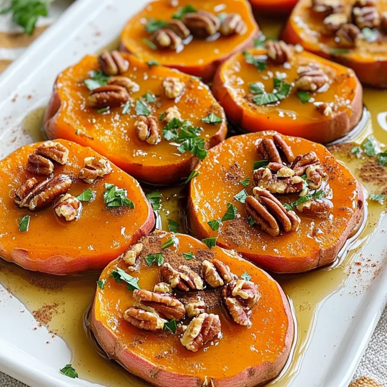 To make Maple Glazed Sweet Potato Rounds, you need: - 2 large sweet potatoes, sliced into 1/2 inch rounds - 1/4 cup pure maple syrup - 2 tablespoons olive oil - 1 teaspoon cinnamon - 1/2 teaspoon nutmeg - Salt and pepper to taste - Chopped pecans for garnish (optional) - Fresh parsley for garnish (optional) You can swap ingredients if you like. For example: - Use honey or agave syrup instead of maple syrup for a different taste. - If you don’t have olive oil, use coconut oil or melted butter. - You can skip cinnamon and nutmeg if you prefer a milder flavor. - For a nut-free option, omit the chopped pecans. Choose sweet potatoes that feel firm and heavy. Look for smooth skin without blemishes. The color can vary from orange to purple. Make sure they are not soft or wrinkled. These signs mean they may be old or spoiled. Fresh sweet potatoes will give your rounds a great taste. Start with two large sweet potatoes. Slice them into 1/2 inch rounds. Make sure the slices are even. This helps them cook well. Place the rounds in a large bowl. In the bowl, add 1/4 cup of pure maple syrup. Next, drizzle in 2 tablespoons of olive oil. Then, sprinkle in 1 teaspoon of cinnamon and 1/2 teaspoon of nutmeg. Add salt and pepper to taste. Toss the rounds gently until they are coated. Make sure each round gets a good mix. Preheat your oven to 400°F (200°C). Line a baking sheet with parchment paper. Arrange the sweet potato rounds in a single layer on the sheet. Bake for 25-30 minutes. Flip the rounds halfway through cooking. They should be tender and caramelized when done. After baking, let them cool for a few minutes. Transfer the rounds to a serving platter. Drizzle any leftover maple syrup on top. If you want, add chopped pecans and fresh parsley for garnish. Enjoy your sweet and tasty treat! Caramelization gives sweet potatoes a rich flavor. To get this, coat each round well. Use enough maple syrup and olive oil. The sugar in maple syrup helps them brown. Spread the rounds on the baking sheet, but don’t overcrowd them. Space allows heat to circulate. This ensures they cook evenly and caramelize well. Flipping the sweet potato rounds is key. Halfway through baking, gently turn each round. I use a spatula for this. This step helps both sides cook evenly. It also promotes good caramelization. If you skip this, one side may burn while the other stays soft. You’ll know they are done when they are tender. A fork should easily pierce them. Look for a golden-brown color. This indicates they have caramelized well. If you like them crispier, bake them a bit longer. Just watch closely to avoid burning. Enjoy their sweet, warm goodness right out of the oven! {{image_2}} You can change the flavor by adding spices. Try using ginger for a warm kick. Cardamom gives a sweet and spicy touch. You can also mix in cayenne pepper for heat. Each spice adds a new layer of taste to the sweet potatoes. Maple syrup is great, but you can use other sweeteners too. Honey works well if you want a floral note. Agave syrup is a good choice for a milder taste. Brown sugar can add a nice caramel flavor. Just remember to adjust the amount to keep it balanced. Switching up the veggies can make this dish even better. Carrots roast well and taste sweet. Beets can add a vibrant color and earthiness. You might also try parsnips for a unique twist. Mix them with sweet potatoes for a tasty medley. To keep your maple glazed sweet potato rounds fresh, place them in an airtight container. Make sure to let them cool first. Store them in the fridge for up to three days. If you want to enjoy them later, this method works great! When you're ready to enjoy your leftovers, reheating is easy. Preheat your oven to 350°F (175°C). Spread the rounds on a baking sheet. Heat them for about 10-15 minutes until warm. This keeps them crispy and tasty. You can also use a microwave, but they may not stay as crisp. If you want to save them for longer, you can freeze the sweet potato rounds. First, let them cool completely. Then, arrange them in a single layer on a baking sheet. Freeze them for about an hour. Once frozen, transfer the rounds to a freezer bag. They can last up to three months in the freezer. When you’re ready to eat, bake them directly from frozen. Enjoy the sweet flavor anytime! To make Maple Glazed Sweet Potato Rounds vegan, simply swap the olive oil for a plant-based option. Use coconut oil or avocado oil instead. These oils work well and keep the dish tasty. You can also ensure your maple syrup is pure and free from animal products. This way, you keep all the great flavors while meeting vegan needs. Yes, you can use other potatoes like Yukon Gold or red potatoes. They will not taste as sweet but will still work. Cut them into the same 1/2 inch rounds. Adjust the cooking time if needed, as different potatoes may cook faster or slower than sweet potatoes. Maple Glazed Sweet Potato Rounds shine as a side dish. Pair them with roasted meats or serve them at a brunch. You can also add them to salads for a sweet crunch. For a fun twist, serve them as a snack with a dip. Try a yogurt sauce or a spicy aioli for extra flavor. You learned about making delicious Maple Glazed Sweet Potato Rounds. We covered the key ingredients, how to choose sweet potatoes, and tips for perfect baking. Remember, small changes can lead to big flavor. Experiment with spices and other veggies for fun twists. Storing leftovers is simple, and reheating keeps them tasty. Now, enjoy your cooking and share these tasty rounds with others. Who wouldn't love this dish?
