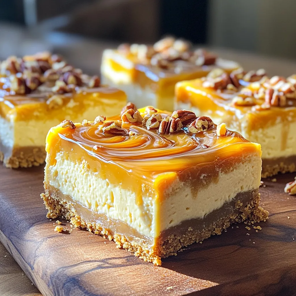 To make these tasty cheesecake bars, you need: - 1 cup graham cracker crumbs - 1/4 cup unsalted butter, melted - 2 tablespoons brown sugar - 1 (16 oz) cream cheese, softened - 1 cup granulated sugar - 3 large eggs - 1 teaspoon vanilla extract - 1 cup sour cream - 1 cup pecans, chopped - 1/2 cup caramel sauce (store-bought or homemade) - Pinch of salt These ingredients blend to create a creamy and sweet dessert. The graham cracker crumbs form a crunchy crust, while the cream cheese provides a rich and smooth filling. The pecans add a nice crunch, and the caramel gives a sweet finish. If you need substitutions, here are a few ideas: - Use almond flour instead of graham cracker crumbs for a gluten-free crust. - Swap cream cheese with mascarpone for a lighter texture. - Substitute Greek yogurt for sour cream to add protein. - Use maple syrup in place of caramel sauce for a different flavor. These swaps keep the spirit of the recipe while catering to different tastes or dietary needs. For this recipe, you will need: - 9x9 inch baking pan - Parchment paper - Medium mixing bowl - Large mixing bowl - Electric mixer - Spatula - Knife or skewer for swirling Having the right tools makes the process easier and helps you achieve great results. Make sure to line your pan with parchment; it helps in removing the bars easily after baking. Start by preheating your oven to 325°F (160°C). Grab a 9x9 inch baking pan and line it with parchment paper. Leave some overhang to help you lift the bars later. In a medium bowl, mix together 1 cup of graham cracker crumbs, 1/4 cup of melted unsalted butter, 2 tablespoons of brown sugar, and a pinch of salt. Stir until it looks like wet sand. Press this mixture firmly into the bottom of your prepared pan. This will be the base of your bars. Bake the crust for 10 minutes. Take it out and let it cool slightly. In a large mixing bowl, beat 1 (16 oz) package of softened cream cheese using an electric mixer. Mix until it’s smooth and creamy. Gradually add 1 cup of granulated sugar. Keep mixing until it’s all combined. Then, add in 3 large eggs one at a time. Make sure to mix well after each egg. Next, stir in 1 teaspoon of vanilla extract and 1 cup of sour cream. Mix until the filling is totally smooth. Now, gently fold in 1 cup of chopped pecans. This adds a nice crunch. Pour the cheesecake filling over the cooled crust. Spread it evenly with a spatula. Drizzle 1/2 cup of caramel sauce over the top. Use a knife or skewer to swirl the caramel into the filling. This creates a lovely marbled effect. Bake the cheesecake bars for 30-35 minutes. The center should be set but still slightly jiggly. After baking, take them out and let them cool at room temperature. Then, refrigerate for at least 4 hours or overnight. This helps them set properly. Once chilled, you can cut them into squares. To get a smooth and creamy cheesecake, it’s key to use soft cream cheese. Start by letting it sit at room temperature for about 30 minutes. This step helps it mix evenly. When you mix, use a hand mixer on low speed. Be gentle to avoid too much air. Air can make your cheesecake puff up and crack. Once your cheesecake bars cool, store them in the fridge. Use an airtight container to keep them fresh. They can last up to 5 days in the fridge. If you want to keep them longer, freeze them. Wrap each bar in plastic wrap, then place them in a freezer bag. They can last up to 3 months in the freezer. Just remember to thaw them in the fridge before serving. Serving these bars is fun! Chill them well before cutting. You can drizzle extra caramel sauce on top for a beautiful look. For a crunchy touch, sprinkle some chopped pecans over each bar. This adds flavor and makes them look fancy. Enjoy them with coffee or tea for a delightful treat! {{image_2}} You can change the flavor of your caramel pecan cheesecake bars easily. For a chocolate twist, add 1/2 cup of cocoa powder to the filling. This gives a rich, chocolatey taste. If you want pumpkin flavors, mix in 1 cup of pure pumpkin puree and a teaspoon of pumpkin spice. Both options give you a fun twist on this classic dessert. Want to make these bars gluten-free? Swap out the graham cracker crumbs. Use gluten-free graham crackers or almond flour instead. Mix the almond flour with a bit of melted butter and brown sugar. This keeps the crust delicious and safe for those with gluten sensitivities. You can also make no-bake caramel pecan cheesecake bars. Instead of baking the crust, chill it in the fridge for 30 minutes. For the filling, mix softened cream cheese, sugar, and vanilla. Fold in the pecans and caramel. Pour this mixture into your chilled crust and let it set in the fridge for at least four hours. This version is creamy and easy! To keep your Caramel Pecan Cheesecake Bars fresh, store them in the fridge. Place the bars in an airtight container. You can also cover them tightly with plastic wrap. This will help prevent them from drying out. They stay good for up to five days in the fridge. Want to save some for later? You can freeze these cheesecake bars! First, let them cool completely. Then, cut the bars into squares and wrap each piece in plastic wrap. After that, place the wrapped bars in a freezer-safe bag or container. They can last for up to three months in the freezer. When you're ready to enjoy your frozen bars, take them out of the freezer. Remove the plastic wrap but keep them in the container. Let them thaw in the fridge overnight. This helps maintain their texture. If you're in a hurry, you can leave them at room temperature for about an hour. Just don’t rush the thawing process to keep them creamy and delicious! Yes, you can make these bars ahead of time. They actually taste better after chilling. I suggest making them the day before you plan to serve. Let them cool, then refrigerate for at least four hours. This helps the flavors blend well. Just remember to cover them tightly to keep them fresh. If you need a substitute for cream cheese, try using mascarpone cheese. It has a smooth texture and creamy taste. You can also use ricotta cheese, but it may make the bars a bit grainy. Another option is to blend silken tofu until smooth for a dairy-free version. Each option will change the flavor a bit, so choose what fits your need. You will know the bars are done when the edges are set and the center is slightly jiggly. The jiggly part will firm up as it cools. If the bars puff up a lot, they might be overbaked. Look for a light golden color on top. This means they are ready to come out of the oven. You can now make delicious Caramel Pecan Cheesecake Bars with ease. We covered key ingredients, step-by-step instructions, and helpful tips. Variations let you customize flavors to fit your taste. Proper storage advice ensures your treats stay fresh and tasty. With these simple steps, you'll impress everyone with your baking. Enjoy being creative in the kitchen and try out different recipes. Happy baking!