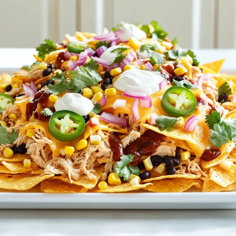 - 2 cups cooked chicken, shredded - 1 cup BBQ sauce (your favorite brand) - 1 bag tortilla chips The main stars of this dish are shredded chicken, BBQ sauce, and tortilla chips. I love using cooked chicken because it saves time. You can use leftover chicken or buy rotisserie chicken for ease. The BBQ sauce adds a smoky, sweet flavor that makes the nachos sing. Choose a sauce you love to really make it shine. Tortilla chips hold everything together and give a nice crunch. - 2 cups shredded cheddar cheese - 1 cup black beans, drained and rinsed - 1 cup corn (fresh or canned) - 1 jalapeño, sliced (optional for heat) Next, we have the toppings. Shredded cheddar cheese is a must for that gooey goodness. Black beans add protein and a hearty texture. Corn gives a sweet pop to each bite. If you like heat, add sliced jalapeños for an extra kick. These toppings balance the flavors and make each bite exciting. - 1/2 cup pickled red onions (for garnish) - Fresh cilantro, chopped (for garnish) - Sour cream (for serving) For the finishing touch, I recommend pickled red onions. They add tang and crunch. Fresh cilantro gives a burst of freshness. Sour cream is perfect for cooling down the heat. You can drizzle it on top or serve it on the side for dipping. These extras make the nachos even more fun and flavorful. Start by preheating your oven to 400°F (200°C). This temperature helps the cheese melt well. While the oven heats, take 2 cups of cooked chicken and shred it into bite-sized pieces. In a mixing bowl, add 1 cup of your favorite BBQ sauce to the chicken. Mix it well to coat every piece. This gives the chicken a rich flavor that pairs great with the nachos. Next, grab a large sheet pan and spread a layer of tortilla chips across the bottom. Make sure to cover the pan evenly. This creates a solid base for your toppings. Now, take the BBQ chicken and distribute it over the chips. After that, sprinkle 1 cup of drained black beans and 1 cup of corn on top. These add texture and nutrition. Finally, cover everything with 2 cups of shredded cheddar cheese. If you like heat, add sliced jalapeños on top. Place the sheet pan in the oven and bake for 15-20 minutes. You want the cheese to melt and become bubbly. Keep an eye on it to avoid burning. Once it’s ready, take it out and add a sprinkle of pickled red onions and fresh cilantro for color. Serve the nachos right away. You can also offer sour cream on the side for dipping. Enjoy your tasty and fun meal! How to shred chicken easily To shred chicken fast, use two forks. Hold one fork steady while pulling with the other. You can also use a stand mixer. Just place the chicken in the bowl and mix on low. It will shred in seconds. Choosing the right BBQ sauce Pick a BBQ sauce that you love. Sweet, spicy, or smoky? Each sauce gives the nachos a different flavor. Try a few brands to find your favorite. Look for sauces with natural ingredients for the best taste. Recommended spices for extra taste Add spices like cumin, paprika, or garlic powder to the chicken. These spices boost the flavor and make the dish more exciting. A pinch of cayenne pepper adds heat if you like spice. Substitutions for healthier options Want a healthier nacho? Use baked tortilla chips instead of fried ones. You can swap cheddar cheese for a lower-fat version. For added fiber, use more black beans or add veggies like peppers. Ideas for serving at gatherings Serve nachos on a large platter for a fun look. You can also use smaller plates for individual servings. Add a bowl of sour cream in the center for easy dipping. How to arrange the nachos for a visual appeal Layer the nachos neatly on the plate. Start with chips, then chicken, beans, and cheese. Add vibrant toppings like jalapeños and pickled onions last. This creates a colorful and tempting dish. {{image_2}} You can make delicious nachos without meat. Substitute chicken with grilled veggies like bell peppers and zucchini. They add great flavor and crunch. You can also use black beans or kidney beans. They are hearty and full of protein. This way, everyone can enjoy the nachos. Want to spice things up? Try using spicy BBQ sauces. They add a kick that many enjoy. You can also add fruits like pineapple for sweetness. The mix of sweet and savory makes each bite exciting. Switch up the cheese for fun. Try pepper jack for a spicy twist or a blend of cheeses for depth. You can also experiment with different chip flavors. Sour cream and onion chips or spicy nacho chips add a new layer of taste. Don't be afraid to get creative! Store nachos in an airtight container. This keeps them fresh. Place them in the fridge right after serving. They stay good for about three days. To reheat, use the oven. Preheat it to 350°F (175°C). Spread the nachos on a baking sheet. Bake for 10 minutes or until warm. This method keeps the chips crispy. Yes, you can freeze nachos! However, it’s best to freeze the toppings separately. Lay tortilla chips flat in a freezer bag. Store cooked BBQ chicken, cheese, and beans in separate bags. This way, the chips won’t get soggy. To use, thaw everything in the fridge overnight. Then reheat in the oven as before. Nachos last about three days in the fridge. After that, they may lose their taste and texture. Use leftovers in new dishes. You can add them to salads or soups. Nachos also work great as a topping for baked potatoes. Get creative and enjoy your leftovers! To keep nachos crispy, follow these tips: - Use fresh tortilla chips. - Spread chips evenly on the pan. - Avoid adding too many toppings. - Bake the nachos, not just broil them. - Serve right away to enjoy the crunch. These steps help prevent sogginess. When you layer too many wet toppings, the chips absorb moisture. The key is to find a good balance. You can pair BBQ chicken nachos with: - Fresh guacamole - Salsa or pico de gallo - A crisp green salad - Sweet potato fries - Coleslaw These sides add flavor and texture. They also offer a mix of tastes that complement the nachos. Try to choose sides that bring freshness or crunch. Yes, rotisserie chicken works great! - It's already cooked and saves time. - It has a tasty flavor from spices. - You can shred it easily. Using rotisserie chicken makes this dish quick and simple. It allows you to focus on making the nachos even better with your favorite BBQ sauce and toppings. BBQ chicken nachos are simple, fun, and packed with flavor. You learned about the main ingredients, toppings, and how to make them from scratch. I shared tips for cooking and presenting the dish, plus variations for different tastes. As you whip up this tasty snack, remember that the key is having fun with it. Try new flavors and enjoy the process. Happy cooking!