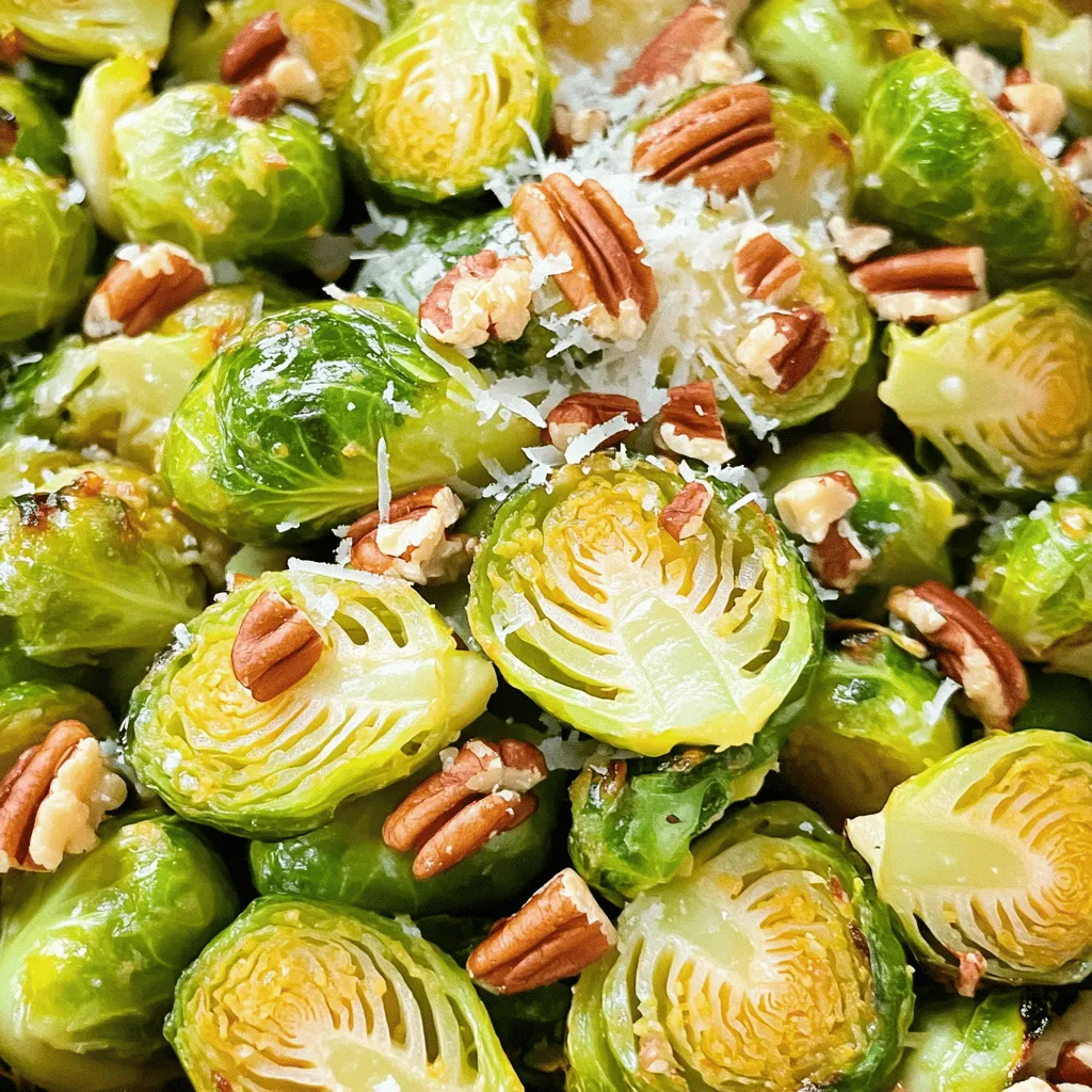 - 1 lb Brussels sprouts, trimmed and halved - 3 tablespoons olive oil - 2 tablespoons honey - 2 tablespoons Dijon mustard - 1 tablespoon apple cider vinegar To make honey mustard Brussels sprouts shine, you need fresh Brussels sprouts. Look for bright green ones without any brown spots. The olive oil adds a nice richness. Honey gives sweetness, while Dijon brings a tangy punch. Apple cider vinegar balances the flavors. - 1/4 cup pecans, roughly chopped - 1/4 cup grated Parmesan cheese You can add pecans for a crunchy texture. They toast nicely in the oven. Parmesan cheese can enhance the savory notes. It melts beautifully over the sprouts, adding a creamy touch. Both are optional but worth considering. - Salt and pepper to taste Don't forget salt and pepper! These simple seasonings can elevate the dish. They help bring out all the flavors of the Brussels sprouts and the honey mustard mix. Adjust to your taste for the best results. 1. Preheat your oven to 400°F (200°C). This helps the Brussels sprouts cook evenly. 2. In a large bowl, combine the halved Brussels sprouts with olive oil, honey, Dijon mustard, and apple cider vinegar. Toss well. Make sure each sprout gets coated in the mix. 3. Season with salt and pepper. Adjust the seasoning to fit your taste. 1. Spread the Brussels sprouts out in a single layer on a baking sheet. This helps them roast well. 2. Roast in the oven for 20-25 minutes. Flip them halfway through. This ensures all sides get golden brown and tender. 1. In the last 5 minutes of roasting, sprinkle the chopped pecans over the Brussels sprouts. This adds a nice crunch. 2. If you like, sprinkle grated Parmesan cheese on top. Let it melt slightly before serving. This gives a tasty finish. How to trim and halve Brussels sprouts Start by rinsing your Brussels sprouts under cold water. This removes dirt. Next, cut off the tough stem ends. Then, simply slice each sprout in half. This helps them cook evenly. You can also remove any yellow leaves. Getting the right roast For the best texture, spread the halved sprouts on a baking sheet. Make sure they are in a single layer. This allows them to roast well. Roast at 400°F for 20-25 minutes. Flip them halfway through. They should turn golden brown and become tender. Variations to honey and mustard ratios You can adjust the honey and mustard to match your taste. Want it sweeter? Add more honey. Prefer a tangy kick? Increase the mustard. Just remember to keep the total amount the same. Additional seasonings to try Add garlic powder or onion powder for more depth. A pinch of smoked paprika can add a nice twist. You could also try crushed red pepper flakes for heat. Experiment with these options to make your dish truly unique. Pairing with main dishes These honey mustard Brussels sprouts go well with many main dishes. Serve them with roasted chicken or grilled salmon. They also pair nicely with steak. The sweet and tangy flavors enhance the meal. Best ways to serve honey mustard Brussels sprouts Serve them warm for the best taste. You can place them on a platter or in a bowl. If you added Parmesan, let it melt slightly before serving. Garnish with extra pecans for added crunch. Enjoy your meal! {{image_2}} You can easily adapt this recipe to fit different diets. If you want a vegan option, replace honey with maple syrup or agave nectar. Both give a sweet touch without animal products. For cheese lovers, skip the Parmesan or use a plant-based cheese. If you need gluten-free options, this recipe is naturally gluten-free. Just make sure the Dijon mustard you choose is gluten-free. Always check the labels to be safe. Let’s get creative! You can add fruits like apples or cranberries. These fruits bring a sweet and tart flavor that pairs well with Brussels sprouts. Simply chop them up and toss them in with the sprouts before roasting. Want to spice things up? Add chili flakes for a kick. Just a pinch can elevate the taste and make your dish exciting. Adjust the amount based on your heat preference. You don’t have to roast Brussels sprouts every time. Air frying is a great alternative. It cooks them quickly and makes them crispy. Set your air fryer to 375°F and cook for about 15-20 minutes, shaking halfway. Sautéing is another quick method. Heat olive oil in a pan, add halved Brussels sprouts, and cook for about 10-12 minutes. Stir them often for even cooking. This method gives a nice golden color and keeps the sprouts tender. To keep your honey mustard Brussels sprouts fresh, use an airtight container. Glass or BPA-free plastic containers work best. Store them in the fridge for up to three days. Make sure they cool down before sealing. This will help prevent moisture build-up. For reheating, the oven is your best choice. Preheat it to 350°F (175°C). Spread the sprouts on a baking sheet. Heat for about 10-15 minutes. This method helps keep them crispy. Avoid microwaving them, as this can make them soggy. Yes, you can freeze Brussels sprouts! First, blanch them in boiling water for three minutes. Then, cool them in ice water. Drain well and pack them tightly in freezer bags. Remove as much air as possible. To thaw, place them in the fridge overnight before cooking. This keeps their flavor and texture intact. How long to roast Brussels sprouts at 400°F? You should roast Brussels sprouts for 20-25 minutes at 400°F. They will get golden brown and tender. Remember to flip them halfway for even cooking. Can I make this recipe ahead of time? Yes, you can prep the Brussels sprouts in advance. Toss them with the honey mustard mix and store in the fridge. Roast them right before serving for the best taste. What are the health benefits of Brussels sprouts? Brussels sprouts are full of vitamins. They have vitamin C, vitamin K, and fiber. Eating them can help with digestion and support your immune system. They also have antioxidants, which are good for your health. Caloric content of honey mustard Brussels sprouts This recipe has about 150-200 calories per serving. It’s a healthy side dish that adds flavor without too many calories. The pecans and cheese can add a bit more, but they also add good fats. What can I use instead of Dijon mustard? If you don’t have Dijon mustard, you can use yellow mustard. It will change the flavor a bit but still taste good. You can also try whole grain mustard for a different texture. Can I replace honey with maple syrup? Yes, you can swap honey for maple syrup. It will give the dish a sweet flavor but with a different taste. Both options work well in this recipe and taste great! This blog post covered how to make delicious honey mustard Brussels sprouts. We explored the main ingredients, preparation, roasting steps, and seasoning. I also shared tips for perfecting your sprouts, plus variations and storage advice. Brussels sprouts are versatile and can fit many diets. You can enjoy them warm or cold, with many options to suit your taste. Now, it’s your turn to try this simple and tasty dish!