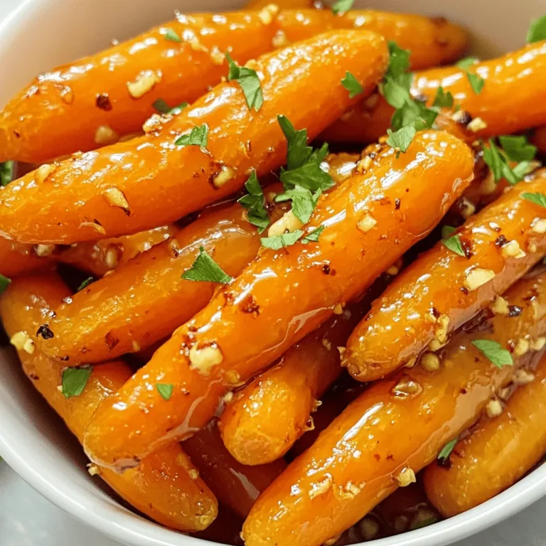 - 1 lb baby carrots, peeled - 3 tablespoons honey - 2 tablespoons soy sauce (low sodium) - 2 cloves garlic, minced - 1 tablespoon olive oil - 1/2 teaspoon black pepper - 1/4 teaspoon salt - Fresh parsley, chopped (for garnish) To make Air Fryer Honey Garlic Carrots, you need fresh, simple ingredients. Start with baby carrots. Their small size helps them cook evenly. Peel them first for a cleaner look and taste. Next, you need honey. It brings sweetness and helps the carrots caramelize. Use low sodium soy sauce to add depth without too much salt. Minced garlic adds a punch of flavor. Olive oil helps the carrots brown and adds richness. Black pepper gives a hint of spice, while salt enhances all the flavors. Finally, fresh parsley adds a bright touch when you serve the dish. Gather these ingredients, and you’re ready to create a tasty side dish that everyone will love! - Combine honey, soy sauce, minced garlic, olive oil, black pepper, and salt. - Stir well to create a uniform mixture. This mixture will coat the carrots and add a sweet and savory flavor. - Toss the baby carrots in the marinade. Make sure they are well coated. - Let them sit for at least 15 minutes. This time allows the carrots to soak up the flavors and become delicious. - Preheat your air fryer to 370°F (188°C) for 5 minutes. This step helps the carrots cook evenly. - Place the marinated carrots in the air fryer basket. Arrange them in a single layer for the best results. - Cook for 12-15 minutes, shaking the basket halfway through. This helps them caramelize well. The carrots should be tender and slightly crispy on the outside. - Use fresh, baby carrots for best results. - Consider using whole carrots cut into sticks for a different look. Choosing the right carrots makes a big difference. Fresh baby carrots are sweet and tender. They cook well in the air fryer. If you want a rustic feel, cut whole carrots into sticks. This gives you thicker pieces that can hold more flavor. - Arrange carrots in a single layer in the air fryer. - Shake the basket for consistent caramelization. To get the best taste, arrange your carrots in a single layer. This helps them cook evenly. If they overlap, some may cook faster than others. Shaking the basket halfway through cooking helps too. It allows all sides to caramelize nicely, giving you that delicious crispiness. - Modify honey or soy sauce to suit your taste. - Add more garlic for a stronger flavor. You can make this dish your own by adjusting the sweetness. If you like it sweeter, add more honey. If you want it saltier, add more soy sauce. I often add an extra clove of garlic for a bolder taste. This gives the dish a lovely punch that matches the sweet honey. Feel free to taste and tweak as you go! {{image_2}} You can easily change the flavor of your honey garlic carrots. Try adding ginger for a warm, spicy kick. Red pepper flakes bring heat and a fun twist. For a fresh taste, use herbs like thyme or rosemary. These spices make your dish unique and even more tasty. Carrots are great, but don’t stop there! You can switch to parsnips for a sweeter bite. Sweet potatoes also work well and add a rich flavor. Experimenting with different veggies keeps meals exciting and colorful. If you want a different sweetener, try maple syrup. It adds a lovely depth of flavor. Agave syrup is another option and is milder. These alternatives make it easy to adjust the taste to your liking. To keep your honey garlic carrots fresh, store them in an airtight container in the refrigerator. This helps lock in flavor and moisture. They are best enjoyed within 3-4 days. After that, they may lose their taste and texture. When you want to enjoy your leftovers, you have a couple of great options. You can use the microwave or the air fryer for the best texture. If you choose to microwave, add a splash of water. This step helps retain moisture, making your carrots tasty and juicy again. You can use frozen carrots, but the texture will change. They may become softer and mushy. Frozen carrots also take longer to cook. If you use them, extend the cooking time by a few minutes. Check them often to avoid overcooking. Fresh carrots give the best crunch and flavor. The carrots are done when they are tender but still firm. They should have a slight crisp on the outside. You can test by piercing them with a fork. If it goes in easily but still offers some resistance, they are perfect. Look for a nice caramel color as well. These carrots pair well with many dishes. Grilled chicken or steak make great choices. You can also serve them with rice or quinoa for a hearty meal. A fresh salad adds a nice crunch and balances the sweet flavor. Enjoy them with whatever you love! In this blog post, I shared a simple, tasty recipe for honey garlic carrots. We covered the ingredients and step-by-step instructions for preparing, marinating, and air frying the carrots. I also offered tips for choosing the right carrots and adjusting flavors. Remember, you can customize this dish by adding spices or trying different veggies. Storing leftovers is easy, and reheating keeps them delicious. Enjoy making this recipe and discovering new flavors each time!