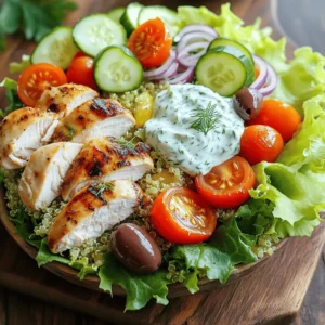 To create tasty chicken gyro bowls, you will need these main ingredients: - 1 lb boneless, skinless chicken thighs - 2 tablespoons olive oil - 2 cloves garlic, minced - 2 teaspoons dried oregano - 1 teaspoon smoked paprika - Salt and pepper to taste - 1 cup cooked quinoa - 1 cup cherry tomatoes, halved - 1 cucumber, diced - 1 red onion, thinly sliced - 1 cup mixed lettuce leaves - 1/2 cup Kalamata olives, pitted These ingredients combine to make a delicious, filling meal. The chicken thighs are juicy and flavorful, while the fresh veggies add color and crunch. The tzatziki sauce adds a cool touch to your gyro bowls. Here&rsquo;s what you need: - 1 cup plain Greek yogurt - 1/2 cucumber, grated and excess water squeezed out - 2 cloves garlic, minced - 1 tablespoon lemon juice - Salt and pepper to taste - 1 tablespoon fresh dill, chopped This sauce is creamy and refreshing. It pairs well with the warm chicken and cool veggies. To prepare these chicken gyro bowls, gather these essential kitchen tools: - Mixing bowls - Grill pan or outdoor grill - Knife and cutting board - Grater for the cucumber - Measuring cups and spoons Having the right tools makes cooking easier and more enjoyable. You can create these bowls quickly and efficiently! To start, make the chicken marinade. In a bowl, mix together: - 2 tablespoons olive oil - 2 cloves garlic, minced - 2 teaspoons dried oregano - 1 teaspoon smoked paprika - Salt and pepper to taste Add 1 pound of boneless, skinless chicken thighs to the bowl. Make sure each piece is coated well. Cover the bowl and let it sit in the fridge for at least 30 minutes. If you have time, marinating for 2 hours gives even better flavor. Next, you&rsquo;ll cook the chicken. Preheat your grill pan or outdoor grill to medium-high heat. Once hot, place the marinated chicken thighs on the grill. Cook for about 6-7 minutes on each side. You know it&rsquo;s ready when the juices run clear. After cooking, let the chicken rest for a few minutes. This helps keep it juicy. Then, slice it into strips. Now, let's make the tzatziki sauce. In a mixing bowl, combine: - 1 cup plain Greek yogurt - 1/2 cucumber, grated and excess water squeezed out - 2 cloves garlic, minced - 1 tablespoon lemon juice - Salt and pepper to taste - 1 tablespoon fresh dill, chopped Stir everything together until smooth. Taste it and adjust the seasoning if needed. Refrigerate the sauce until you&rsquo;re ready to assemble the bowls. It&rsquo;s time to put everything together. Start by layering cooked quinoa at the bottom of each bowl. Next, add a handful of mixed lettuce leaves. Top this with sliced grilled chicken, halved cherry tomatoes, diced cucumber, thinly sliced red onion, and Kalamata olives. For the final touch, spoon a generous amount of tzatziki sauce over each bowl. Drizzle a little olive oil on top and, if you want, sprinkle some extra dill for garnish. Serve the bowls on rustic wooden boards or colorful plates. Adding lemon wedges can brighten up the look. Enjoy your meal! To boost the flavor of your chicken, marinate it well. Use a mix of olive oil, minced garlic, oregano, smoked paprika, salt, and pepper. Coat the chicken thighs fully. For best results, marinate for at least 30 minutes. If you have more time, let it sit for up to 2 hours. This step makes the chicken tender and flavorful. Cooking the chicken right is key. Preheat your grill pan or outdoor grill on medium-high heat. Grill the marinated chicken thighs for 6 to 7 minutes on each side. Check that the juices run clear when done. Let the chicken rest for a few minutes before slicing. This keeps it juicy and tasty. Making tzatziki is easy! Combine Greek yogurt, grated cucumber, minced garlic, lemon juice, salt, pepper, and chopped dill. Mix until smooth. If it&rsquo;s too thick, add a bit of water or more lemon juice. Taste and tweak the seasoning as you like. Refrigerate it until you need it. A good tzatziki should be creamy and fresh. {{image_2}} If you want a vegetarian twist, swap the chicken for roasted chickpeas or grilled veggies. This keeps the flavor lively and adds a nice crunch. Try using bell peppers, zucchini, and eggplant for a colorful mix. You can also add some feta cheese for a salty kick. This option still pairs well with tzatziki and will keep your meal fresh and tasty. While quinoa is a great base, feel free to switch it up. Brown rice or bulgur wheat both offer a hearty texture. If you want something lighter, try cauliflower rice. It's low in carbs and still gives a satisfying bite. Each of these options absorbs the tzatziki well, enhancing the overall taste of your bowl. Chicken is delicious, but many other proteins work well too. Try grilled shrimp for a seafood twist. You could also use lamb, which adds a rich flavor. For a plant-based choice, tempeh or tofu marinated in the same spices makes a great alternative. Each protein brings its own unique taste, making your gyro bowl fun and different every time. To keep your Chicken Gyro Bowls fresh, store them in airtight containers. Place layers of chicken, quinoa, and veggies in the container. Keep the tzatziki sauce separate to prevent sogginess. You can store the chicken and veggies together, but make sure to cover them well. This helps to keep all flavors intact. When you are ready to enjoy your leftovers, reheat the chicken and quinoa in the oven or microwave. If using a microwave, heat in short bursts. Stir in between to ensure even heating. Avoid reheating the tzatziki sauce. Instead, serve it cold on top after warming the bowl. This keeps the sauce fresh and flavorful. Leftover Chicken Gyro Bowls can last up to three days in the fridge. After this time, the chicken may dry out or lose taste. For longer storage, consider freezing the chicken and quinoa. They can last for up to three months in the freezer. Just remember to label your containers with the date! Gyro bowls come from Greece. They take the flavors of traditional gyros and put them in a bowl. Gyros are made with spiced meat, usually lamb or chicken, cooked on a vertical rotisserie. People serve it with fresh veggies and sauce. The bowl version is easier to eat and fun to customize. Yes, you can use store-bought tzatziki if you're short on time. Many brands offer tasty options. However, making it at home is simple and fresh. You can adjust the taste to your liking. Homemade tzatziki uses Greek yogurt, cucumbers, garlic, and dill. This gives it a bright and creamy flavor. To make these chicken gyro bowls gluten-free, focus on the base. Use quinoa, which is naturally gluten-free. Check that your tzatziki sauce ingredients are also gluten-free. Most of the ingredients, like chicken, vegetables, and olives, are safe. Always read labels, especially for pre-made items. Yes, you can prepare parts of this dish in advance. Marinate the chicken the night before. Cook the quinoa and chop the veggies ahead of time. You can also make the tzatziki a day in advance. Just store everything in the fridge. This way, you save time when it&rsquo;s meal time. You learned how to make tasty chicken gyro bowls, from marinating to serving. Use fresh ingredients and follow the steps for the best flavor. Try different proteins or vegetarian options to mix things up. Store leftovers well to enjoy another day. Enjoy cooking and share your gyro bowls with friends and family!