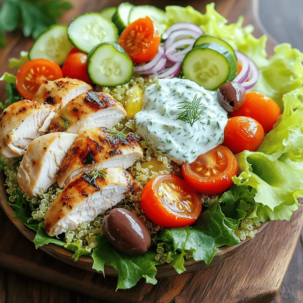 To create tasty chicken gyro bowls, you will need these main ingredients: - 1 lb boneless, skinless chicken thighs - 2 tablespoons olive oil - 2 cloves garlic, minced - 2 teaspoons dried oregano - 1 teaspoon smoked paprika - Salt and pepper to taste - 1 cup cooked quinoa - 1 cup cherry tomatoes, halved - 1 cucumber, diced - 1 red onion, thinly sliced - 1 cup mixed lettuce leaves - 1/2 cup Kalamata olives, pitted These ingredients combine to make a delicious, filling meal. The chicken thighs are juicy and flavorful, while the fresh veggies add color and crunch. The tzatziki sauce adds a cool touch to your gyro bowls. Here’s what you need: - 1 cup plain Greek yogurt - 1/2 cucumber, grated and excess water squeezed out - 2 cloves garlic, minced - 1 tablespoon lemon juice - Salt and pepper to taste - 1 tablespoon fresh dill, chopped This sauce is creamy and refreshing. It pairs well with the warm chicken and cool veggies. To prepare these chicken gyro bowls, gather these essential kitchen tools: - Mixing bowls - Grill pan or outdoor grill - Knife and cutting board - Grater for the cucumber - Measuring cups and spoons Having the right tools makes cooking easier and more enjoyable. You can create these bowls quickly and efficiently! To start, make the chicken marinade. In a bowl, mix together: - 2 tablespoons olive oil - 2 cloves garlic, minced - 2 teaspoons dried oregano - 1 teaspoon smoked paprika - Salt and pepper to taste Add 1 pound of boneless, skinless chicken thighs to the bowl. Make sure each piece is coated well. Cover the bowl and let it sit in the fridge for at least 30 minutes. If you have time, marinating for 2 hours gives even better flavor. Next, you’ll cook the chicken. Preheat your grill pan or outdoor grill to medium-high heat. Once hot, place the marinated chicken thighs on the grill. Cook for about 6-7 minutes on each side. You know it’s ready when the juices run clear. After cooking, let the chicken rest for a few minutes. This helps keep it juicy. Then, slice it into strips. Now, let's make the tzatziki sauce. In a mixing bowl, combine: - 1 cup plain Greek yogurt - 1/2 cucumber, grated and excess water squeezed out - 2 cloves garlic, minced - 1 tablespoon lemon juice - Salt and pepper to taste - 1 tablespoon fresh dill, chopped Stir everything together until smooth. Taste it and adjust the seasoning if needed. Refrigerate the sauce until you’re ready to assemble the bowls. It’s time to put everything together. Start by layering cooked quinoa at the bottom of each bowl. Next, add a handful of mixed lettuce leaves. Top this with sliced grilled chicken, halved cherry tomatoes, diced cucumber, thinly sliced red onion, and Kalamata olives. For the final touch, spoon a generous amount of tzatziki sauce over each bowl. Drizzle a little olive oil on top and, if you want, sprinkle some extra dill for garnish. Serve the bowls on rustic wooden boards or colorful plates. Adding lemon wedges can brighten up the look. Enjoy your meal! To boost the flavor of your chicken, marinate it well. Use a mix of olive oil, minced garlic, oregano, smoked paprika, salt, and pepper. Coat the chicken thighs fully. For best results, marinate for at least 30 minutes. If you have more time, let it sit for up to 2 hours. This step makes the chicken tender and flavorful. Cooking the chicken right is key. Preheat your grill pan or outdoor grill on medium-high heat. Grill the marinated chicken thighs for 6 to 7 minutes on each side. Check that the juices run clear when done. Let the chicken rest for a few minutes before slicing. This keeps it juicy and tasty. Making tzatziki is easy! Combine Greek yogurt, grated cucumber, minced garlic, lemon juice, salt, pepper, and chopped dill. Mix until smooth. If it’s too thick, add a bit of water or more lemon juice. Taste and tweak the seasoning as you like. Refrigerate it until you need it. A good tzatziki should be creamy and fresh. {{image_2}} If you want a vegetarian twist, swap the chicken for roasted chickpeas or grilled veggies. This keeps the flavor lively and adds a nice crunch. Try using bell peppers, zucchini, and eggplant for a colorful mix. You can also add some feta cheese for a salty kick. This option still pairs well with tzatziki and will keep your meal fresh and tasty. While quinoa is a great base, feel free to switch it up. Brown rice or bulgur wheat both offer a hearty texture. If you want something lighter, try cauliflower rice. It's low in carbs and still gives a satisfying bite. Each of these options absorbs the tzatziki well, enhancing the overall taste of your bowl. Chicken is delicious, but many other proteins work well too. Try grilled shrimp for a seafood twist. You could also use lamb, which adds a rich flavor. For a plant-based choice, tempeh or tofu marinated in the same spices makes a great alternative. Each protein brings its own unique taste, making your gyro bowl fun and different every time. To keep your Chicken Gyro Bowls fresh, store them in airtight containers. Place layers of chicken, quinoa, and veggies in the container. Keep the tzatziki sauce separate to prevent sogginess. You can store the chicken and veggies together, but make sure to cover them well. This helps to keep all flavors intact. When you are ready to enjoy your leftovers, reheat the chicken and quinoa in the oven or microwave. If using a microwave, heat in short bursts. Stir in between to ensure even heating. Avoid reheating the tzatziki sauce. Instead, serve it cold on top after warming the bowl. This keeps the sauce fresh and flavorful. Leftover Chicken Gyro Bowls can last up to three days in the fridge. After this time, the chicken may dry out or lose taste. For longer storage, consider freezing the chicken and quinoa. They can last for up to three months in the freezer. Just remember to label your containers with the date! Gyro bowls come from Greece. They take the flavors of traditional gyros and put them in a bowl. Gyros are made with spiced meat, usually lamb or chicken, cooked on a vertical rotisserie. People serve it with fresh veggies and sauce. The bowl version is easier to eat and fun to customize. Yes, you can use store-bought tzatziki if you're short on time. Many brands offer tasty options. However, making it at home is simple and fresh. You can adjust the taste to your liking. Homemade tzatziki uses Greek yogurt, cucumbers, garlic, and dill. This gives it a bright and creamy flavor. To make these chicken gyro bowls gluten-free, focus on the base. Use quinoa, which is naturally gluten-free. Check that your tzatziki sauce ingredients are also gluten-free. Most of the ingredients, like chicken, vegetables, and olives, are safe. Always read labels, especially for pre-made items. Yes, you can prepare parts of this dish in advance. Marinate the chicken the night before. Cook the quinoa and chop the veggies ahead of time. You can also make the tzatziki a day in advance. Just store everything in the fridge. This way, you save time when it’s meal time. You learned how to make tasty chicken gyro bowls, from marinating to serving. Use fresh ingredients and follow the steps for the best flavor. Try different proteins or vegetarian options to mix things up. Store leftovers well to enjoy another day. Enjoy cooking and share your gyro bowls with friends and family!