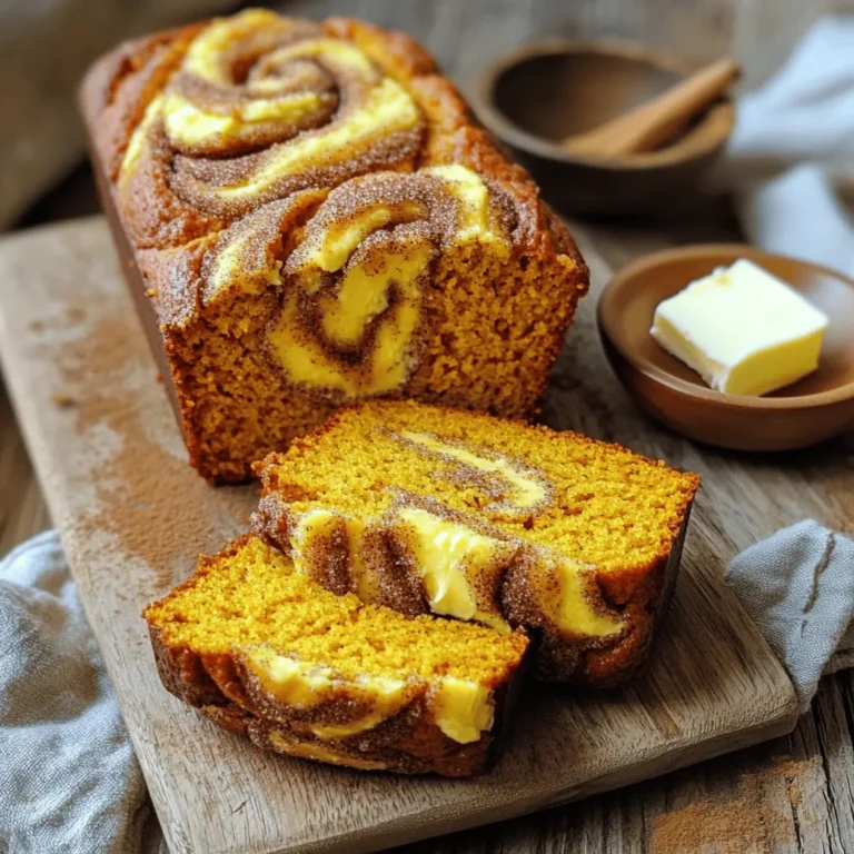 To make this tasty cinnamon swirl pumpkin bread, gather these key ingredients: - 1 cup pumpkin puree - 1/2 cup vegetable oil - 1 cup granulated sugar - 1/2 cup brown sugar, packed - 3 large eggs - 1 teaspoon vanilla extract - 2 cups all-purpose flour - 1 teaspoon baking soda - 1/2 teaspoon baking powder - 1 teaspoon ground cinnamon - 1/2 teaspoon ground nutmeg - 1/4 teaspoon ground ginger - 1/2 teaspoon salt - 1/4 cup granulated sugar (for swirl) - 2 teaspoons cinnamon (for swirl) In this recipe, we divide the ingredients into two groups: dry and wet. The wet ingredients include pumpkin puree, oil, sugars, eggs, and vanilla extract. These add moisture and flavor. The dry ingredients consist of flour, baking soda, baking powder, spices, and salt. They create structure and help the bread rise. This balance is key to a perfect loaf. You can swap some ingredients if needed. For pumpkin puree, try sweet potato puree for a twist. Use melted coconut oil instead of vegetable oil for a different taste. If you want less sugar, reduce the amounts of granulated and brown sugar. You could also try honey or maple syrup. For the flour, a gluten-free blend works well if you need a gluten-free option. Just ensure you use a blend meant for baking. First, set the mood by preheating your oven to 350°F (175°C). This is important for even baking. Next, grease a 9x5 inch loaf pan. Use butter or oil to keep the bread from sticking. You can also line the pan with parchment paper for easy removal. In a large bowl, mix the wet ingredients. Combine 1 cup of pumpkin puree, 1/2 cup of vegetable oil, and both sugars: 1 cup of granulated sugar and 1/2 cup of packed brown sugar. Add 3 large eggs and 1 teaspoon of vanilla extract. Whisk until it looks smooth and well combined. In another bowl, sift together the dry ingredients. You will need 2 cups of all-purpose flour, 1 teaspoon of baking soda, 1/2 teaspoon of baking powder, and spices: 1 teaspoon of ground cinnamon, 1/2 teaspoon of ground nutmeg, 1/4 teaspoon of ground ginger, and 1/2 teaspoon of salt. This helps mix and aerate the flour. Now, let’s make the cinnamon swirl. In a small bowl, mix 1/4 cup of granulated sugar with 2 teaspoons of cinnamon. This will create a sweet and spicy layer in your bread. Pour half of the pumpkin batter into the pan. Evenly sprinkle half of the cinnamon mix over it. Then, pour the rest of the batter into the pan, topping it with the remaining cinnamon mix. Use a knife to swirl it gently through the batter. Bake in the oven for 55–65 minutes. Check with a toothpick; it should come out clean when the bread is ready. After baking, let the bread cool in the pan for about 10 minutes. Then, transfer it to a wire rack to cool completely. Once cooled, slice the bread and serve it on a wooden board. Add a small bowl of butter or cream cheese on the side. A sprinkle of cinnamon on top of each slice adds a nice touch. Enjoy your treat! To bake the best cinnamon swirl pumpkin bread, avoid common mistakes. First, measure your ingredients carefully. Use the right cups for dry and wet items. Second, do not overmix your batter. Stir it gently just until combined. Overmixing can make the bread tough. Lastly, always check your oven temperature with a thermometer. Ovens can be off by a few degrees, affecting your bake. For a moist texture, use fresh pumpkin puree. Canned pumpkin works too, but check for pure pumpkin, not pie filling. Adding a mix of sugars helps create a nice balance of sweetness. Brown sugar gives depth, while granulated sugar adds lightness. Also, feel free to adjust spices to your taste. More cinnamon or a pinch of cloves can enhance the flavor profile. Having the right tools makes a big difference in baking. Use a sturdy mixing bowl and a good whisk for blending wet ingredients. A sifter helps combine dry ingredients well. Make sure your loaf pan is greased well to avoid sticking. Lastly, have a toothpick handy to check if the bread is done. It should come out clean when inserted into the center of your loaf. {{image_2}} You can add nuts or chocolate chips for extra flavor. Chopped walnuts or pecans work well. They add a nice crunch to the soft bread. If you prefer a sweeter touch, try semi-sweet chocolate chips. Mix in about 1 cup of either option when combining your wet and dry ingredients. This change makes the bread even more delightful. Feel free to switch up the spices. You can use allspice or cardamom for a different taste. A touch of clove can add warmth, too. If you want a citrus kick, try adding orange zest. Use about one tablespoon of zest for a bright flavor. These options keep your cinnamon swirl pumpkin bread exciting. To make this bread gluten-free, swap regular flour for a gluten-free blend. Look for a blend that works in baking. For a vegan version, you can replace eggs with flax eggs. Mix one tablespoon of ground flaxseed with three tablespoons of water for each egg. This allows everyone to enjoy this tasty treat. To keep your cinnamon swirl pumpkin bread fresh, wrap it tightly in plastic wrap. This helps to lock in moisture. You can also store it in an airtight container. Place it at room temperature for short-term storage. Avoid putting it in the fridge, as this can dry it out. If you want to save some for later, freezing is a great option. First, let the bread cool completely. Then, wrap it tightly in plastic wrap and then in aluminum foil. This double wrap prevents freezer burn. You can freeze it for up to three months. When you are ready to enjoy it, just thaw it in the fridge overnight. Cinnamon swirl pumpkin bread stays fresh for about three days at room temperature. If you follow the storage tips, it can last longer. In the fridge, it may last a week, but the texture may change. For the best taste, enjoy it fresh within a few days. Yes, you can make this bread in advance. It tastes great even after a day or two. Just store it in an airtight container. Keep it in a cool place to keep it fresh longer. You can also freeze it for up to three months. Just let it cool before wrapping it tightly. Cinnamon swirl pumpkin bread pairs well with many things. You can serve it with: - Soft butter - Cream cheese - A sprinkle of cinnamon sugar - Warm maple syrup These add flavor and make each slice more special. To check if the bread is done, insert a toothpick into the center. If it comes out clean, the bread is ready. You can also gently press the top. If it springs back, it’s done. Baking time is usually between 55 to 65 minutes. Yes, you can use fresh pumpkin. Just cook it until soft, then mash it well. Make sure to remove any extra water. This helps keep your bread from getting too wet. Using fresh pumpkin gives the bread a nice, fresh flavor. To slice the bread, wait until it cools. This helps keep the slices neat. Use a sharp bread knife for clean cuts. If you want perfect slices, chill the bread in the fridge for a bit. This makes it easier to slice without crumbling. You learned about the key ingredients and methods for making Cinnamon Swirl Pumpkin Bread. I shared how to mix wet and dry elements perfectly. You now know helpful tips to improve your baking. I also covered tasty variations and proper storage methods. Baking can be a fun, rewarding activity. With these insights, you can make delicious bread that everyone will love. Enjoy the process and share your results with friends and family!