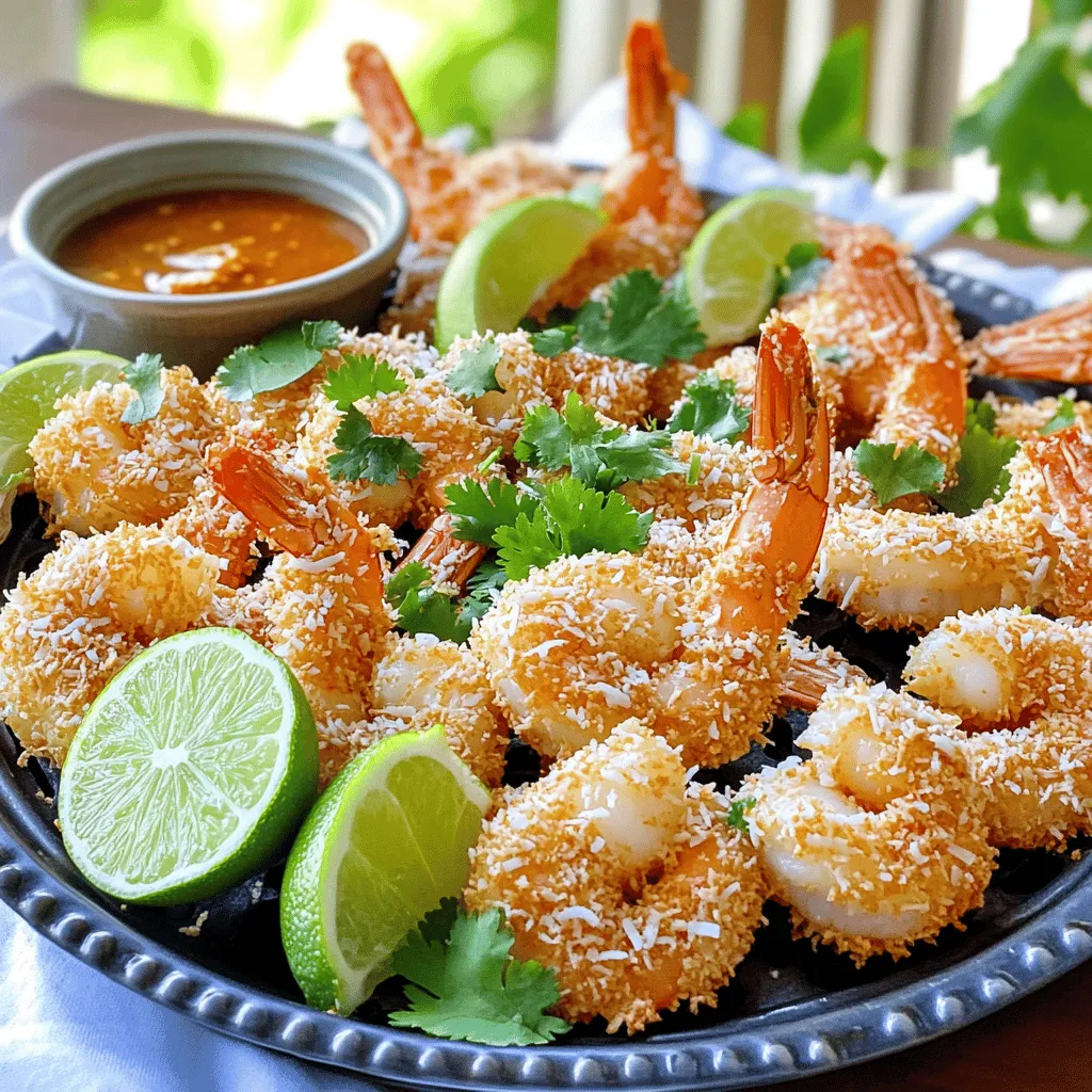 To make crispy air fryer coconut shrimp, gather these key ingredients: - 1 lb large shrimp, peeled and deveined - ½ cup all-purpose flour - 2 large eggs - 1 cup shredded coconut (choose sweetened or unsweetened) - ½ cup panko breadcrumbs - 1 teaspoon garlic powder - 1 teaspoon paprika - Salt and pepper to taste - Cooking spray or oil for frying These ingredients create the perfect blend for crunchy, flavorful shrimp. You can change some ingredients to suit your taste. - Coconut: Use sweetened coconut for a sweeter bite or unsweetened for a more classic taste. - Breadcrumbs: Swap panko for regular breadcrumbs if needed, but panko gives a better crunch. - Spices: Add cayenne pepper for heat or change garlic powder to onion powder for a different flavor. These swaps keep the recipe fun and unique! When selecting shrimp, pay attention to size and quality. - Size: Go for large shrimp for the best texture. They hold up well when cooking. - Quality: Fresh shrimp is always best. If using frozen, ensure they are fully thawed before cooking. Choosing quality shrimp makes all the difference in taste and enjoyment! Start by taking 1 pound of shrimp. Peel and devein them if needed. Pat them dry with paper towels. This step is key. Dry shrimp will become crispier. If they are wet, they can turn soggy. Now, it’s time to set up your breading station. Grab three shallow bowls. In the first bowl, add ½ cup of all-purpose flour. In the second bowl, beat 2 large eggs. In the last bowl, mix together 1 cup of shredded coconut, ½ cup of panko breadcrumbs, 1 teaspoon of garlic powder, 1 teaspoon of paprika, and salt and pepper to taste. This mix adds flavor and crunch. Preheat your air fryer to 400°F (200°C). This takes about 5 minutes. While it heats, bread the shrimp. Coat each shrimp in flour first, shaking off the extra. Next, dip it in the eggs. Let any excess egg drip off. Finally, roll it in the coconut and breadcrumb mix. Press lightly so it sticks well. Lightly spray the air fryer basket with cooking spray or oil. Place the shrimp in a single layer. Don’t overcrowd them. Spray the tops lightly with cooking spray. Cook the shrimp for 8-10 minutes. Flip them halfway through. They should turn golden brown. Make sure they reach an internal temp of 120°F (49°C). When done, take them out and serve right away. Enjoy your crunchy and flavorful snack! To get that perfect crunch on your coconut shrimp, start by drying the shrimp well. Wet shrimp won’t crisp up nicely. Use paper towels to absorb moisture. When breading, coat each shrimp evenly with flour first. This helps the egg stick better. Next, dip in the egg, letting excess drip off. Finally, roll it in the coconut and breadcrumb mix. Press gently to make it stick. A light spray of oil on top before cooking helps too. This gives you that golden brown color you want. Don’t overcrowd the fryer; give each piece space to breathe. If you have leftovers, let the shrimp cool down before storing. Place them in an airtight container. They can last in the fridge for about two days. For best results, try not to stack the shrimp. This keeps them from getting soggy. If you want to enjoy them later, you can freeze them too. Just make sure they are in a freezer-safe bag. They can stay fresh for up to three months. When ready, you can reheat them in the air fryer for that crispy texture again. Dips can really boost the flavor of your coconut shrimp. A sweet chili sauce is a classic choice. It adds a nice balance to the shrimp's crunch. You might also enjoy a tangy lime dip. Just mix sour cream with lime juice and zest for a refreshing twist. If you like spice, try adding some sriracha to your dips. This gives a nice kick. Don’t be afraid to get creative! Mix and match different dips to find your favorite combination. {{image_2}} You can choose between sweetened and unsweetened coconut for this recipe. Sweetened coconut adds a hint of sugar, making your shrimp a little sweeter. Unsweetened coconut gives a more natural, nutty taste. Both options work well! If you like a balance, try mixing both types together. Want to spice things up? Add some heat! You can mix cayenne pepper or crushed red pepper flakes into the coconut coating. Start with a small amount, like ¼ teaspoon, to keep it mild. You can always add more if you like it hotter. This gives your shrimp a fun kick! You don’t have to stick to panko breadcrumbs. Try using crushed cornflakes or even crushed tortilla chips for a different crunch. You can also add seasonings to the breadcrumbs. For example, try adding Italian herbs or a bit of Parmesan cheese for extra flavor. Get creative and find a mix you love! You can store leftover coconut shrimp in an airtight container. Make sure they cool down first. They stay fresh for up to two days in the fridge. To keep them crispy, place a paper towel in the container. This helps absorb any moisture. When reheating, I suggest using the air fryer again. Set it to 350°F (175°C) and heat for about 5 minutes. This method keeps the shrimp crunchy. You can also use an oven. Bake at 350°F (175°C) for 8-10 minutes. Avoid using the microwave, as it can make the shrimp soggy. You can freeze coconut shrimp for later use. First, let them cool completely. Then, place them in a single layer on a baking sheet. Freeze for about an hour. After they are firm, transfer them to a freezer bag. They can last up to three months in the freezer. To cook from frozen, add a few extra minutes to the air frying time. The best temperature for cooking coconut shrimp in an air fryer is 400°F (200°C). This high heat helps the shrimp crisp up nicely. Preheating your air fryer for about 5 minutes before cooking ensures even heat. This step is key for getting that perfect golden brown color. You can tell the shrimp are fully cooked when they turn pink and opaque. The internal temperature should reach 120°F (49°C). Use a food thermometer for accuracy. If you don't have one, just check that they look nice and firm. Flipping the shrimp halfway through cooking helps them cook evenly. Yes, you can use frozen shrimp for this recipe. However, you need to thaw them first. Place the shrimp in the fridge overnight or run them under cold water for a quick defrost. Make sure to pat them dry before breading. This helps the coating stick better and keeps the shrimp crispy. This blog covered the key ingredients for making tasty air fryer coconut shrimp. It walked through each step, from prepping the shrimp to the cooking process. I shared tips for getting the perfect crisp, storing leftovers, and even some fun variations. Remember, using fresh shrimp and the right dip can make your dish shine. With these insights, you can impress your friends and family with a delicious meal. Happy cooking!