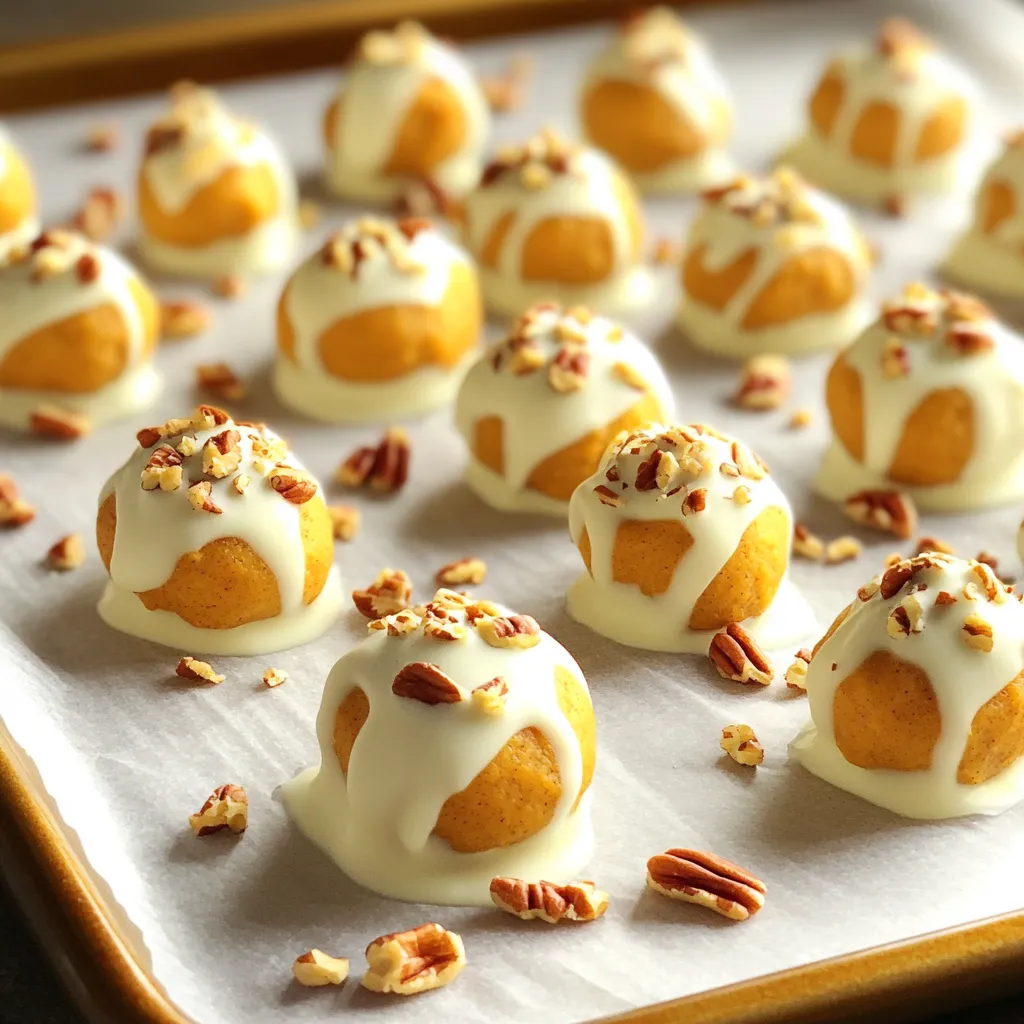 To make these delightful no-bake pumpkin pie truffles, you need just a few simple ingredients. Here’s what you will need: - 1 cup pumpkin puree - 1 cup cream cheese, softened - 2 cups crushed graham crackers - 1/2 cup powdered sugar - 1 teaspoon pumpkin pie spice - 1/2 teaspoon vanilla extract - 1 cup white chocolate chips, melted - 1/4 cup chopped pecans (optional for topping) Each ingredient plays a key role in creating the rich flavor and creamy texture of the truffles. The pumpkin puree gives a warm, earthy taste. Cream cheese adds creaminess and balance. Crushed graham crackers provide that classic pie crust crunch. Powdered sugar sweetens the mix perfectly. Pumpkin pie spice brings in cozy fall vibes, while vanilla extract rounds out the flavors. Melted white chocolate coats the truffles, making each bite feel like a treat. The chopped pecans on top add a nice crunch and extra flavor, but they are optional. You can adjust the ingredients based on your taste or dietary needs, making this recipe flexible. Enjoy gathering these items before you start creating your truffles! First, grab a mixing bowl. Add 1 cup of pumpkin puree and 1 cup of softened cream cheese. Next, sprinkle in 1/2 cup of powdered sugar and 1 teaspoon of pumpkin pie spice. Don't forget to add 1/2 teaspoon of vanilla extract. Use a hand mixer or spatula to blend everything together. Mix until you have a smooth and creamy texture. Now, it's time to add some crunch. Slowly mix in 2 cups of crushed graham crackers. Stir until the mixture becomes thick and moldable. Cover the bowl with plastic wrap and chill it in the fridge for about 30 minutes. This makes the mixture easier to handle. After chilling, use a small cookie scoop or your hands to form small balls, about 1 inch in diameter. Place each ball on a parchment-lined baking sheet. Once done, freeze them for another 20 minutes. While your truffles chill, melt 1 cup of white chocolate chips. Use a microwave-safe bowl. Heat the chocolate in 30-second bursts, stirring in between. Keep going until it's smooth and melted. Dip each chilled truffle into the melted chocolate using a fork. Let the excess chocolate drip off before placing it back on the parchment paper. If you like, sprinkle chopped pecans on top of each truffle before the chocolate hardens. Finally, let the chocolate set completely at room temperature or in the fridge. To make great truffles, start with the right mix. The ideal mix should be thick and moldable. If it feels too wet, add more crushed graham crackers. If it is too dry, you can blend in a little cream cheese. Chill the mixture for thirty minutes. This step helps the truffles hold their shape better. When handling the mixture, use a small cookie scoop. This tool helps you form even balls. If you prefer, use your hands, but keep them damp. This keeps the mix from sticking. After forming the balls, chill them again. This second chill makes dipping easier. To melt white chocolate safely, you have two options: microwave or stovetop. For the microwave, use a microwave-safe bowl. Heat the chocolate in thirty-second bursts. Stir between each round to prevent burning. For the stovetop, use a double boiler. Place water in a pot and set it on low heat. Put the chocolate in a bowl on top. Stir as it melts to avoid clumps. Whichever method you choose, watch closely. Burnt chocolate is hard to fix. With these tips, your no-bake pumpkin pie truffles will be a delight! {{image_2}} You can make these truffles even more fun with different flavors. Adding spices like cinnamon or nutmeg gives a warm touch. If you love mint, try peppermint extract for a fresh twist. Want to mix in chocolate? Add cocoa powder or mini chocolate chips for a richer taste. Each option brings its own special flair. The coating can change how your truffles taste and look. Instead of white chocolate, use dark chocolate or milk chocolate for a different sweetness. If you want a crunch, roll the truffles in shredded coconut or crushed nuts. These choices add texture and flavor. Experiment to find your favorite coating! To keep your no-bake pumpkin pie truffles fresh, place them in an airtight container. Store them in the fridge for up to one week. Make sure they are fully set before you store them. This keeps the chocolate coating firm. If you want to save them longer, freeze the truffles. Place them in a single layer on a baking sheet until frozen solid. Once frozen, transfer them to a freezer-safe bag or container. They can last up to three months in the freezer. Just remember to let them thaw in the fridge before serving. These truffles pair well with coffee or tea. The warm flavors of fall make this a perfect match. Serve them with a steaming cup to enjoy a cozy treat. These truffles shine at holiday gatherings. Their cute size makes them easy to share. Arrange them on a festive platter for a delightful display. Guests will love their rich flavor and creamy texture. Yes, you can make these truffles ahead of time. I often prepare them a day or two before a party. Just store them in the fridge in an airtight container. This helps them stay fresh and tasty. No-bake pumpkin pie truffles can last about one week in the fridge. If you freeze them, they can last for up to three months. Just make sure to store them in a sealed container to prevent freezer burn. You can use Greek yogurt or mascarpone as a cream cheese substitute. These options give a similar creaminess to the truffles. You might want to adjust the sugar to keep the flavor balanced. These no-bake pumpkin pie truffles are simple and fun to make. You mix pumpkin puree, cream cheese, and spices, then roll them into delicious truffles. You can coat them in melted white chocolate for a great finish. Try adding different flavors or toppings to make them unique. Remember, store them well for the best taste. Enjoy these treats at your next gathering or as a special snack. These truffles will be a hit, so have fun making them and sharing with friends!